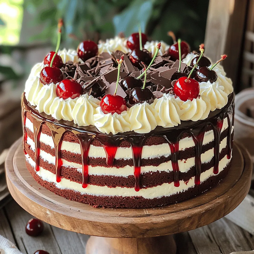To make a classic Black Forest Cake, you will need these key ingredients: - 1 3/4 cups all-purpose flour - 2 cups granulated sugar - 3/4 cup unsweetened cocoa powder - 1 1/2 teaspoons baking soda - 1 1/2 teaspoons baking powder - 1 teaspoon salt - 2 large eggs - 1 cup buttermilk - 1/2 cup vegetable oil - 2 teaspoons vanilla extract - 1 cup boiling water - 1 cup heavy whipping cream - 2 tablespoons powdered sugar - 1 teaspoon vanilla extract (for the whipped cream) - 1 jar (24 oz) morello cherries, drained (reserve juice) - Dark chocolate shavings (for garnish) These ingredients combine to create a rich cake with deep chocolate flavor and sweet cherries. The whipped cream adds a lovely lightness. If you need alternatives, here are some easy swaps: - Use almond flour for a gluten-free option. - Swap buttermilk with yogurt or milk plus vinegar. - Try coconut oil instead of vegetable oil for a different flavor. - Use fresh cherries if you prefer instead of morello cherries. These substitutions can still yield a delicious cake while meeting dietary needs. Gather these tools to make your baking easier: - Two 9-inch round cake pans - Mixing bowls - Electric mixer - Whisk - Measuring cups and spoons - Rubber spatula - Wire rack for cooling Having the right tools will help you work efficiently and create a stunning Black Forest Cake. You can find the full recipe for this mouthwatering cake to guide you through the process. First, set your oven to 350°F (175°C). This step ensures even baking. While the oven heats, prepare your cake pans. Use two 9-inch round pans. Grease them with butter or shortening. After greasing, lightly dust them with flour. This step helps the cakes come out easily later. Now, grab a large mixing bowl. In it, whisk together these dry ingredients: - 1 3/4 cups all-purpose flour - 2 cups granulated sugar - 3/4 cup unsweetened cocoa powder - 1 1/2 teaspoons baking soda - 1 1/2 teaspoons baking powder - 1 teaspoon salt Make sure they blend well. Once mixed, it's time to add the wet ingredients. Add these to the bowl: - 2 large eggs - 1 cup buttermilk - 1/2 cup vegetable oil - 2 teaspoons vanilla extract Use an electric mixer on medium speed. Beat the mixture for about 2 minutes. Your batter should look smooth and creamy. Next, slowly pour in 1 cup of boiling water while mixing at low speed. Don't worry if the batter seems thin; that's normal. Now, divide the batter evenly between the prepared pans. Place the pans in the oven. Bake for 30 to 35 minutes. To check if they're done, insert a toothpick in the center. If it comes out clean, your cakes are ready. After baking, let the cakes cool in the pans for 10 minutes. Then, carefully remove them from the pans. Transfer the cakes to a wire rack to cool completely. This step is vital for a great texture. Once cool, you can slice each cake in half to create layers for your Black Forest Cake. For the full recipe, refer to the details provided earlier. To make the best whipped cream, start with cold equipment. Use a chilled bowl and beaters. This helps the cream whip faster. Use heavy whipping cream for the best texture. Add powdered sugar and vanilla extract for sweetness. Beat until you see medium peaks. This means the cream holds its shape well. Don't overmix, or it will turn into butter. If you have leftover cake, store it properly. Wrap it tightly in plastic wrap. This keeps the cake moist. You can also place it in an airtight container. If you want to keep it longer, freeze it. Just slice the cake first, so you can grab single pieces later. When ready to eat, let it thaw in the fridge. For the best flavor, use fresh cherries if possible. They add a bright taste to the cake. The cherry juice is key too. Drizzle it between layers for extra moisture. Dark chocolate shavings give a rich taste. They balance the sweetness of the whipped cream. Don’t forget to chill the cake before serving. This enhances all the flavors and makes it even more delicious. For the full recipe, check out the detailed instructions to guide you through the process. {{image_4}} You can make a vegan version of Black Forest cake easily. Replace eggs with flaxseed meal. Use 1 tablespoon of flaxseed mixed with 2.5 tablespoons of water for each egg. For buttermilk, mix plant milk with a tablespoon of vinegar. Use coconut whipping cream for the topping. This gives a light and fluffy texture. The cake will taste just as rich and tasty. For those avoiding gluten, swap the all-purpose flour with a gluten-free blend. Look for one that has xanthan gum, or add 1 teaspoon per cup of flour. This helps the cake rise and hold together. Use gluten-free cocoa powder too, as some brands may contain gluten. It’s a great way to enjoy this classic dessert without worry. Feel free to experiment with flavors. Instead of cherries, you can use raspberries or strawberries. This adds a new twist to the cake. You can also add a hint of almond extract for a unique taste. For a chocolate boost, add chocolate chips to the batter. Each of these changes can give your Black Forest cake a personal touch. If you want a lighter option, try using yogurt instead of oil. This keeps the cake moist while cutting some fat. For a full recipe, check out the details above. To keep your Black Forest Cake fresh, store it in an airtight container. This helps prevent the cake from drying out. If you don’t have a container, wrap it tightly with plastic wrap. Make sure to cover it well to keep air out. Place the wrapped cake in the fridge. The cold helps maintain its rich flavor and moist texture. Avoid putting it in the door, as that area can be warmer. You can freeze your Black Forest Cake if you want to save some for later. First, let the cake cool completely. Then, slice it into individual pieces or leave it whole. Wrap each piece or the whole cake in plastic wrap. After that, wrap it again in aluminum foil to protect it from freezer burn. Label the package with the date. You can freeze it for up to three months. When you're ready to enjoy it, thaw it in the fridge overnight. If stored properly, your Black Forest Cake can last for about four to five days in the fridge. After that, the flavor may start to fade. If you notice any changes in smell or texture, it's best to discard it. Always trust your senses when it comes to food safety. Enjoy your baking journey with this delightful cake! For the full recipe, check the earlier sections. Black Forest Cake comes from Germany. It is known as Schwarzwälder Kirschtorte in German. This cake has layers of chocolate, cherries, and cream. The name comes from the Black Forest region in Germany. This area is famous for its dark, rich cherries and Kirsch, a cherry brandy. The cake first appeared in the early 20th century. Today, it is loved worldwide for its unique taste. Yes, you can make Black Forest Cake ahead of time. You can bake the cake layers a day before serving. Just store them in an airtight container. Wait to assemble the cake until the day you serve it. This keeps the layers fresh and moist. You can also prepare the whipped cream a few hours in advance. Just keep it in the fridge until you are ready to use it. Traditional Black Forest Cake uses morello cherries. These cherries are dark and tart. They give the cake its signature flavor. You can find them in jars at most grocery stores. Be sure to drain and reserve the juice for soaking the cake. If morello cherries are hard to find, you can use other dark cherries or even frozen ones. To make a healthier Black Forest Cake, consider these tips: - Use whole wheat flour instead of all-purpose flour. - Replace granulated sugar with coconut sugar or honey. - Swap heavy cream for Greek yogurt in the whipped topping. - Use less cherry juice for soaking the layers. - Add more fresh fruit between the layers for added nutrition. These swaps can help lower calories while keeping the flavor good. This blog post covered how to make a great Black Forest Cake. We discussed traditional ingredients and offered smart substitutions. You learned useful tips for mixing, baking, and cooling the cake. We shared ways to perfect the whipped cream and store leftovers. I also shared variations, including vegan and gluten-free options. In closing, exploring this classic dessert opens doors to tasty twists. Enjoy making and sharing your cake!