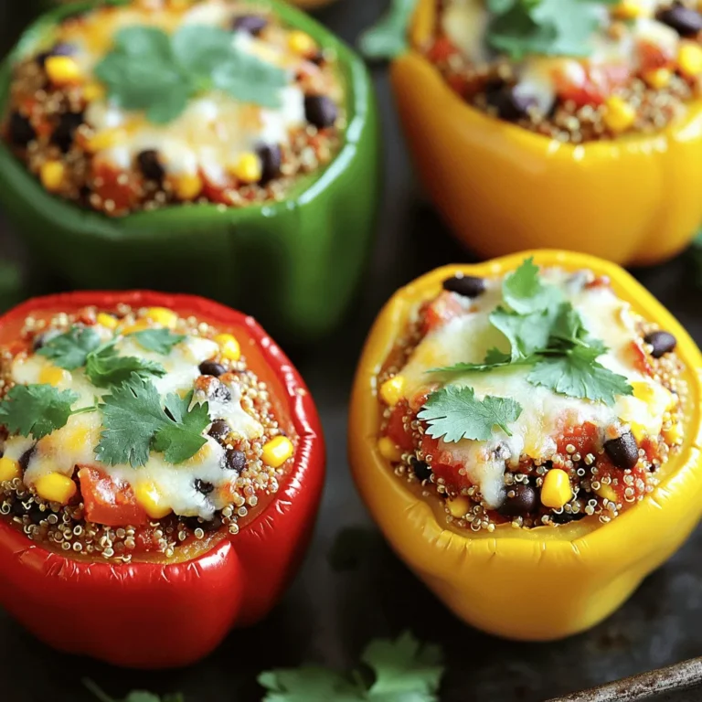 To make stuffed bell peppers with quinoa, you will need: - 4 large bell peppers (choose your favorite colors) - 1 cup quinoa, thoroughly rinsed - 2 cups vegetable broth - 1 cup black beans, canned and well-rinsed - 1 cup corn, either frozen or canned - 1 small red onion, finely diced - 2 cloves garlic, minced - 1 teaspoon ground cumin - 1 teaspoon smoked paprika - 1 teaspoon chili powder - Sea salt and freshly ground black pepper to taste - 1 cup diced tomatoes (use canned or fresh, based on availability) - 1 cup shredded cheese (cheddar or mozzarella work beautifully) - Fresh cilantro or parsley, chopped, for garnish You can change the recipe by adding different ingredients: - Ground turkey or beef for extra protein - Spinach or kale for more greens - Jalapeños for some heat - Avocado or sour cream for topping This dish is not just tasty; it is also good for you. Here’s a quick look at the nutrition per serving: - Calories: Approximately 350 - Protein: 15 grams - Carbohydrates: 45 grams - Fiber: 10 grams - Fat: 10 grams This meal provides a nice balance of nutrients. You can feel good about serving it to your family. For the full recipe, check the detailed steps above. Enjoy cooking! Start by preheating your oven to 375°F (190°C). This lets the oven get hot while you prepare the peppers. Take four large bell peppers and choose your favorite colors. Use a sharp knife to slice off the tops of the peppers. Be careful to remove the seeds and membranes inside. Set the peppers aside with the cut side facing up. This will help them hold the delicious filling later. In a medium saucepan, add one cup of rinsed quinoa and two cups of vegetable broth. Bring it to a boil over medium heat. Once it boils, lower the heat to let it simmer. Cover the pot with a lid and let it cook for about 15 minutes. This will make the quinoa fluffy and absorb all the liquid. When done, use a fork to fluff it up gently. While the quinoa cooks, heat a drizzle of olive oil in a large skillet over medium heat. Add one small diced red onion and two cloves of minced garlic. Sauté them for about 3-4 minutes until the onion is soft. Next, stir in one cup of black beans, one cup of corn, and one cup of diced tomatoes. Sprinkle in one teaspoon each of ground cumin, smoked paprika, and chili powder for flavor. Cook this mixture for another 5 minutes. Once the quinoa is ready, mix it into the skillet with the other ingredients. Season with sea salt and freshly ground black pepper to taste. This filling is packed with flavor and nutrients! Now, spoon the quinoa mixture into each bell pepper. Pack it gently to fill them well. Sprinkle one cup of shredded cheese on top of each pepper. Cover the dish with aluminum foil and bake for 25 minutes. After that, remove the foil and bake for another 10-15 minutes. The peppers should be tender, and the cheese should be gooey and golden. Once baked, let the stuffed peppers cool slightly before serving. You can find the full recipe to explore more tips and details. Enjoy your colorful and healthy meal! To cook quinoa well, start by rinsing it. Rinsing removes bitterness. Use a ratio of 1 part quinoa to 2 parts liquid. I prefer vegetable broth for flavor. Bring the liquid to a boil, then lower the heat. Cover it and let it simmer for about 15 minutes. The quinoa will fluff up when ready. Let it sit off the heat for a few minutes to absorb any extra liquid. Choose firm, colorful bell peppers. They should stand upright and not tip over. Cut off the tops and remove seeds carefully. Pack the filling into each pepper but do not overfill. Leave a bit of space at the top. This helps the cheese melt nicely. Arrange the peppers in a baking dish that fits them snugly. Cover with foil for the first part of baking to keep them moist. Serve your stuffed peppers hot and fresh. A sprinkle of fresh herbs adds a nice touch. You can pair them with a crisp side salad or some rice. For a fun twist, try a dollop of sour cream or yogurt on top. You can also serve it with a bright salsa for extra flavor. Enjoy this dish with friends or family to make it more special. For the full recipe, check out the details above. {{image_4}} If you want a vegetarian or vegan option, you can skip the cheese. Use a dairy-free cheese instead, or leave it out entirely. You can also add more veggies like zucchini or spinach for extra nutrients. These additions keep the dish colorful and tasty without losing flavor. This recipe is already gluten-free when you use quinoa. Quinoa is a great grain that is safe for those with gluten allergies. Make sure to check the broth you use as well. Some broths may contain gluten, so read the label closely. If you have dietary restrictions, you can swap black beans for lentils or chickpeas. These choices still offer protein and fiber. If you can’t have corn, try using diced carrots or peas instead. You can also adjust spices to suit your taste. For example, if you need a milder flavor, reduce the chili powder and cumin. Feel free to get creative! Each variation can give you a new and exciting dish while keeping the essence of stuffed bell peppers. For more delicious ideas, check the Full Recipe. After enjoying your stuffed bell peppers, let them cool. Place any leftovers in an airtight container. Store them in the fridge for up to four days. This keeps them fresh and tasty. If you plan to eat them soon, this method works well. To reheat, use your oven for the best result. Preheat it to 350°F (175°C). Place the peppers in a baking dish, cover with foil, and heat for about 20 minutes. You can also use a microwave. Just place a pepper on a microwave-safe plate. Heat for about 2-3 minutes, checking every minute. For long-term storage, freezing works great. Wrap each stuffed pepper tightly in plastic wrap. Then, place them in a freezer-safe bag or container. They can stay frozen for up to three months. When ready to eat, thaw them overnight in the fridge before reheating. This keeps the flavors strong and the texture nice. Now you have all the storage tips you need to enjoy your stuffed bell peppers later! Yes, you can make this recipe ahead. Prepare the stuffed peppers up to the baking step. Cover them and store in the fridge for up to 24 hours. When ready to bake, add extra time in the oven if they are cold. This way, you save time on busy days. Stuffed bell peppers pair well with many sides. Here are a few ideas: - A simple green salad - Garlic bread for crunch - Quinoa or rice for extra filling - Avocado slices for creaminess These options add flavor and texture to your meal. To adjust the spice level, you can modify a few ingredients: - For spicier stuffed peppers: Add diced jalapeños or increase chili powder. You can also sprinkle some cayenne pepper. - For milder stuffed peppers: Reduce chili powder and skip any hot peppers. Use sweet paprika instead of smoked paprika for a gentler taste. These changes help you customize the dish to your liking. Enjoy experimenting with flavors! This blog post covered how to make stuffed bell peppers step by step. We discussed ingredients, cooking tips, and serving ideas. You can customize these peppers to fit your tastes and dietary needs. In the end, stuffed bell peppers are both fun and nutritious. They are great for meal prep and can be shared with family and friends. Enjoy creating your perfect dish!