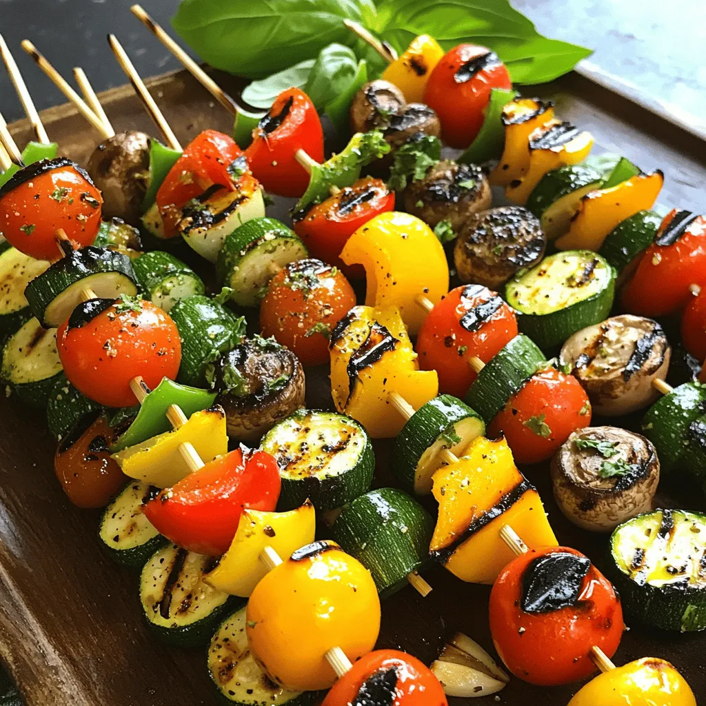 For tasty grilled vegetable skewers, choose fresh, colorful veggies. Here are the main ones you need: - 1 medium zucchini, sliced into thick rounds - 1 large red bell pepper, cut into 1-inch chunks - 1 large yellow bell pepper, cut into 1-inch chunks - 1 medium red onion, cut into wedges - 8 oz cherry tomatoes, whole - 8 oz baby portobello mushrooms, stems removed A good marinade makes your skewers shine. Here’s what you need for that zesty flavor: - 3 tablespoons extra virgin olive oil - 2 tablespoons balsamic vinegar - 2 cloves garlic, finely minced - 1 teaspoon dried oregano - 1 teaspoon smoked paprika - Salt and freshly ground black pepper to taste Want to add a twist? Here are some optional seasonings to make your skewers special: - Fresh herbs like thyme or rosemary - A dash of lemon juice for brightness - A sprinkle of red pepper flakes for heat Using fresh, high-quality ingredients makes all the difference. Remember, you can find the Full Recipe for a complete guide. Happy grilling! To make the marinade, grab a big bowl. Whisk together three tablespoons of olive oil and two tablespoons of balsamic vinegar. Add two minced garlic cloves, one teaspoon of dried oregano, and one teaspoon of smoked paprika. Sprinkle in salt and black pepper to taste. Mix it all until smooth. This marinade gives your veggies a tasty kick. Now, add your chopped vegetables to the bowl. Use zucchini, red and yellow bell peppers, red onion, cherry tomatoes, and baby portobello mushrooms. Toss them gently to coat every piece in the marinade. Cover the bowl with plastic wrap. Let the veggies sit for at least 30 minutes. This step lets the flavors soak in, making them super delicious. Next, preheat your grill to medium-high heat. Make sure the grill grates are clean and lightly oiled. While waiting, take the marinated veggies and thread them onto skewers. Alternate the vegetable types for a colorful look. Use either metal skewers or soaked bamboo ones. Once your grill is hot, place the skewers on it. Grill for 10 to 15 minutes. Turn them now and then for even cooking. Look for a nice char on the veggies. After grilling, let the skewers cool for a few minutes. Add fresh basil leaves on top before serving. Enjoy your zesty grilled vegetable skewers! To get the best flavor, start with a clean grill. A clean grill stops food from sticking. Preheat your grill to medium-high heat. This heat helps the veggies cook evenly. Use metal or soaked bamboo skewers for easy handling. Soak bamboo skewers in water for 30 minutes. This helps prevent them from burning. Cook your vegetable skewers for 10-15 minutes. Turn them every few minutes for even cooking. Look for a nice char and tender texture. If veggies are too close, they may steam instead of grill. You want a nice grill mark on each piece. If your grill gets too hot, lower the heat. You want to avoid charring the outside too quickly. One common mistake is overcooking the vegetables. This can make them mushy. Be careful not to overcrowd the skewers. Too many veggies can block heat and make cooking uneven. Also, do not skip marinating. This step adds flavor and moisture. Lastly, let the skewers rest after grilling. This helps the flavors settle before you dig in. For the full recipe, check out the Zesty Grilled Vegetable Skewers. {{image_4}} You can easily make these skewers vegan. All the ingredients are plant-based. Use a mix of your favorite veggies. Try adding eggplant or asparagus for a tasty twist. These skewers pack a lot of flavor and color. They are perfect for any vegan meal. This recipe is naturally gluten-free. You don’t need to change any ingredients. Just make sure the marinade ingredients are gluten-free. Most olive oils and vinegars are safe. Enjoy these skewers with your gluten-free friends. You can switch up the marinade for fun. If you want a spicy kick, add chili flakes to the mix. A squeeze of lemon juice gives a fresh taste. Try using soy sauce for a savory flavor. Experiment with herbs like thyme or rosemary too. Each change brings a new flavor to your skewers. For ideas, check the Full Recipe. Store leftover skewers in an airtight container. This keeps them fresh. You can place them in the fridge for up to three days. If you want to keep them longer, consider freezing. To reheat, place skewers on a baking sheet. Preheat your oven to 350°F. Heat them for about 10 minutes. You can also use a microwave. Heat in short bursts to avoid overcooking. If you freeze the skewers, wrap them tightly in plastic wrap. Then, place them in a freezer bag. They can last up to three months. When ready to eat, thaw overnight in the fridge before reheating. This keeps the taste and texture nice. For the full recipe, check back to ensure you have everything you need. I love using a mix of veggies for grilling. The best choices include zucchini, bell peppers, onions, and mushrooms. Cherry tomatoes add a nice touch too. These veggies grill well and taste great. You can also try asparagus and eggplant for variety. Always choose fresh, firm vegetables for the best flavor. I recommend marinating the vegetables for at least 30 minutes. This time allows the flavors to soak in deeply. If you have more time, you can marinate them for up to 2 hours. Just avoid marinating too long, as some veggies can become mushy. The goal is to enhance their natural taste. Yes, a stovetop grill pan works great! It gives you nice grill marks and cooks the veggies well. Just preheat the pan and lightly oil it before adding the skewers. The cooking time may be a bit shorter, so keep an eye on them. Enjoy the same tasty results right in your kitchen! This post covered everything you need for delicious grilled vegetable skewers. We discussed fresh veggies, marinade, and flavor options. I shared step-by-step instructions and handy tips for perfect grilling. We also explored storage tips for leftovers and answered common questions. Grilling is simple and fun. With these ideas, you can enjoy tasty, healthy meals. Try new flavors and make it your own! Happy grilling, and may your skewers always be a hit.