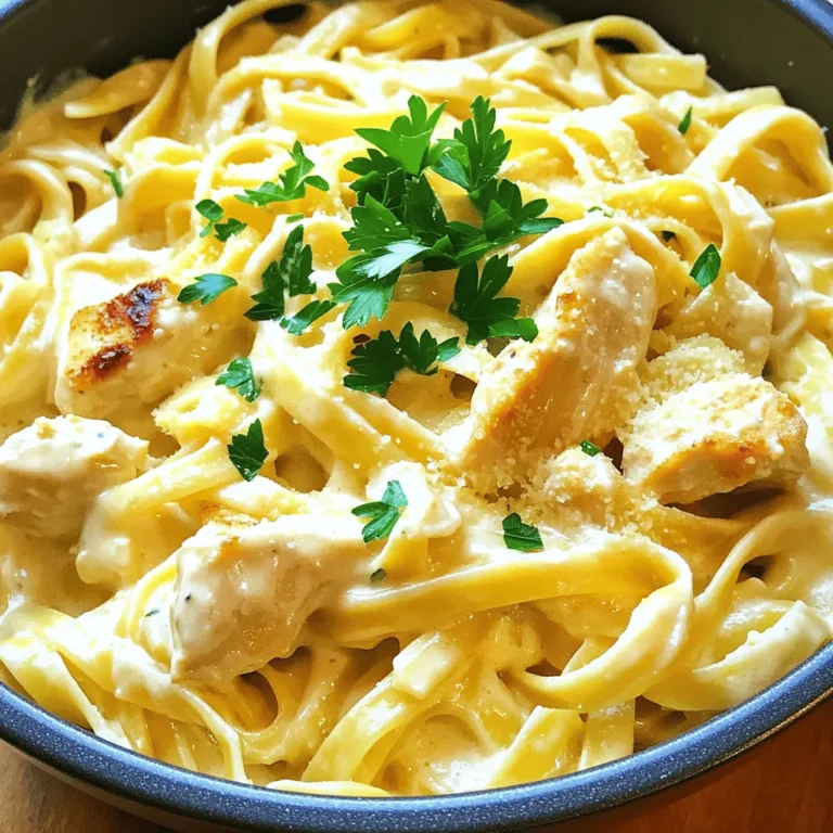 - 2 boneless, skinless chicken breasts, diced into bite-sized pieces - 1 tablespoon extra virgin olive oil - 1 cup heavy cream - 1 cup freshly grated Parmesan cheese - 8 ounces fettuccine pasta - 3 cups low-sodium chicken broth - 2 cloves garlic, finely minced - 1 teaspoon dried Italian seasoning - Salt and freshly ground black pepper, to taste - Fresh parsley, finely chopped (for garnish) When I make One-Pot Chicken Alfredo, I love using fresh ingredients. The chicken adds protein, while the heavy cream gives a rich taste. Fettuccine pasta cooks right in the broth. This helps it soak up all the flavors. Garlic and Italian seasoning make the dish aromatic and tasty. Don't forget salt and pepper to enhance all the flavors. Finally, fresh parsley adds color and freshness. This mix of ingredients makes a quick and tasty dinner. For the full recipe, check out the details above. Heating the Oil Start by choosing a large pot or deep skillet. Place it over medium heat. Add one tablespoon of extra virgin olive oil. Wait until the oil is hot and shimmering. Cooking the Chicken Now, add the diced chicken breasts. Season them with salt and pepper. Cook the chicken for about 5 to 7 minutes. Stir often until the chicken turns golden brown and is cooked through. Once done, take the chicken out and place it on a plate. Sautéing Garlic In the same pot, add two cloves of minced garlic. Sauté the garlic for about 30 seconds. You want it to smell great but not burn. Adding Chicken Broth and Fettuccine Next, pour in 3 cups of low-sodium chicken broth. Bring this mixture to a gentle simmer. After that, add 8 ounces of fettuccine pasta. Sprinkle in one teaspoon of dried Italian seasoning. Stir often and cook for 8 to 10 minutes, or until the pasta is al dente and has absorbed most of the broth. Incorporating Heavy Cream and Parmesan Once the pasta is ready, reduce the heat to low. Stir in one cup of heavy cream and one cup of freshly grated Parmesan cheese. Mix until the cheese melts and the sauce gets creamy. Combining All Ingredients Finally, return the cooked chicken to the pot. Mix everything well until combined. Taste the dish and adjust the seasoning with salt and pepper if needed. Let the dish sit for a few minutes to thicken the sauce slightly. Serve it up and enjoy your creamy One-Pot Chicken Alfredo! For the full recipe, check out the detailed instructions above. For the best taste, I love using freshly grated Parmesan cheese. It melts well and gives a rich flavor. Avoid pre-grated cheese; it often has additives that can affect the sauce. You can also mix in some Romano cheese for a sharper bite. This combo makes your One-Pot Chicken Alfredo truly special. Seasoning is key! Start with salt and freshly ground black pepper. Taste as you cook; you can always add more later. Dried Italian seasoning adds depth. If you want a kick, sprinkle in some red pepper flakes. Fresh herbs like parsley or basil can brighten up the dish. Always season in layers for the best flavor. To cook perfect pasta, use a large pot of simmering broth. Stir the pasta often, so it doesn’t stick. Follow the package instructions for timing. Taste the pasta a minute or two early to ensure it’s al dente. Remember, it will continue to cook slightly in the sauce. To achieve a creamy sauce, reduce the heat before adding heavy cream and cheese. Stir gently to combine, allowing the cheese to melt evenly. If the sauce gets too thick, add a splash of chicken broth to loosen it up. Let the dish sit for a few minutes after cooking; this helps the sauce thicken just right. These tips will ensure your One-Pot Chicken Alfredo shines at the dinner table. For a detailed guide, check out the Full Recipe. {{image_4}} You can easily change the protein in this dish. Instead of chicken, try shrimp or diced turkey. If you like meatless meals, use mushrooms or tofu. Each protein adds its own flavor and texture. Fettuccine is a classic, but other pasta shapes work too. You can use penne, rotini, or even whole wheat pasta. Each shape will soak up the sauce well. Just remember to adjust cooking times based on the pasta you choose. Cooking on the stovetop is simple and quick. You can keep an eye on the pasta and sauce. If you use an Instant Pot, it saves time and energy. Just set it and let it work while you relax. It makes the dish creamy and delicious as well. Need a fast meal? Use pre-cooked chicken or rotisserie chicken. This cuts cooking time in half. You can also use jarred Alfredo sauce as a base. Just add your choice of protein and pasta, and you’ll have dinner ready in no time. For the full recipe, check out the complete instructions. To keep your One-Pot Chicken Alfredo fresh, use proper storage containers. Glass or plastic containers with tight lids work best. First, let the dish cool down to room temperature. Then, transfer it to the container, ensuring it is airtight. Store it in the fridge for up to three days. When reheating, you have a few good options. You can use the microwave or the stovetop. For the microwave, place the dish in a safe bowl. Heat in short bursts, stirring in between until warm. On the stovetop, add a splash of chicken broth to the pot. Heat over low heat, stirring gently until hot and creamy. If you want to prepare meals for the future, consider freezing the leftovers. First, let the dish cool completely. Then, divide it into portions and place them in freezer-safe bags or containers. Remove as much air as possible before sealing. You can freeze it for up to three months. To thaw, move the container to the fridge for about 24 hours. Once thawed, reheat using the same methods as above. If it seems too thick, stir in a little chicken broth or cream to regain that creamy texture. Enjoy your delicious meal anytime! For the Full Recipe, check the main article. How do I make One-Pot Chicken Alfredo creamier? To make your One-Pot Chicken Alfredo creamier, add more heavy cream. You can also increase the Parmesan cheese. Stir these in slowly over low heat. This helps the cheese melt smoothly. Another tip is to let the dish sit for a few minutes after cooking. This allows the sauce to thicken and become richer. Can I make this recipe gluten-free? Yes, you can make this recipe gluten-free. Use gluten-free pasta instead of traditional fettuccine. Ensure that your chicken broth is also gluten-free. This way, you can enjoy a tasty meal without gluten. How long can I store leftovers? You can store leftovers in the fridge for up to three days. Keep the dish in an airtight container. Make sure it cools down before sealing. This helps maintain freshness and flavor. What can I serve with One-Pot Chicken Alfredo? One-Pot Chicken Alfredo pairs well with a simple green salad. Garlic bread is another great option. You might also enjoy it with steamed vegetables for a healthy touch. Each option adds balance and flavor to your meal. This blog post covered everything you need for a delicious One-Pot Chicken Alfredo. We explored key ingredients, step-by-step cooking instructions, and helpful tips. You learned how to enhance flavor, cook pasta right, and make the sauce creamy. We even discussed variations and storage for leftovers. In closing, enjoy making this meal your own. With these ideas, you can create a dish that's perfect for any time. Keep experimenting and have fun cooking!