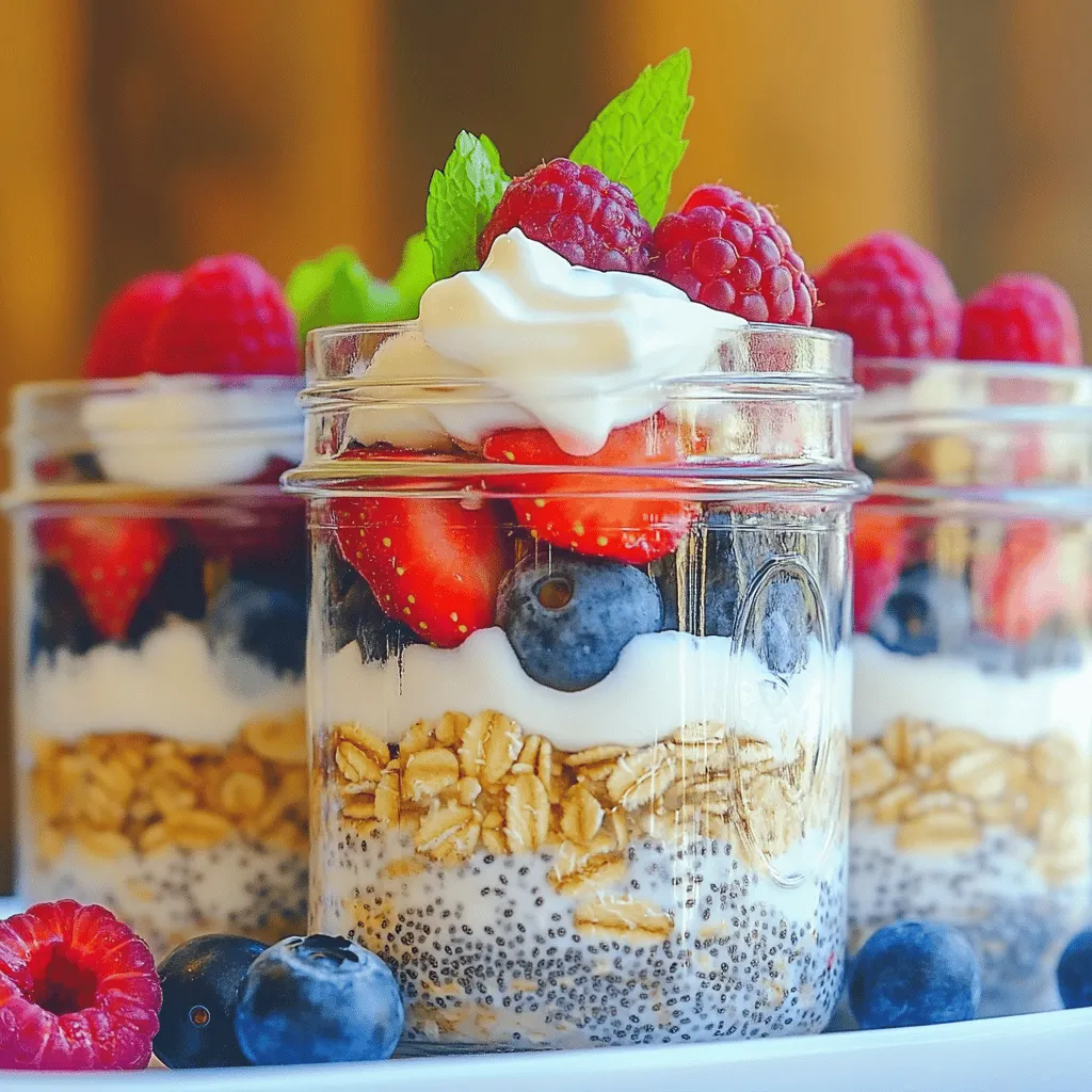 - 1 cup rolled oats - 1 cup almond milk (or any milk of your choice) - 1 tablespoon chia seeds - 1 tablespoon maple syrup (or honey for a natural sweetness) - 1/2 teaspoon vanilla extract - 1/2 cup mixed berries (such as strawberries, blueberries, and raspberries) - 1/4 cup Greek yogurt (optional) - Pinch of salt - Toppings: additional fresh berries, assorted nuts, or a sprinkle of cinnamon This recipe is both tasty and healthy. Each serving contains: - Calories: 300 (without yogurt) - Protein: 10g - Carbohydrates: 45g - Fiber: 8g - Fat: 10g These oats provide a balanced meal to start your day. They offer good fiber and protein, which help you feel full longer. Overnight oats are more than just a tasty breakfast. Here are some reasons to love them: - Quick and Easy: You prepare them the night before. No fuss in the morning! - Customizable: You can mix in your favorite fruits and nuts. This keeps breakfast fun and different. - Nutritious: Rolled oats are rich in fiber. They help with digestion and keep your heart healthy. - Portable: You can take them anywhere. Perfect for busy mornings or on-the-go meals. - Satisfying: The combination of oats and berries gives you energy. You’ll feel great all morning. This dish is a wonderful way to enjoy a healthy start. Follow the Full Recipe for more details on making this delicious meal! To start making your overnight oats, gather all your ingredients. You will need: - 1 cup rolled oats - 1 cup almond milk (or any milk of your choice) - 1 tablespoon chia seeds - 1 tablespoon maple syrup (or honey for a natural sweetness) - 1/2 teaspoon vanilla extract for added flavor - 1/2 cup mixed berries (such as strawberries, blueberries, and raspberries) - 1/4 cup Greek yogurt (optional for an extra creamy texture) - Pinch of salt to enhance flavors 1. In a medium bowl, combine the rolled oats, chia seeds, and a pinch of salt. Mix them well. 2. In another bowl, whisk together the almond milk, maple syrup, and vanilla extract. Make sure it is well blended. 3. Pour the milk mixture over the oats and stir gently. Avoid overmixing. 4. Carefully fold in the mixed berries. Save a few berries for later topping. 5. If you like it creamy, stir in the Greek yogurt now. 6. Distribute the mixture into jars or containers. 7. Seal them and place in the fridge overnight or for at least 4-6 hours. 8. When you're ready to eat, stir again and add milk if you want it thinner. When mixing your ingredients, remember these simple tips: - Mix dry and wet ingredients separately first. This helps them blend better. - Stir just enough to combine. Overmixing can make the oats mushy. - Folding in the berries gently keeps them intact. You want to see those beautiful colors! - If you add Greek yogurt, fold it in carefully for a creamy finish. Presentation makes your overnight oats look even more tempting. Here’s how to do it: - Use clear glass jars to show off the layers of oats and berries. - Top with reserved berries for a fresh touch. - Sprinkle some nuts or a dash of cinnamon on top for extra flavor. - Adding a sprig of mint can make it look fancy and fresh. This is where style meets health! Enjoy every bite of your berry bliss overnight oats. For the full recipe, check out the details above. One common mistake is using too much liquid. This makes the oats mushy. Stick to the recipe for the right balance. Another mistake is not letting the oats soak long enough. They need time to absorb the liquid and soften. If you rush this part, you won’t get the best texture. To get the perfect texture, use rolled oats, not quick oats. Rolled oats maintain their shape and provide a nice bite. If you want creamier oats, add Greek yogurt. It makes the dish rich and smooth. Also, mix your ingredients gently. Overmixing can break down the oats and chia seeds. To boost flavor, think beyond just berries. Add a splash of vanilla extract or a pinch of cinnamon. You can also try different sweeteners. Maple syrup or honey works well. Don’t forget to top with fresh berries or nuts. This adds crunch and brightness to each bite. For more ideas, check out the Full Recipe for inspiration. {{image_4}} You can change up the berries in your overnight oats. Each berry adds a unique taste and color. Strawberries give a sweet touch, while blueberries add a mild flavor. Raspberries bring a slight tartness. You can also use blackberries or even mixed berry blends. This variety keeps your breakfast exciting. Try different combinations to find your favorite mix! If you want dairy-free overnight oats, no worries! You can swap regular milk for almond milk, coconut milk, or oat milk. These milk options taste great and keep it creamy. If you want extra creaminess, consider using coconut yogurt instead of Greek yogurt. This way, you enjoy the same flavor and texture without dairy. Feel free to get creative with mix-ins! Add nuts like almonds or walnuts for crunch. You can also try seeds such as pumpkin or sunflower seeds for added nutrition. For sweetness, a dash of cinnamon or a spoonful of nut butter can elevate your oats. Top your oats with fresh fruits or a drizzle of honey for extra flavor. Let your taste buds guide you on this journey! To keep your overnight oats fresh, store them in the fridge. Use airtight containers to keep moisture out. You can prep them the night before and enjoy them the next morning. Mason jars work great for overnight oats. They allow you to see the layers of oats and berries. If you don’t have mason jars, small glass or plastic containers are also good. Just make sure they seal tightly. Overnight oats stay fresh for about 3 to 5 days in the fridge. If you add fresh fruit, eat them sooner, as they can spoil faster. For the best taste, enjoy them within 2 days. If you want to change things up, try adding nuts or seeds when serving. Overnight oats stay fresh for up to five days in the fridge. Store them in airtight containers to keep them from drying out. If you see any signs of spoilage, like off smells or changes in texture, it's best to toss them. Yes, you can use frozen berries in your overnight oats. Just add them straight from the freezer. They will thaw overnight and mix well with the oats. This method can add a nice chill to your breakfast. Plus, frozen berries are often just as nutritious as fresh ones. The best toppings for overnight oats include fresh fruit, nuts, and seeds. Here are some great options: - Sliced bananas or strawberries - Chopped nuts like almonds or walnuts - A sprinkle of cinnamon for warmth - A dollop of Greek yogurt for extra creaminess - Drizzle of honey or maple syrup for added sweetness Feel free to mix and match these toppings to suit your taste! For the complete recipe, check out the Full Recipe. Overnight oats are easy and healthy breakfast choices. We covered the key ingredients, including their nutrition and benefits. I shared steps to prepare and mix your oats to get the best texture. We also discussed variations and expert tips to enhance flavors. Lastly, I provided storage methods and answered common questions. By using these tips, you can enjoy tasty, nutritious oats every morning. Start making overnight oats today and enjoy the difference!