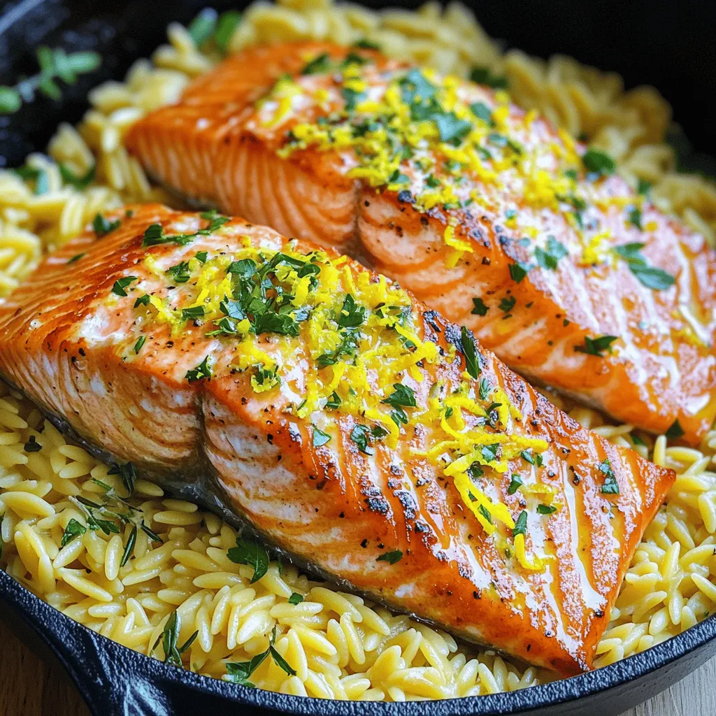 One Skillet Salmon with Lemon Orzo is a quick and tasty dish. It combines salmon and orzo pasta in one pan. You get bright flavors from lemon and fresh herbs. This meal is perfect for a weeknight dinner. - 2 fresh salmon fillets - 1 cup orzo pasta - 2 cups vegetable broth - 1 medium lemon (zested and juiced) - 2 cloves garlic, minced - 2 tablespoons extra virgin olive oil - 1 teaspoon dried oregano - 1 teaspoon dried thyme - Sea salt and freshly ground black pepper, to taste - Fresh parsley, finely chopped, for garnish To make this dish, you will need a few tools: - A medium-sized pot for boiling orzo - A large skillet for cooking salmon and orzo - A sharp knife for cutting herbs and lemon - A cutting board for safe food prep - A serving plate to present your meal Gather these tools to help you create your delicious meal. When you have everything ready, the cooking will be easy and fun! You can find the full recipe in the earlier section. First, grab a medium pot and fill it with vegetable broth. Bring the broth to a boil over medium heat. Once it bubbles, add 1 cup of orzo pasta. Cook the orzo according to the package directions, which usually takes about 8-10 minutes. Stir it occasionally to prevent it from sticking. When the orzo is al dente, drain it and set it aside. This will be the base for our salmon dish. While the orzo cooks, take a large skillet and heat 2 tablespoons of extra virgin olive oil over medium heat. Season the 2 salmon fillets with sea salt, black pepper, and half of the lemon zest. Make sure to coat both sides. Once the oil is hot, place the salmon skin-side down in the skillet. Cook for about 4-5 minutes on each side. Your goal is a golden brown color and salmon that flakes easily with a fork. Once done, transfer the salmon to a plate and set it aside. In the same skillet, add 2 cloves of minced garlic and sauté for about 1 minute. You want the garlic to be fragrant but not burnt. Next, add the drained orzo to the skillet, along with the dried oregano, dried thyme, the remaining lemon zest, and the juice from the lemon. Stir everything well and cook for another 2-3 minutes. Taste your dish and add more salt or pepper if you like. Finally, return the salmon to the skillet, gently placing it into the orzo mixture to warm through for another 2 minutes. When ready, remove the skillet from heat and sprinkle fresh parsley on top before serving. This simple meal is quick and full of flavor, making it a perfect choice for any night of the week. For the complete recipe, check out the Full Recipe section. To cook salmon just right, start with fresh fillets. Look for bright color and a firm texture. Season each fillet with salt and pepper. This adds flavor and helps with browning. Cook the salmon skin-side down in a hot skillet. It should sizzle right away! Aim for about 4-5 minutes on each side. The salmon is done when it flakes easily with a fork. If you want a crispier skin, press down gently with a spatula. You can boost flavors in this dish easily. Use fresh herbs like dill or basil instead of dried oregano or thyme. You can also add a pinch of red pepper flakes for heat. If you prefer, swap the orzo for another small pasta. Quinoa or couscous works well too. For a richer taste, add a splash of white wine to the orzo. Always adjust salt and pepper to your taste as you cook. How you serve your meal can impress guests. Place the orzo in the center of each plate. Lay the salmon fillet gently on top. A slice of lemon adds a bright touch. Sprinkle fresh parsley all over for a splash of green. You can even add edible flowers for a fancy look. This makes your dish pop with color and charm. For the full recipe, check the earlier section. {{image_4}} You can swap salmon for other seafood. Try sea bass, trout, or shrimp. Each brings a unique taste and texture. Adjust cooking times based on the seafood you choose. For shrimp, cook until they turn pink and curl. For sea bass, follow similar steps to salmon. The key is to ensure your seafood is fresh. If you want a veggie twist, use seasonal vegetables. Try zucchini, asparagus, or spinach for a bright touch. Sauté the veggies in the skillet before adding the orzo. This adds color and nutrients to your meal. You can even mix in some peas or bell peppers for extra crunch. Stir them in with the orzo for great flavor. Boost the flavor of your dish with herbs and spices. Fresh dill, basil, or chives enhance the lemony taste. You can also add a splash of white wine for depth. A bit of red pepper flakes adds heat, if you like spice. For a creamy texture, consider a dollop of Greek yogurt or a splash of cream right before serving. Mix and match to find your favorite flavors. Follow the [Full Recipe] for a quick guide, and enjoy the fun of making your own variations! After enjoying your meal, let the leftovers cool down. Place the salmon and orzo in an airtight container. Make sure to separate the salmon from the orzo if you prefer. Store it in the fridge. It will last for 2-3 days. When you are ready to eat again, take the leftovers out of the fridge. You can reheat them in the microwave. Heat for 1-2 minutes, stirring halfway. If you prefer, you can reheat in a skillet over medium heat. Add a splash of water or broth to keep it moist. If you want to save it longer, you can freeze the leftovers. Place the salmon and orzo in a freezer-safe container. Make sure to label it with the date. It can stay in the freezer for up to 3 months. To enjoy later, thaw it in the fridge overnight before reheating. This way, you can savor this meal whenever you like! Check the [Full Recipe] for more delicious ideas. Yes, you can use other pasta types. Smaller shapes like ditalini or couscous work well. Just make sure to adjust the cooking time. Check the package for the right time to cook. You want the pasta to be al dente, just like orzo. The salmon is ready when it flakes easily with a fork. Look for a nice golden crust on the outside. The inside should be opaque and not translucent. You can also use a food thermometer; it should read 145°F (63°C) when done. For sides, I recommend a fresh salad or steamed veggies. Roasted asparagus or green beans add great flavor, too. You could also serve crusty bread to soak up the lemony sauce. These sides balance the meal well and add more color to your plate. This blog post explored a tasty salmon and orzo dish. We discussed the key ingredients, tools, and step-by-step instructions needed for success. I shared tips for cooking and enhancing flavors, plus ideas for variations using different seafood and vegetables. In short, use these insights to make a dish everyone will enjoy. Don't forget to store leftovers properly for later! This meal can be simple and fun, so dive in and enjoy every bite.