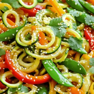 - 3 medium zucchinis, spiralized - 1 cup bell peppers, mixed colors - 1 cup carrots, julienned - 1 cup snap peas, trimmed - 2 tablespoons low-sodium soy sauce - 1 tablespoon sesame oil - 1 tablespoon extra virgin olive oil - 2 tablespoons sesame seeds - Fresh cilantro or green onions for garnish - Sea salt and black pepper to taste In this recipe, we focus on fresh and vibrant ingredients. Zucchini is the star, offering a light base. The bell peppers add color and crunch. Carrots bring sweetness, while snap peas offer a nice snap. For seasonings, low-sodium soy sauce gives umami without too much salt. Sesame oil adds a nutty depth. Extra virgin olive oil helps cook the veggies and adds richness. Garnishes elevate the dish. Sesame seeds give crunch and texture. Fresh cilantro or green onions add a burst of flavor. Finally, adjust sea salt and black pepper to suit your taste. This blend of ingredients makes the zucchini noodle stir fry both flavorful and healthy. For cooking details, check the Full Recipe. 1. Start by spiralizing the zucchinis. Use a spiralizer for long, thin noodles. 2. Lay the noodles on paper towels. This step helps absorb extra moisture. Less moisture means a better texture. 1. Heat olive oil in a large skillet over medium-high heat. Wait until the oil shimmers. 2. Add the thinly sliced onions to the skillet. Stir them often for about two minutes until soft. 3. Mix in minced garlic and grated ginger. Stir for one more minute to release their rich aromas. 4. Now, add sliced bell peppers, julienned carrots, and snap peas. Stir-fry these veggies for four to five minutes. You want them to be soft but still crisp. 1. Gently fold in the spiralized zucchini noodles. Make sure they mix well with the other veggies. 2. Pour in the soy sauce and sesame oil. Toss everything together for a nice coat. 3. Cook for another two to three minutes. Keep an eye on the zucchini. We want them warm but still firm. 4. If you like heat, sprinkle in red pepper flakes. Season with sea salt and black pepper to taste. 5. For a crunchy finish, add sesame seeds on top. Garnish with fresh cilantro or green onions for a pop of color. Follow these steps for a delightful dish that bursts with flavor! For the complete recipe, check out the Full Recipe for all details. To keep your zucchini noodles from getting mushy, follow these steps: - Spiralize carefully: Use a good spiralizer for even noodles. - Drain excess moisture: After spiralizing, lay the noodles on paper towels. This helps remove water. - Stir-fry quickly: Cook zucchini noodles for just a few minutes. This keeps them firm and crunchy. For the other vegetables, you want to maintain their crunch too. Here’s how: - Cut veggies evenly: Slice them evenly so they cook at the same rate. - High heat: Use a high heat setting on your stove. This sears the veggies quickly. When serving your stir fry, presentation matters. Here are some tips: - Colorful bowls: Use bright bowls to show off the vibrant colors of the dish. - Garnish well: Add fresh cilantro or green onions on top for a pop of color. - Drizzle sesame oil: Just before serving, drizzle a little sesame oil on top. It adds flavor and a nice shine. Want to kick up the flavor? Try these tips: - Add red pepper flakes: If you like spice, sprinkle some red pepper flakes. It gives a nice kick. - Toast sesame seeds: Lightly toast sesame seeds in a dry pan. This brings out their nutty flavor. These tips will help you make a tasty and healthy zucchini noodle stir fry. For the complete method, check the Full Recipe. {{image_4}} You can add protein to your stir fry for a heartier meal. Chicken, shrimp, or tofu work great. - Chicken: Cut it into bite-sized pieces. Cook it first until golden. Then, add your veggies. - Shrimp: Use peeled shrimp. Toss them in the pan after the veggies soften. - Tofu: Press and cube it. Sauté until crispy before adding the other ingredients. For vegetarians, you can use black beans or chickpeas for added protein. Feel free to mix in other veggies. This makes your dish unique and colorful. - Broccoli: Adds crunch. Cut it into small florets and stir-fry for a few minutes. - Mushrooms: Sliced mushrooms give a deep flavor. Add them with the onions. - Spinach: Toss in fresh spinach at the end. It wilts quickly and adds nutrition. Seasonal veggies are also a fun choice. In summer, you might use fresh corn. In fall, try adding butternut squash. If you want to switch things up, try other vegetable noodles. - Carrot Noodles: They add a sweet flavor. Use the same spiralizer for fun shapes. - Sweet Potato Noodles: These are thicker and very filling. Cook them a bit longer. - Cabbage Noodles: Shred cabbage thinly. It gives a different texture and taste. These options keep your meal low-carb and full of fiber. To keep your zucchini noodle stir fry fresh, store it in an airtight container. Place it in the fridge right after it cools. This method helps lock in flavor and texture. The stir fry stays good for up to three days. After that, the veggies may lose their crunch. When you reheat, aim for the best texture. Use a non-stick skillet over medium heat. Add a splash of water or oil to help steam the noodles. This method warms the dish without making it soggy. Stir often to heat evenly and keep the veggies crisp. You can prepare your zucchini noodle stir fry in advance. Spiralize the zucchinis and store them in a sealed bag in the fridge. Chop your other veggies and keep them in separate containers. This way, you can make a quick meal in just minutes. If you want to freeze portions, do so after cooking. Use freezer-safe bags and remove as much air as possible for best results. Zucchini noodles are long strands made from zucchini. You can spiralize fresh zucchini to create these fun noodles. They are a great low-carb alternative to pasta. Zucchini noodles are light, and they soak up flavors well. They offer a healthy dose of vitamins and minerals, like vitamin A and potassium. Plus, they add color to your plate! Yes, you can make this dish vegan! Simply swap out any non-vegan ingredients. For example, use a vegan soy sauce or tamari. Replace sesame oil with another plant-based oil if you like. Also, skip any animal proteins, and focus on the veggies. This keeps your stir fry fresh and plant-based. Zucchini noodles last about 2 to 3 days in the fridge. Store them in an airtight container to keep them fresh. You should avoid excess moisture, as it can make them soggy. If you notice any sliminess, it's time to toss them out. Always check for freshness before use! Yes, store-bought zoodles are a time-saver! They are convenient and ready to cook. However, they may lack some crunch compared to fresh ones. Check the ingredient list for any added preservatives. If you choose store-bought, keep an eye on their expiration date. You can serve many tasty sides with zucchini noodle stir fry. Some good options include: - Steamed rice or quinoa - A fresh garden salad - Grilled chicken or tofu - Spring rolls or dumplings These sides can round out your meal and add variety. To learn how to make this dish, check out the Full Recipe. You'll find detailed steps for a delicious meal. This article covered how to make a tasty Zucchini Noodle Stir Fry. We discussed the ingredients, cooking steps, and tips for the best results. I shared options for adding proteins and altering veggies. Remember, fresh ingredients make a big difference. Storing leftovers properly helps keep the dish tasty for later. With these tips, you can enjoy a healthy meal that's both fun and simple. Try it out and get creative with your flavors!