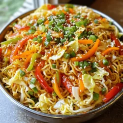 - 200g eggless Hakka noodles - 1 tablespoon vegetable oil - 1 cup mixed bell peppers (red, green, yellow), sliced into thin strips - 1 small carrot, julienned - 1 cup cabbage, finely shredded - 3 green onions, chopped (dividing the white and green parts) - 2 cloves garlic, minced finely - 1-inch piece ginger, grated or minced - 2 tablespoons soy sauce (adjust to taste) - 1 tablespoon chili sauce (adjust to desired spice level) - 1 teaspoon vinegar (white or rice vinegar) - Salt and pepper to taste - Sesame seeds, toasted, for garnish When I prepare Veg Hakka Noodles, I focus on fresh, vibrant ingredients. The key to great flavor lies in using a mix of colorful veggies. The bell peppers add crunch and sweetness. Carrots give a nice pop of color. Cabbage keeps it light and adds texture. I use eggless Hakka noodles for this recipe. They cook quickly and stay firm. Remember to rinse them with cold water after boiling. This prevents them from sticking. The vegetable oil helps to keep them separate and adds a nice sheen. For sauces, I stick with soy sauce for that umami punch. Chili sauce brings heat, but you can adjust this based on your taste. A splash of vinegar adds a tangy kick that brightens everything up. Don't forget to garnish! Toasted sesame seeds not only add flavor but also give a nice crunch. This simple combination of ingredients makes Veg Hakka Noodles a delicious and easy dish to whip up. For the full recipe, check out the details I've shared earlier. - Boil salted water and cook noodles per package instructions. - Drain, rinse under cold water, and toss with oil. Start by boiling salted water in a large pot. This adds flavor to the noodles. Follow the package instructions for cooking time, which is usually about 4-5 minutes. After cooking, drain the noodles in a colander. Rinsing them under cold water stops the cooking process. Then, drizzle a small amount of vegetable oil over the noodles. Toss them gently to prevent sticking. - Heat oil and sauté garlic and ginger for fragrance. - Add chopped bell peppers, carrot, and cabbage to the skillet. Next, heat vegetable oil in a spacious skillet or wok over medium-high heat. Once the oil is hot, add minced garlic and grated ginger. Stir them quickly for about 30 seconds until fragrant. Be careful not to let them brown. After that, add your chopped bell peppers, julienned carrot, and shredded cabbage. Stir-fry these vibrant veggies for around 3-4 minutes. Keep them crisp and colorful for the best taste. - Toss cooked noodles with vegetables and sauces. - Cook briefly to combine flavors and heat through. Now it’s time to bring everything together. Add the cooked noodles to your skillet with the sautéed vegetables. Drizzle in soy sauce, chili sauce, and vinegar. Toss everything gently, making sure the noodles are coated with the sauce and vegetable flavors. Cook for an additional 2 minutes to heat the noodles through. This step ensures a perfect blend of taste and warmth. For the full recipe, check out the details above. To get the best texture for your Veg Hakka Noodles, cook them until al dente. Al dente means the noodles are firm when you bite them. Follow the package instructions, usually about 4-5 minutes. After cooking, rinse them under cold water. Rinsing stops the cooking and helps prevent sticking. Toss the noodles with a bit of oil to keep them from clumping together. You can easily adjust the flavor of your Veg Hakka Noodles. If you like spice, add more chili sauce. For a milder taste, cut back on the sauce. Feel free to add more veggies, too! Broccoli, snap peas, or mushrooms work well. You can also add protein like tofu or paneer for extra nutrition. Using the right tools can make a big difference. I recommend a large pot for boiling noodles. A spacious skillet or wok is best for stir-frying. A wok heats evenly and helps your veggies stay crisp. Make sure your skillet has high sides to hold all the ingredients as you toss them together. For best results, use non-stick cookware to prevent sticking. For the full recipe, check out the Veg Hakka Noodles section above. {{image_4}} You can add many veggies to Veg Hakka Noodles. Broccoli and snap peas work great. They add crunch and taste. You can also use seasonal vegetables. Fresh veggies like zucchini or bell peppers bring color to the dish. Mixing different colors makes it fun and healthy. Tofu or paneer are great sources of protein for this dish. They soak up the flavors well. If you want a non-vegetarian option, add cooked chicken or shrimp. They both taste good with the noodles. Just make sure to cook them first, then mix them in. If you want to try something different, use rice noodles instead of Hakka noodles. They have a unique texture. For those with gluten allergies, go for gluten-free noodles. They are easy to find and work well in this recipe. You can enjoy a tasty meal that fits your diet. To keep leftovers fresh, place them in an airtight container. Make sure the noodles cool before sealing. This helps avoid sogginess. Store the container in the fridge. Leftovers are best eaten within 2-3 days. To reheat Hakka noodles without losing texture, do not overheat. Microwave: Use a covered microwave-safe dish. Add a splash of water to keep them moist. Heat in short bursts, stirring in between. Stove-top: Heat a pan on low. Add a little oil and the noodles. Stir gently until warmed through. Yes, you can freeze Veg Hakka Noodles. To freeze, let them cool completely. Pack them in a freezer-safe bag, removing as much air as possible. Thaw overnight in the fridge before reheating. Enjoy your delicious Hakka noodles later! For the full recipe, check out the detailed instructions above. To make Veg Hakka Noodles, follow these steps: 1. Cook the Noodles: Boil salted water in a large pot. Add 200g eggless Hakka noodles. Cook for 4-5 minutes until al dente. Drain the noodles and rinse with cold water to stop the cooking. Toss with a bit of vegetable oil to prevent sticking. 2. Prepare the Veggies: Heat 1 tablespoon of vegetable oil in a large skillet or wok over medium-high heat. Once hot, add 2 cloves of minced garlic and 1-inch grated ginger. Stir for about 30 seconds until fragrant. 3. Sauté the Vegetables: Add 1 cup of mixed bell peppers, 1 small julienned carrot, and 1 cup of finely shredded cabbage. Stir-fry for 3-4 minutes, keeping them crisp. 4. Combine Noodles and Sauce: Add the cooked noodles to the skillet. Drizzle in 2 tablespoons of soy sauce, 1 tablespoon of chili sauce, and 1 teaspoon of vinegar. Toss everything together for about 2 minutes to heat through. 5. Season It Up: Mix in the chopped green parts of 3 green onions, along with salt and pepper to taste. Stir well. 6. Garnish and Serve: Plate the Veg Hakka Noodles and garnish with the reserved green onion tops and some toasted sesame seeds. Enjoy your meal! Yes, you can easily make Veg Hakka Noodles spicier. Here are some options: - Add More Chili Sauce: Increase the amount of chili sauce in the recipe. Start with an extra teaspoon and adjust to your taste. - Include Fresh Chilies: Chop fresh green chilies and toss them in while sautéing vegetables for a fresh heat. - Use Chili Oil: Drizzle some chili oil over the finished dish for an extra kick. - Spicy Soy Sauce: Consider using a spicy soy sauce instead of regular soy sauce for more flavor and heat. Veg Hakka Noodles pair well with several side dishes and sauces: - Spring Rolls: Crispy vegetable spring rolls make a great appetizer. - Dumplings: Steamed or fried vegetable dumplings add variety to your meal. - Chili Sauce: Serve with extra chili sauce on the side for dipping. - Soy Sauce: A small bowl of soy sauce can enhance the flavors. - Stir-Fried Greens: A side of stir-fried bok choy or spinach can add nutrition and color. For the full recipe, check out the detailed steps above. You learned how to make Veg Hakka Noodles with key ingredients and simple steps. Use fresh veggies and sauces for the best flavor. You can adjust spice levels to fit your taste. Remember to store and reheat properly for later enjoyment. This dish is easy to make and perfect for any meal. Try new veggie options or proteins for variety. Enjoy your cooking journey and create a dish you love. When you master this recipe, you’ll impress your family and friends!