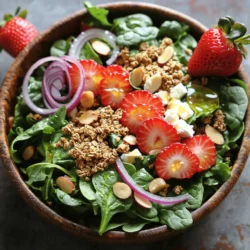 - 4 cups mixed greens (spinach, arugula, baby kale) - 2 cups ripe strawberries, hulled and sliced - 1 cup crunchy granola - 1/2 cup feta cheese, crumbled - 1/4 cup sliced almonds - 1/4 red onion, paper-thin slices The base of this salad shines with fresh greens. I love using a mix of spinach, arugula, and baby kale. Each green adds its unique taste and texture. The ripe strawberries bring a sweet burst of flavor. I slice them into bite-sized pieces for easy eating. Crunchy granola adds a satisfying layer of texture. Look for granola with no added sugars for a healthier option. The creamy feta cheese pairs well with the sweet strawberries. I crumble it over the top for a tasty touch. Sliced almonds add extra crunch and nutty flavor. Finally, thin slices of red onion give a sharp balance to the salad. - 3 tablespoons apple cider vinegar - 2 tablespoons honey - 1/4 cup extra virgin olive oil - 1 teaspoon Dijon mustard - Salt and black pepper The dressing is vital for tying all flavors together. I use apple cider vinegar for its tangy kick. Honey sweetens the dressing and balances the vinegar's acidity. Extra virgin olive oil gives it a rich texture. Dijon mustard adds depth and a slight spice. To finish, I season it with salt and black pepper. These simple ingredients create a zesty vinaigrette that enhances the salad. - Prep time: 15 minutes - Total time: 15 minutes - Servings: 4 This salad is quick to make, taking just 15 minutes. It serves four people, making it perfect for a family meal or a small gathering. You can find the full recipe for more details on making this delicious dish. To start, you need to whisk the dressing ingredients. In a small bowl, combine: - 3 tablespoons apple cider vinegar - 2 tablespoons honey - 1 teaspoon Dijon mustard - Salt and freshly ground black pepper to taste Mix these well until they blend smoothly. This step is key for a tasty vinaigrette. Next, it’s time to emulsify the vinaigrette. While you whisk, slowly drizzle in: - 1/4 cup extra virgin olive oil Keep whisking until the mixture looks silky. This means the oil and vinegar are combined well. Set this zesty vinaigrette aside to let the flavors meld. Now, let’s move on to the salad. In a big bowl, combine: - 4 cups mixed greens - 2 cups ripe strawberries, hulled and sliced - 1/4 red onion, paper-thin slices - 1/2 cup feta cheese, crumbled Mix these ingredients gently. They should be well combined but not squished. After that, drizzle the prepared vinaigrette over the salad. Toss everything together. Make sure the dressing coats all the ingredients evenly. Before serving, add the final touches. Scatter: - 1 cup crunchy granola - 1/4 cup sliced almonds, lightly toasted This adds a lovely crunch. For presentation, serve the salad in a beautiful bowl or on individual plates. You can garnish with an extra strawberry on top. A little drizzle of vinaigrette on the side makes it look fancy. Enjoy this Strawberry Crunch Salad with Champagne Vinaigrette! For the complete recipe, check the Full Recipe. To pick ripe, flavorful strawberries, look for bright red color. They should feel firm but not hard. A sweet scent often means they are ripe and ready to eat. Avoid berries with green or white spots. Check for any signs of mold or softness. Fresh strawberries should feel plump and have a shiny skin. If you can, buy them at a local market. They often have better flavor than store-bought ones. You can prepare parts of the salad ahead of time. Wash and slice the strawberries a few hours before serving. Store them in the fridge in a covered bowl. This keeps them fresh and tasty. You can also make the vinaigrette a day in advance. Just whisk all the dressing ingredients together and store it in a jar. Shake it well before using. Keep the granola and nuts separate until you serve the salad. This keeps them crunchy. To add more flavor, consider seasonal fruits like blueberries or peaches. Nuts, like walnuts or pecans, can add a nice crunch. You can even mix in some herbs, like mint or basil, for a fresh twist. Try using different types of cheese too. Goat cheese offers a tangy taste that works well. Remember, the key is to balance flavors and textures for a delightful bite. For the full recipe, check out the complete guide to Strawberry Crunch Salad with Champagne Vinaigrette. {{image_4}} You can switch the greens for different flavors. Try using romaine or butter lettuce for a milder taste. Kale adds a hearty crunch, while arugula gives a peppery kick. You can also mix in some watercress for a fresh, bright note. Each green brings its unique texture and flavor to the salad. If you want a vegan option, you can leave out the feta cheese. Try using vegan cheese made from nuts or tofu. These alternatives can mimic the creaminess of feta without dairy. Nutritional yeast is another great option. It adds a cheesy flavor while keeping things plant-based. Add proteins like grilled chicken or shrimp for a filling meal. For a vegetarian option, try chickpeas or black beans. Other crunchy elements include sunflower seeds or pumpkin seeds. These toppings enhance the salad's texture and flavor, making it even more enjoyable. For the complete recipe, check out the Full Recipe section. To keep your Strawberry Crunch Salad fresh, store it in an airtight container. Layer the ingredients to avoid sogginess. Place the mixed greens, strawberries, and feta at the bottom. Keep the crunchy granola and almonds separate to maintain their crispness. This way, you can enjoy the salad just like when it was freshly made. Always store the vinaigrette apart from the salad. This keeps the greens from wilting. If you mix the dressing with the salad too early, it will lose its crunch. By keeping the vinaigrette separate, you can drizzle it just before serving. This method ensures your salad remains vibrant and fresh. In the fridge, the salad lasts about 1-2 days. The vinaigrette can remain fresh for up to a week. However, the salad loses its crispness over time. Always check for any signs of spoilage before eating. For the best taste, eat the salad within a day of making it. For the full recipe, visit the main article. Yes, you can use frozen strawberries. However, there are some things to think about. Frozen strawberries can be soft when thawed. This might change the texture of your salad. If you use them, thaw and drain them first. Pat them dry to remove excess moisture. This way, your salad stays fresh and crunchy. Yes, this salad can be gluten-free. You just need to check the granola and other ingredients. Some granolas have gluten. Look for brands that specifically say "gluten-free." Also, check any packaged items for hidden gluten. When you choose good ingredients, you keep the salad safe for everyone. If you want a heartier salad, add grains or proteins. Quinoa or farro makes a great base. You could also mix in grilled chicken or chickpeas. These additions give more flavor and make your salad satisfying. Toss them in with the greens and strawberries for a complete meal. This salad recipe is simple and full of flavor. You can mix fresh greens with ripe strawberries, crunchy granola, and creamy feta. The homemade vinaigrette adds a tasty kick. Remember to serve the granola and nuts last for crunch. You can try different greens or toppings for a twist. Store leftovers carefully for best taste. Enjoy your fresh salad anytime!