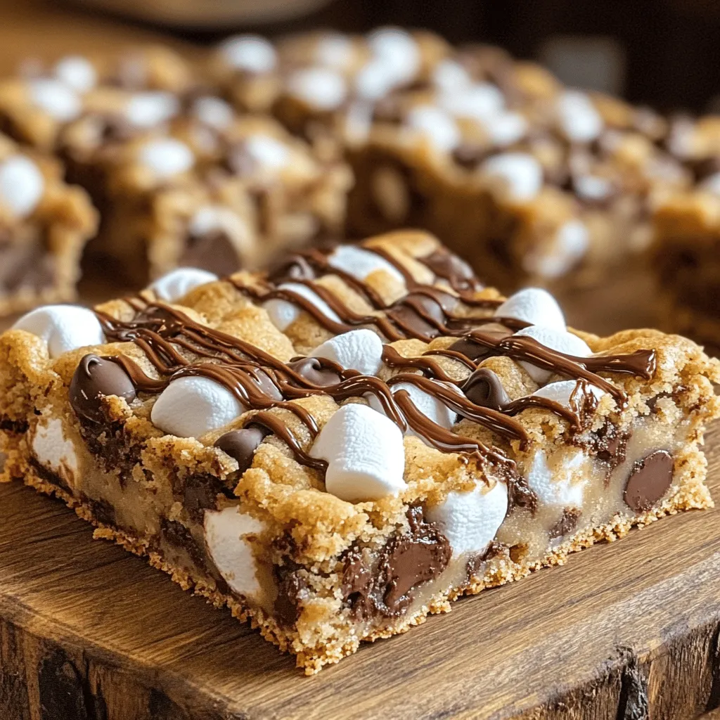To make S'mores Cookie Bars, you need a few key items. Gather these ingredients for a tasty treat: - 1 cup unsalted butter, softened to room temperature - 1 cup packed brown sugar - 1/2 cup granulated sugar - 2 large eggs, preferably at room temperature - 2 teaspoons pure vanilla extract - 2 1/4 cups all-purpose flour - 1 teaspoon baking soda - 1/2 teaspoon salt - 1 cup semi-sweet chocolate chips - 1 cup mini marshmallows - 1 cup graham cracker crumbs Each ingredient plays a vital role. The butter offers richness and moisture. Brown sugar gives a deep flavor and chewiness. Granulated sugar adds sweetness and helps with browning. Eggs bind everything together. Vanilla extract enhances the cookie's overall taste. All-purpose flour provides structure, while baking soda helps them rise. Salt balances the sweetness. Chocolate chips and mini marshmallows are the stars, creating that classic s'mores flavor. Lastly, graham cracker crumbs add crunch and that unmistakable s'mores taste. This recipe makes it easy to enjoy a campfire favorite right at home. For the full recipe, check the detailed instructions provided earlier. To start, gather all your ingredients. You will need: - 1 cup unsalted butter, softened to room temperature - 1 cup packed brown sugar - 1/2 cup granulated sugar - 2 large eggs, preferably at room temperature - 2 teaspoons pure vanilla extract - 2 1/4 cups all-purpose flour - 1 teaspoon baking soda - 1/2 teaspoon salt - 1 cup semi-sweet chocolate chips - 1 cup mini marshmallows - 1 cup graham cracker crumbs Make sure to measure everything correctly. This helps the bars turn out just right. In a large bowl, combine the softened butter, brown sugar, and granulated sugar. Beat them together with an electric mixer. Mix on medium speed until the mixture is light and fluffy. This should take about 2-3 minutes. Next, add the eggs one at a time. Mix well after each egg. Then, stir in the vanilla extract until it is fully mixed in. In another bowl, whisk together the flour, baking soda, and salt. Slowly add this dry mix to the wet ingredients. Stir until just combined. Do not overmix; this keeps the bars tender. Now, fold in the chocolate chips and graham cracker crumbs. Make sure they are spread evenly throughout the dough. Spread half of the cookie dough in the bottom of a greased 9x13 inch baking pan. Press it down gently. Next, sprinkle the mini marshmallows evenly over this layer. Spoon the rest of the dough on top of the marshmallows. Use your hands or a spatula to spread it out, covering the marshmallows as much as you can. Place the pan in a preheated oven at 350°F (175°C). Bake for 25-30 minutes. The edges should be golden brown, and the center should feel set when pressed lightly. After baking, let the bars cool in the pan for about 10 minutes. Then slice them into squares. For the best taste, serve them warm. Enjoy the gooey marshmallow goodness! To get the best texture, use room temperature butter. This helps the sugar mix well. Cream the butter and sugars until fluffy. This step adds air, making your bars light. Don't overmix the batter. Mix until just combined to keep them soft. Overbaking can ruin your cookie bars. Keep a close watch on the time. Bake until the edges turn golden brown. The center should feel set but not hard. After baking, let them cool in the pan. This helps keep the bars chewy and moist. You can add a twist to your S'mores Cookie Bars. Try using dark chocolate or white chocolate chips. Add nuts for crunch, like chopped walnuts or pecans. You can also sprinkle a bit of sea salt on top for a tasty contrast. For more flavor, mix in a dash of cinnamon or espresso powder. These small changes can make your treat even more special. Explore these options to find your favorite flavor! {{image_4}} You can make these cookie bars gluten-free. Use a gluten-free flour blend instead of all-purpose flour. Look for a blend that works well for baking. This swap keeps the texture nice and soft. You can also use gluten-free graham cracker crumbs. This way, you can enjoy S'mores Cookie Bars without worry. Mix-ins change the flavor and texture. Try adding nuts like walnuts or pecans for crunch. You can also use different chocolates. Dark chocolate chips or white chocolate chips add a unique taste. For a fun twist, add butterscotch chips or peanut butter chips. Mix and match to find your favorite combos. To make these cookie bars vegan, swap out the eggs. Use flax eggs instead. Mix one tablespoon of flaxseed meal with three tablespoons of water. Let it sit until it thickens. Instead of butter, use a plant-based margarine or coconut oil. Choose dairy-free chocolate chips. These simple changes keep the taste great while being plant-based. For the full recipe, check out the detailed steps in the earlier section. To keep your S'mores Cookie Bars fresh, store them in an airtight container. This will help keep them moist and tasty. Place a layer of wax paper or parchment paper between layers if you stack them. It prevents sticking and preserves that gooey texture. You can freeze the cookie bars if you have extras. Cut them into squares and wrap each piece tightly in plastic wrap. Place the wrapped pieces in a freezer bag. They will stay good for about three months. When ready to eat, thaw them at room temperature or warm them in the microwave. To maintain their flavor, store the cookie bars at room temperature for up to five days. Keep them away from direct sunlight or heat. Avoid refrigerating them, as this can make the bars dry and hard. Enjoy your sweet treat while it’s still soft and delicious! For the full recipe, check back to make these delightful bars. S'mores cookie bars can last up to five days when stored properly. Keep them in an airtight container at room temperature. If you want them to last longer, you can freeze them for up to three months. Just make sure to wrap them well in plastic wrap or foil before freezing. Yes, you can use various types of chocolate. Dark chocolate, milk chocolate, or even white chocolate can work well. Each type brings a unique flavor to the bars. Feel free to mix and match chocolate types to find your perfect taste. If you don't have graham crackers, use digestive biscuits or vanilla wafers. You can also crush other cookies to create a similar texture. Just keep in mind that the flavor might change a bit, but it will still be delicious! Yes, you can make S'mores cookie bars ahead of time. Bake them, cool them, and store them in an airtight container. You can also freeze them after baking. Just remember to thaw them before serving for the best taste. For the full recipe, check out the complete instructions! This blog gave you a clear guide to making S'mores Cookie Bars. You learned about the key ingredients and step-by-step instructions. I shared tips for perfect texture, avoiding overbaking, and adding fun flavors. You can also try gluten-free or vegan versions. Remember to store them right to keep them fresh. Enjoy these tasty treats with your friends or family. With simple steps, you can create a delicious dessert that everyone will love.