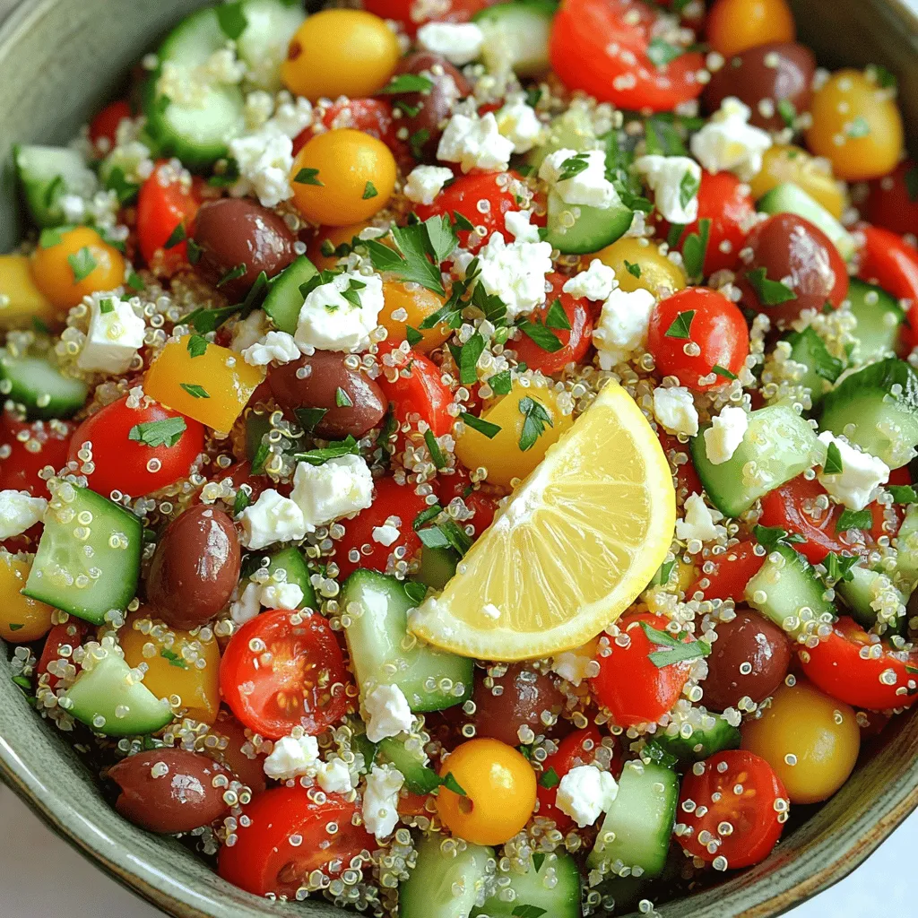 To make a tasty Mediterranean quinoa salad, gather these key ingredients: - 1 cup quinoa, thoroughly rinsed under cold water - 2 cups vegetable broth (or water for a lighter flavor) - 1 cup cherry tomatoes, halved for juiciness - 1 cucumber, diced into bite-sized pieces - 1 bell pepper, diced (choose red or yellow for sweetness) - 1/2 red onion, finely chopped for a kick of flavor - 1/2 cup Kalamata olives, pitted and sliced for briny depth - 1/2 cup feta cheese, crumbled to add creaminess - 1/4 cup fresh parsley, chopped for a burst of freshness These ingredients create a colorful and vibrant dish that is both healthy and full of flavor. You can customize your salad with some optional add-ins. Consider these: - Avocado, diced for creaminess - Artichoke hearts, chopped for a tangy kick - Sun-dried tomatoes, sliced for added richness - Chickpeas, drained and rinsed for protein These additions can enhance the taste and texture of your salad, making it even more enjoyable. A great dressing will tie your salad together. For a zesty finish, use: - 1/4 cup olive oil, extra virgin for richness - 2 tablespoons lemon juice, freshly squeezed for acidity - 1 teaspoon dried oregano, for a hint of Mediterranean aroma - Salt and pepper to taste Whisk these ingredients together for a bright and lively dressing. It will elevate your Mediterranean quinoa salad to new heights. For the full recipe, check the complete guide to make this dish shine. To start, rinse 1 cup of quinoa under cold water. This step removes the bitter coating. Next, combine the rinsed quinoa with 2 cups of vegetable broth in a medium saucepan. Heat on medium until it boils. Once boiling, lower the heat and cover it. Let it simmer for 15 minutes. The quinoa will absorb the broth and become fluffy. After cooking, let it cool for a few minutes before using it in the salad. While the quinoa cools, prepare your veggies. Slice 1 cup of cherry tomatoes in half. Dice 1 cucumber and 1 bell pepper into small pieces. For added flavor, finely chop 1/2 red onion. Slice 1/2 cup of Kalamata olives. Gather all these colorful ingredients in a large mixing bowl. Add 1/2 cup of crumbled feta cheese and 1/4 cup of chopped parsley for freshness. Once the quinoa is cool, fluff it gently with a fork. Add the fluffy quinoa to the bowl with the vegetables. In a small bowl, whisk together 1/4 cup of olive oil, 2 tablespoons of lemon juice, and 1 teaspoon of dried oregano. Season with salt and pepper. Drizzle this dressing over the salad. Toss everything gently until mixed well. Let the salad rest for 15-30 minutes. This step helps the flavors blend perfectly. For the full recipe, check the complete instructions above. To make fluffy quinoa, rinse it well. Rinsing removes the bitter coating called saponin. After rinsing, cook it in vegetable broth or water. Use a ratio of 1 cup quinoa to 2 cups broth. Bring it to a boil, then reduce the heat low. Cover and let it simmer for about 15 minutes. Once done, let it sit for a few minutes. Fluff it gently with a fork to separate the grains. This method ensures each bite is light and fluffy. Balancing flavors is key to a great salad. Start with fresh ingredients like cherry tomatoes and cucumbers. Their natural sweetness adds freshness. Incorporate salty components like Kalamata olives and feta cheese. They bring depth to the dish. Don't forget the dressing! A mix of olive oil and lemon juice brightens the flavors. Taste as you go. Adjust with salt and pepper to find that perfect balance. This way, each bite bursts with flavor. Presentation makes your salad inviting. Use a large, colorful bowl for serving. This adds charm to your meal. You can also portion it into smaller dishes for individual servings. Garnish with extra parsley for a pop of color. A slice of lemon on the side adds elegance and freshness. This simple touch makes your salad look gourmet and appetizing. Enjoy this delightful treat with friends and family! For the full recipe, check the main article. {{image_4}} To make this salad more filling, you can add protein. Chickpeas are a great choice. They add a nice texture and flavor. You can also use grilled chicken or shrimp for a meaty bite. If you want a quick option, canned beans work well too. Just rinse and drain them before mixing in. If you want to keep this dish vegan, there are tasty substitutes for feta. Try using tofu crumbles mixed with lemon juice and nutritional yeast. This gives a cheesy taste without dairy. You can also use avocado for creaminess and healthy fats. Another option is to use a store-bought vegan feta. Seasonal ingredients can make this salad even better. In spring, add fresh asparagus for crunch. Summer is perfect for juicy peaches or strawberries. In fall, roasted sweet potatoes bring warmth and sweetness. Winter calls for hearty kale or even some grated carrots. These swaps keep the salad fresh and exciting all year round. For the full recipe, check out the Mediterranean Quinoa Salad section above. Store your Mediterranean quinoa salad in an airtight container. This helps keep it fresh. Place it in the fridge right after serving. Make sure it cools down first. For best taste, consume it within three days. Keep the dressing separate if you want to enjoy the salad later. This way, the salad stays crisp and fresh. When stored properly, Mediterranean quinoa salad lasts about three to five days in the fridge. The flavors meld well but may fade over time. If the salad looks or smells off, it’s best to throw it out. Always trust your senses to judge freshness. You can freeze Mediterranean quinoa salad for later use. Pack it in freezer-safe bags or containers. Remove any excess air to prevent freezer burn. This salad stays good for about one month in the freezer. When ready to eat, thaw it overnight in the fridge. Before serving, give it a good stir and taste for seasoning. If needed, add a splash of lemon juice or olive oil for freshness. For the full recipe, check out the Mediterranean Quinoa Salad section above. Mediterranean Quinoa Salad is packed with nutrients. One serving has about: - 220 calories - 8 grams of protein - 10 grams of fat, mostly healthy fats - 30 grams of carbs - 5 grams of fiber Quinoa is a complete protein. It contains all nine essential amino acids. The vegetables add vitamins and minerals, making this salad a healthy choice. Yes, you can make Mediterranean Quinoa Salad in advance. It tastes even better after resting. I recommend making it a few hours before serving. Store it in the fridge for freshness. Just keep the salad covered to avoid drying out. If you want to swap quinoa, try these options: - Couscous: A quick-cooking grain that works well. - Farro: Chewy and nutty, it adds texture. - Brown rice: A hearty substitute that is easy to find. Each grain brings its own flavor and texture. However, adjust cooking times as needed. For the full recipe, check out the details included above. This blog post covered how to make a Mediterranean Quinoa Salad. We discussed key ingredients, easy steps, and helpful tips. You learned ways to boost flavor and make it your own. We also shared storage tips to keep your salad fresh. Making this dish is fun and healthy. It’s a great way to enjoy good food. Try it out, and let your creativity shine!