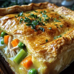 - 2 cups cooked chicken, shredded - 1 cup carrots, diced - 1 cup peas (fresh or frozen) - 1 cup celery, diced - 1/2 cup onion, diced - 1/3 cup all-purpose flour - 1 cup chicken broth - 1 cup milk - 1 teaspoon garlic powder - 1 teaspoon dried thyme - 1 tablespoon olive oil - Salt and pepper to taste - 1 package refrigerated pie crusts (or homemade, if preferred) - 1 egg, beaten (for egg wash) Each ingredient plays a key role in taste and texture. Use precise measurements to achieve the best results. For instance, too much flour may lead to a thick filling, while too little can make it runny. You can use fresh or frozen vegetables in your chicken pot pie. Fresh veggies bring a crisp taste, while frozen options save time. If you choose frozen peas, they heat quickly and add color. Fresh carrots and celery can enhance texture. I often mix both to enjoy the best of both worlds. To make a classic chicken pot pie, you need to gather your ingredients first. This recipe uses simple items that are easy to find. You will need cooked chicken, carrots, peas, celery, onion, flour, chicken broth, milk, garlic powder, thyme, olive oil, and a pie crust. Having everything ready helps you move smoothly through each step. 1. Preheat your oven to 425°F (220°C). This is key for a golden crust. 2. In a skillet, heat olive oil over medium heat. Add diced onions, celery, and carrots. Stir them for about 5 minutes until they are soft. 3. Add the peas and cook for 2 more minutes. This warms them up. 4. Sprinkle flour over the veggies and stir well. Cook for 1 minute to remove any raw taste. 5. Slowly pour in the chicken broth while stirring. This avoids lumps. Keep stirring until the mixture thickens, which takes about 3-4 minutes. 6. Add milk, garlic powder, thyme, salt, and pepper. Mix everything well. 7. Fold in the shredded chicken. Make sure it’s mixed well and then set it aside. 8. Take one pie crust and fit it into a 9-inch pie dish. Pour in the chicken filling. 9. Roll out the second crust and place it on top. Crimp the edges to seal them. Cut small slits on top for steam to escape. 10. Brush the top with beaten egg for a nice finish. Bake for 30-35 minutes until golden brown. Let it cool for 10 minutes before serving. For a great crust, keep your ingredients cold. Use chilled butter or lard if you make your own. Roll the dough out gently to avoid tearing. If using store-bought crust, let it sit at room temperature for a few minutes before using. This makes it easier to handle. Don’t forget to brush the crust with egg wash for that beautiful shine. For more detailed steps, check the Full Recipe. To thicken your chicken pot pie filling, use flour. This simple method works well. First, sprinkle the flour over the veggie mix. Stir it in and cook for one minute. This helps remove any raw taste. Then, slowly add your chicken broth while stirring. This will create a nice, thick sauce. You want it creamy but not too thick. If it's too runny, add a bit more flour mixed with cold water. This method keeps your filling rich and tasty. Many home cooks face common pitfalls when making pot pie. One big mistake is overcooking the filling. If you cook it too long, the chicken can dry out. Another mistake is not seasoning enough. Always taste your filling and adjust the salt and pepper. Using fresh herbs makes a big difference too. Avoid using a pie crust that’s too thick. A thin crust bakes better and gets that nice golden color. Lastly, don’t forget to cut slits in the top crust for steam to escape. Herbs and spices can elevate your pot pie. I love using dried thyme, as it adds warmth. Garlic powder boosts the flavor too. For a fresh twist, try adding parsley or rosemary. You can mix in a pinch of nutmeg for a unique taste. Adjust these seasonings to fit your preference. Fresh herbs can also brighten the dish. A little goes a long way, so use them wisely. Experiment with flavors until you find your favorite combination. Enjoy your cooking journey with these tips! {{image_4}} If you want to switch up the classic chicken pot pie, there are many tasty choices. You can use turkey, beef, or even seafood. Each option brings its own flavor. Turkey works well during holidays. Beef gives a hearty twist, while seafood adds a light touch. Consider using cooked meats to make the process smoother. You can create a vegetarian version of chicken pot pie, too. Replace the chicken with hearty vegetables like mushrooms, zucchini, or eggplant. For protein, add chickpeas or lentils. Use vegetable broth instead of chicken broth. This keeps the dish rich and satisfying without meat. You still get that creamy filling and flaky crust that everyone loves. The crust makes a big difference in chicken pot pie. You can choose homemade or store-bought. Homemade crust gives a fresh taste and texture. It allows you to control the ingredients too. But, if you're short on time, store-bought crust works well. Just remember to follow the baking instructions on the package. Each type brings its own charm to the dish. To see the full recipe for classic chicken pot pie, check [Full Recipe]. To keep your chicken pot pie fresh, let it cool completely first. Wrap it tightly in plastic wrap or aluminum foil. You can also store it in an airtight container. This helps keep moisture in and prevents any strong odors from other foods. Store it in the fridge for up to three days. When you're ready to enjoy your chicken pot pie again, preheat your oven to 350°F (175°C). Remove any wrapping and place the pie on a baking sheet. Cover the top loosely with foil to prevent over-browning. Heat for about 20-25 minutes. If you like a crispier crust, remove the foil for the last 5 minutes of heating. Make sure the center is hot before serving! Freezing is a great option if you want to save some pie for later. Prepare your pie as usual, but do not bake it. Wrap it well in plastic wrap and then in foil to keep it airtight. You can freeze it for up to three months. When you’re ready to bake, remove the wrapping and bake it from frozen at 425°F (220°C) for about 50-60 minutes. This method keeps the filling tasty and the crust flaky. Enjoy your chicken pot pie anytime! For more detailed steps, check out the Full Recipe for guidance. Yes, you can make Classic Chicken Pot Pie ahead of time. Prepare the filling and crust, then store them separately. Keep the filling in the fridge for up to two days. For longer storage, freeze the filling for up to three months. When ready to bake, assemble the pie and bake it straight from frozen or after thawing. This saves time and ensures a fresh meal on busy nights. If you want a chicken pot pie without chicken, try these options: - Cooked turkey - Shredded beef - Diced tofu - Chickpeas - Mushrooms Each option brings its own flavor. Adjust the cooking time accordingly, especially for meat. To make the pot pie filling ahead of time, follow these steps: 1. Cook the filling as per the recipe. 2. Let it cool completely. 3. Store it in an airtight container. You can refrigerate it for up to two days or freeze it for up to three months. When you are ready to use it, thaw it in the fridge overnight. This makes meal prep easy and quick. Check out the Full Recipe for more detailed instructions. In this blog post, we explored how to make the classic chicken pot pie. We discussed key ingredients, measurement details, and the choice between fresh and frozen veggies. You learned step-by-step instructions for preparing and cooking, along with tips for a perfect crust. We covered ways to thicken the filling, common mistakes, and flavor enhancements. Finally, I shared storage methods and answers to common questions. With this guide, you can create a delicious chicken pot pie that everyone will love. Enjoy making it your own!