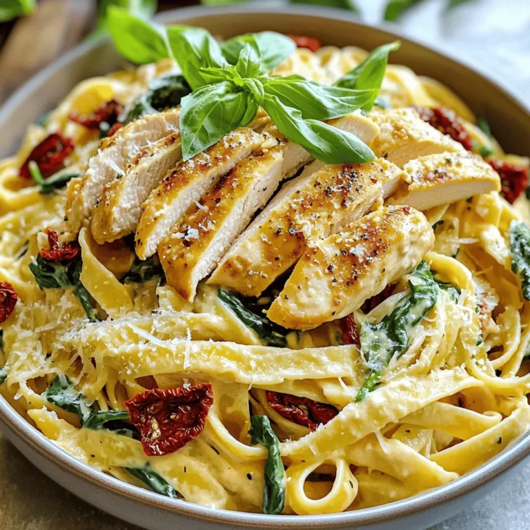 For Marry Me Chicken Pasta, you need some simple but tasty ingredients. Here’s what you will need: - 2 chicken breasts, sliced into thin strips - 8 ounces fettuccine pasta - 1 cup sun-dried tomatoes in oil, roughly chopped - 3 cups fresh baby spinach - 1 cup heavy cream - 1 cup freshly grated Parmesan cheese - 3 cloves garlic, minced - 1 teaspoon Italian seasoning - Salt and freshly ground black pepper to taste - 2 tablespoons extra virgin olive oil - Fresh basil leaves for garnish These ingredients come together to create a rich and creamy dish. The chicken adds protein and flavor. The fettuccine pasta gives a nice texture. Sun-dried tomatoes bring a sweet and tangy taste. Fresh spinach adds color and nutrition. Heavy cream and Parmesan cheese create a dreamy sauce. Garlic and Italian seasoning bring depth to the dish. With this list, you can make an amazing meal. You won’t just impress your family; they might even ask for seconds! For the full recipe, check the instructions to create this delightful dish. Start by bringing a large pot of salted water to a boil. This step is key for tasty pasta. Once the water is boiling, add the fettuccine pasta. Cook it until it is al dente, which usually takes about 8-10 minutes. When done, drain the pasta in a colander and set it aside. Next, heat olive oil in a large skillet over medium-high heat. When the oil is hot, add the sliced chicken. Season the chicken with salt, pepper, and Italian seasoning. Cook it for about 6-8 minutes until it turns golden brown and is fully cooked. Remove the chicken from the skillet and keep it warm on a plate. In the same skillet, add minced garlic and chopped sun-dried tomatoes. Sauté them for 1-2 minutes while stirring often. This helps to infuse the flavors and release the garlic's aroma. Now, lower the heat to medium. Pour in the heavy cream and add the grated Parmesan cheese. Stir until the cheese melts and the sauce becomes smooth. Toss in the fresh spinach and cook for 2-3 minutes until it wilts. Gently fold the cooked fettuccine and chicken back into the skillet. Toss everything together until the pasta and chicken are coated in the creamy sauce. Taste it and adjust the seasoning with salt and pepper if needed. Serve the pasta right away. Garnish it with fresh basil leaves on top. For a beautiful touch, drizzle some extra creamy sauce over the dish. You can also sprinkle more Parmesan cheese for a delightful finish. Enjoy this dish with loved ones for a perfect weeknight meal. For the complete process, check the Full Recipe. - Ensuring tender chicken: To keep your chicken juicy, avoid overcooking it. Cook until golden brown and just cooked through, about 6-8 minutes. Let it rest before adding it back to the dish. This helps maintain moisture. - Achieving the right sauce consistency: When you add the heavy cream, stir slowly to combine it well with the cheese. If the sauce is too thick, add a splash of pasta water to loosen it. This keeps it creamy but not too heavy. - Adjustments for different pasta types: If you use penne or spaghetti instead of fettuccine, adjust the cooking time as per the package instructions. Usually, penne takes about 11-13 minutes, while spaghetti cooks in about 8-10 minutes. - Cooking variations for dietary preferences: For gluten-free options, substitute fettuccine with gluten-free pasta. You can also use zoodles (zucchini noodles) for a low-carb option. Both variations work well with the creamy sauce. - Best side dishes and wines to serve: Serve Marry Me Chicken Pasta with a light garden salad. A crisp white wine, like Pinot Grigio, pairs nicely. If you prefer red, try a light-bodied Chianti. The acidity in these wines enhances the creamy sauce. These tips will elevate your cooking experience and help you create a truly delightful meal. If you want the full details on making Marry Me Chicken Pasta, check the Full Recipe. {{image_4}} You can switch up the protein in Marry Me Chicken Pasta. Try shrimp or turkey if you want a change. Both options cook quickly and blend well with the creamy sauce. For pasta, any long noodle works. Spaghetti or linguine are great alternatives. Just ensure you cook them to the right texture. If you seek vegan options, use plant-based chicken. Brands like Beyond Meat or tofu work well. For the cream, coconut milk or cashew cream can mimic the richness. Add extra vegetables to boost nutrition. Chopped bell peppers, mushrooms, or zucchini are all great choices. Sauté them with the garlic for full flavor. For a spicy kick, add red pepper flakes or fresh chili. You can also try smoked paprika for a warm, smoky taste. Adjust the spice to match your taste. Meal prep this dish for quick weeknight dinners. Make a big batch, then store portions in containers. You can easily heat them up for busy nights. If you have leftovers, transform them into a delicious pasta bake. Just add extra cheese on top and bake until bubbly. You can also toss them into a salad for a fresh twist. To store leftovers of Marry Me Chicken Pasta, let it cool first. Place it in an airtight container. This keeps the flavors fresh. Store it in the fridge. You can enjoy it for up to three days. After that, the taste starts to fade. If you want to freeze it, use a freezer-safe container. Make sure to leave some space at the top. The pasta expands when frozen. It can last in the freezer for up to three months. When ready to eat, thaw it overnight in the fridge. To reheat, place the pasta in a pan over low heat. Add a splash of cream or broth to keep it moist. Stir often until it’s heated through. Enjoy your delicious meal again! For the full recipe, check out the complete details. Marry Me Chicken Pasta is a creamy dish that blends flavors beautifully. It features chicken, sun-dried tomatoes, and fresh spinach. The rich sauce makes it truly special. You won’t want to miss this dish on your table. The name promises romance, and the taste delivers! Yes, you can prepare Marry Me Chicken Pasta ahead of time. Cook the chicken and sauce, then combine with pasta later. Store everything separately in the fridge. When you’re ready to eat, just heat it up. This makes weeknight meals easy and stress-free. You can modify Marry Me Chicken Pasta for different diets. For a gluten-free option, use gluten-free pasta. If you're dairy-free, try coconut cream and a dairy-free cheese. These swaps keep the dish tasty while catering to your needs. Always check labels to ensure suitability. To make a lighter version of Marry Me Chicken Pasta, consider these swaps: - Use low-fat cream or Greek yogurt instead of heavy cream. - Opt for whole wheat pasta for added fiber. - Add more veggies, like zucchini or bell peppers, for extra nutrients. Absolutely! You can use various pasta types for Marry Me Chicken Pasta. Fettuccine is classic, but penne, farfalle, or even spaghetti work well too. Each type offers a different texture and bite. Choose what you love, and the dish will still shine! This post shared a simple recipe for Marry Me Chicken Pasta. We covered the key ingredients, step-by-step cooking methods, and tips for perfecting the dish. You can adjust the recipe to fit your tastes or dietary needs. Remember, cooking is fun and creative. Don't hesitate to try new flavors or add your touch. Enjoy making this dish! Your loved ones will surely appreciate the effort and care you put into it. Keep exploring and cooking delicious meals!