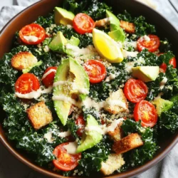 For a vibrant and fresh Vegetarian Caesar Salad, you need quality ingredients. Here’s what you will need: - 1 cup quinoa, thoroughly rinsed - 2 cups vegetable broth - 4 cups kale, stems removed and leaves torn - 1 tablespoon extra-virgin olive oil - Salt and freshly cracked pepper, to taste - 1 cup cherry tomatoes, halved - ½ cup grated Parmesan cheese (or nutritional yeast for vegan) - 1 ripe avocado, thinly sliced - ½ cup croutons - 2 tablespoons freshly squeezed lemon juice - 1 tablespoon Dijon mustard - 1 clove garlic, finely minced - 2 tablespoons tahini These ingredients create a salad that is both filling and nutritious. Quinoa serves as a great base, while kale adds a lovely crunch. You can always tweak flavors to suit your taste. Here are some ideas: - Use vegetable broth for cooking quinoa for more flavor. - Swap out Parmesan for nutritional yeast for a vegan option. - Add a dash of Worcestershire sauce for a deeper flavor (ensure it's vegan). - Use lime juice instead of lemon for a different zest. These swaps keep the dish fresh and exciting while still staying true to a Caesar salad's roots. Feel free to get creative with your salad. Here are some fun ideas: - Add roasted chickpeas for extra protein and crunch. - Top with sliced olives for a briny kick. - Include different greens like romaine or spinach for variety. - Toss in some roasted red peppers for sweetness. - Consider adding a sprinkle of crushed red pepper for heat. These options let you customize your salad to fit your mood or the season. You can find the full recipe to guide you through each step. Enjoy making this delightful dish! To cook the quinoa, start by bringing vegetable broth to a boil in a medium pot. Once boiling, add 1 cup of rinsed quinoa. Lower the heat to a simmer and cover the pot. Cook for about 15 minutes, or until the liquid is gone. When done, fluff the quinoa with a fork. Set it aside to cool to room temperature. Next, preheat your oven to 350°F (175°C). Take 4 cups of torn kale leaves and place them on a large baking sheet. Drizzle 1 tablespoon of olive oil over the kale. Sprinkle salt and freshly cracked pepper on top. Use your hands to massage the leaves gently. This helps them get crispy. Bake for 10-15 minutes until the edges are brown, but watch closely to avoid burning. In a small bowl, whisk together 2 tablespoons of lemon juice, 1 tablespoon of Dijon mustard, 1 minced garlic clove, and 2 tablespoons of tahini. Mix until smooth. If you want a thinner dressing, add water slowly, one tablespoon at a time. Stop when it reaches your desired thickness. Now, grab a large mixing bowl. Combine the cooled quinoa, crispy kale, 1 cup of halved cherry tomatoes, and ½ cup of grated Parmesan cheese (or nutritional yeast for a vegan option). Drizzle the dressing over the salad mixture. Toss gently to coat everything well. When you're ready to serve, add sliced avocado on top and sprinkle with croutons for crunch. Enjoy your fresh and flavorful Vegetarian Caesar Salad! For the complete recipe, refer to the [Full Recipe]. To make a great dressing, start with fresh ingredients. Use ripe lemons for juice. It adds a bright flavor. Mix lemon juice, Dijon mustard, minced garlic, and tahini in a bowl. Whisk until smooth. To adjust the thickness, add water slowly. Aim for a creamy yet pourable consistency. This dressing should coat the salad nicely without being too runny. Add extras to boost the salad's taste. Consider using roasted chickpeas for crunch. They add protein and fiber, making the salad heartier. You can also toss in capers for a salty kick. Fresh herbs like basil or parsley work well too. They bring freshness and color. For a spicy twist, add sliced jalapeños or a dash of red pepper flakes. Avoid overcooking the quinoa. It should be fluffy, not mushy. Wash the kale well to remove grit, then dry it completely. Wet leaves won't crisp up in the oven. Don’t skip massaging the kale with olive oil and salt. This step makes the leaves tender. Lastly, mix the dressing with the salad just before serving. This keeps the greens crisp and fresh. For the full recipe, check out the Crispy Kale & Quinoa Caesar Salad. {{image_4}} You can easily make this salad vegan. Instead of Parmesan cheese, use nutritional yeast. It gives a cheesy flavor without dairy. For the dressing, replace tahini with blended silken tofu for a creamy texture. This swap adds protein while keeping it plant-based. You can also increase the lemon juice for extra tang. To make this salad gluten-free, choose croutons made from gluten-free bread. You can also skip croutons and add roasted chickpeas for crunch. They give great texture and protein. Make sure your Dijon mustard is gluten-free, as some brands contain gluten. This keeps your salad safe for gluten-sensitive eaters. If you want more protein in your salad, consider adding cooked chickpeas or black beans. These legumes mix well and boost nutrition. Grilled tofu or tempeh also makes a great addition. For a heartier meal, try adding roasted sweet potatoes or quinoa. They add flavor and fill you up. For the full recipe, check out the Crispy Kale & Quinoa Caesar Salad. After you enjoy your delicious Vegetarian Caesar Salad, store leftovers in an airtight container. This keeps the salad fresh and tasty. Place it in the fridge. It will stay good for about three days. If you have extra dressing, keep it in a separate container. This will stop the salad from getting soggy. If you have leftover quinoa, reheat it easily. Pour the quinoa into a pot with a splash of water. Heat it on low until warm. Stir it often. You can also use a microwave. Just cover it and heat for about one minute. Fluff it with a fork before adding to your salad. To keep your salad fresh, follow a few tips: - Store kale in a cool, dry place. Wrap it in a damp paper towel to maintain moisture. - Keep cherry tomatoes on the counter. They taste better at room temperature. - Refrigerate avocado only if it's cut. Use lemon juice on the cut side to stop browning. - Check your croutons for freshness. Store them in a sealed bag to keep them crunchy. These steps help you enjoy your salad at its best! For the full recipe, check out the Crispy Kale & Quinoa Caesar Salad. Yes, you can prepare parts of this salad in advance. Cook the quinoa and make the dressing a day before. Store them in airtight containers in the fridge. You can also wash and tear the kale. However, I recommend adding the avocado and croutons just before serving. This keeps them fresh and crisp. If you want a dairy-free option, nutritional yeast works great. It adds a cheesy flavor without using cheese. You can also use vegan Parmesan or a mix of ground nuts for a similar taste. In a pinch, you can skip cheese entirely; the salad will still taste fresh and delicious. Store leftover dressing in a sealed jar in the fridge. It lasts about a week. Stir it well before using again. If it thickens, add a bit of water to thin it out. You can use it on other salads or as a dip for veggies. A vegetarian Caesar salad is packed with nutrients. Quinoa adds protein and fiber, which keeps you full. Kale is rich in vitamins A, C, and K. Avocado provides healthy fats. This salad is low in calories but high in flavor. It’s a great choice for a light meal or side dish. This blog post showed you how to make a delicious vegetarian Caesar salad. We covered essential ingredients and tasty toppings. You learned step-by-step how to cook quinoa, prepare crispy kale, and make the perfect dressing. I shared tips to help you avoid common mistakes and variations to fit your diet. In summary, this salad is easy to customize and store. Enjoy your quick, healthy meal!