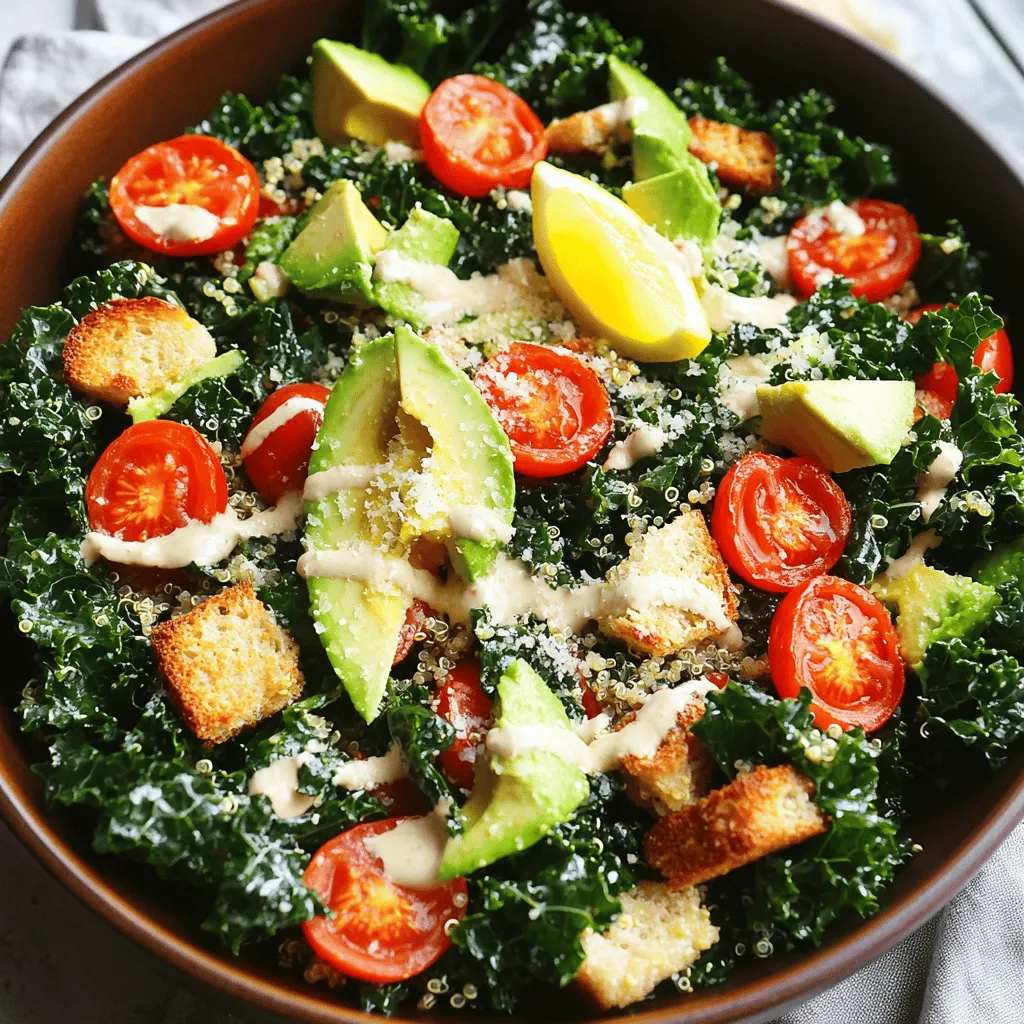 For a vibrant and fresh Vegetarian Caesar Salad, you need quality ingredients. Here’s what you will need: - 1 cup quinoa, thoroughly rinsed - 2 cups vegetable broth - 4 cups kale, stems removed and leaves torn - 1 tablespoon extra-virgin olive oil - Salt and freshly cracked pepper, to taste - 1 cup cherry tomatoes, halved - ½ cup grated Parmesan cheese (or nutritional yeast for vegan) - 1 ripe avocado, thinly sliced - ½ cup croutons - 2 tablespoons freshly squeezed lemon juice - 1 tablespoon Dijon mustard - 1 clove garlic, finely minced - 2 tablespoons tahini These ingredients create a salad that is both filling and nutritious. Quinoa serves as a great base, while kale adds a lovely crunch. You can always tweak flavors to suit your taste. Here are some ideas: - Use vegetable broth for cooking quinoa for more flavor. - Swap out Parmesan for nutritional yeast for a vegan option. - Add a dash of Worcestershire sauce for a deeper flavor (ensure it's vegan). - Use lime juice instead of lemon for a different zest. These swaps keep the dish fresh and exciting while still staying true to a Caesar salad's roots. Feel free to get creative with your salad. Here are some fun ideas: - Add roasted chickpeas for extra protein and crunch. - Top with sliced olives for a briny kick. - Include different greens like romaine or spinach for variety. - Toss in some roasted red peppers for sweetness. - Consider adding a sprinkle of crushed red pepper for heat. These options let you customize your salad to fit your mood or the season. You can find the full recipe to guide you through each step. Enjoy making this delightful dish! To cook the quinoa, start by bringing vegetable broth to a boil in a medium pot. Once boiling, add 1 cup of rinsed quinoa. Lower the heat to a simmer and cover the pot. Cook for about 15 minutes, or until the liquid is gone. When done, fluff the quinoa with a fork. Set it aside to cool to room temperature. Next, preheat your oven to 350°F (175°C). Take 4 cups of torn kale leaves and place them on a large baking sheet. Drizzle 1 tablespoon of olive oil over the kale. Sprinkle salt and freshly cracked pepper on top. Use your hands to massage the leaves gently. This helps them get crispy. Bake for 10-15 minutes until the edges are brown, but watch closely to avoid burning. In a small bowl, whisk together 2 tablespoons of lemon juice, 1 tablespoon of Dijon mustard, 1 minced garlic clove, and 2 tablespoons of tahini. Mix until smooth. If you want a thinner dressing, add water slowly, one tablespoon at a time. Stop when it reaches your desired thickness. Now, grab a large mixing bowl. Combine the cooled quinoa, crispy kale, 1 cup of halved cherry tomatoes, and ½ cup of grated Parmesan cheese (or nutritional yeast for a vegan option). Drizzle the dressing over the salad mixture. Toss gently to coat everything well. When you're ready to serve, add sliced avocado on top and sprinkle with croutons for crunch. Enjoy your fresh and flavorful Vegetarian Caesar Salad! For the complete recipe, refer to the [Full Recipe]. To make a great dressing, start with fresh ingredients. Use ripe lemons for juice. It adds a bright flavor. Mix lemon juice, Dijon mustard, minced garlic, and tahini in a bowl. Whisk until smooth. To adjust the thickness, add water slowly. Aim for a creamy yet pourable consistency. This dressing should coat the salad nicely without being too runny. Add extras to boost the salad's taste. Consider using roasted chickpeas for crunch. They add protein and fiber, making the salad heartier. You can also toss in capers for a salty kick. Fresh herbs like basil or parsley work well too. They bring freshness and color. For a spicy twist, add sliced jalapeños or a dash of red pepper flakes. Avoid overcooking the quinoa. It should be fluffy, not mushy. Wash the kale well to remove grit, then dry it completely. Wet leaves won't crisp up in the oven. Don’t skip massaging the kale with olive oil and salt. This step makes the leaves tender. Lastly, mix the dressing with the salad just before serving. This keeps the greens crisp and fresh. For the full recipe, check out the Crispy Kale & Quinoa Caesar Salad. {{image_4}} You can easily make this salad vegan. Instead of Parmesan cheese, use nutritional yeast. It gives a cheesy flavor without dairy. For the dressing, replace tahini with blended silken tofu for a creamy texture. This swap adds protein while keeping it plant-based. You can also increase the lemon juice for extra tang. To make this salad gluten-free, choose croutons made from gluten-free bread. You can also skip croutons and add roasted chickpeas for crunch. They give great texture and protein. Make sure your Dijon mustard is gluten-free, as some brands contain gluten. This keeps your salad safe for gluten-sensitive eaters. If you want more protein in your salad, consider adding cooked chickpeas or black beans. These legumes mix well and boost nutrition. Grilled tofu or tempeh also makes a great addition. For a heartier meal, try adding roasted sweet potatoes or quinoa. They add flavor and fill you up. For the full recipe, check out the Crispy Kale & Quinoa Caesar Salad. After you enjoy your delicious Vegetarian Caesar Salad, store leftovers in an airtight container. This keeps the salad fresh and tasty. Place it in the fridge. It will stay good for about three days. If you have extra dressing, keep it in a separate container. This will stop the salad from getting soggy. If you have leftover quinoa, reheat it easily. Pour the quinoa into a pot with a splash of water. Heat it on low until warm. Stir it often. You can also use a microwave. Just cover it and heat for about one minute. Fluff it with a fork before adding to your salad. To keep your salad fresh, follow a few tips: - Store kale in a cool, dry place. Wrap it in a damp paper towel to maintain moisture. - Keep cherry tomatoes on the counter. They taste better at room temperature. - Refrigerate avocado only if it's cut. Use lemon juice on the cut side to stop browning. - Check your croutons for freshness. Store them in a sealed bag to keep them crunchy. These steps help you enjoy your salad at its best! For the full recipe, check out the Crispy Kale & Quinoa Caesar Salad. Yes, you can prepare parts of this salad in advance. Cook the quinoa and make the dressing a day before. Store them in airtight containers in the fridge. You can also wash and tear the kale. However, I recommend adding the avocado and croutons just before serving. This keeps them fresh and crisp. If you want a dairy-free option, nutritional yeast works great. It adds a cheesy flavor without using cheese. You can also use vegan Parmesan or a mix of ground nuts for a similar taste. In a pinch, you can skip cheese entirely; the salad will still taste fresh and delicious. Store leftover dressing in a sealed jar in the fridge. It lasts about a week. Stir it well before using again. If it thickens, add a bit of water to thin it out. You can use it on other salads or as a dip for veggies. A vegetarian Caesar salad is packed with nutrients. Quinoa adds protein and fiber, which keeps you full. Kale is rich in vitamins A, C, and K. Avocado provides healthy fats. This salad is low in calories but high in flavor. It’s a great choice for a light meal or side dish. This blog post showed you how to make a delicious vegetarian Caesar salad. We covered essential ingredients and tasty toppings. You learned step-by-step how to cook quinoa, prepare crispy kale, and make the perfect dressing. I shared tips to help you avoid common mistakes and variations to fit your diet. In summary, this salad is easy to customize and store. Enjoy your quick, healthy meal!