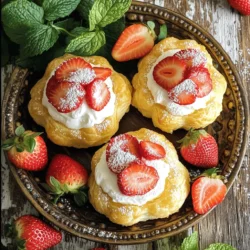 - Puff pastry sheets - Fresh strawberries - Heavy whipping cream - Powdered sugar - Pure vanilla extract - Fresh lemon juice - Fresh mint leaves - Additional powdered sugar for dusting When making Strawberry and Whipped Cream Puff Pastries, I rely on a few key ingredients. First, I use puff pastry sheets. These sheets create the light and flaky texture that makes this dessert shine. I always choose fresh strawberries for their sweet and juicy flavor. They add a burst of color, too. Heavy whipping cream is the star of the show. It transforms into a fluffy filling that complements the strawberries perfectly. For added sweetness, I sprinkle in powdered sugar. This helps balance the flavors. A splash of pure vanilla extract gives the cream a warm, inviting taste. Sometimes, I add fresh lemon juice to brighten the flavors. To make my pastries even more special, I like to garnish them. Fresh mint leaves add a touch of green and freshness. I also dust extra powdered sugar on top for a sweet finish. If you want to try this delightful dessert, check out the Full Recipe. You'll love how easy it is to make these treats at home! - Preheat your oven to 400°F (200°C). - Prepare a baking sheet by lining it with parchment paper. - Roll out each sheet of puff pastry on a lightly floured surface. - Cut the pastry into circles about 3-4 inches in diameter. - Arrange the circles evenly on the lined baking sheet. - Bake for 15-20 minutes, until they are golden brown and puffed. Watch closely to avoid overbaking. - In a medium bowl, mix heavy whipping cream, powdered sugar, vanilla extract, and lemon juice. - Whip the mixture until soft peaks form for a light, fluffy texture. - Slice each cooled pastry in half horizontally to create a top and bottom half. - On the bottom half, add a generous amount of whipped cream, then top with sliced strawberries. - Place the top half back on and dust with extra powdered sugar for a sweet finish. For the full recipe details, check out the complete list of instructions. Enjoy making these delightful pastries! - Ensuring even baking: Place your puff pastry circles on a baking sheet with space in between. This allows hot air to circulate. Avoid overcrowding to help them puff up nicely. - Avoiding overbaking: Keep an eye on your pastries while they bake. They should turn golden brown, not dark brown. If they start to brown too fast, lower the oven temperature slightly. - How to achieve soft peaks: Start with cold heavy whipping cream. Use an electric mixer on medium speed. Whip until soft peaks form, which means the cream holds its shape but still has a smooth texture. - Flavor enhancement ideas: Add a teaspoon of vanilla extract or a splash of lemon juice to your whipped cream. This adds a nice twist and brightens up the flavor. - Creative filling techniques: Use a piping bag to fill your pastries with whipped cream. This makes it easy to create a nice, even layer. You can also layer strawberries in between for added texture. - Best serving practices: Arrange your Strawberry Cloud Puffs on a pretty plate. Dust them lightly with powdered sugar for a touch of elegance. Garnish with fresh mint leaves and extra strawberries for color and freshness. You can find the full recipe to get started right away! {{image_4}} You can swap strawberries for many other fruits. Ripe peaches, sweet blueberries, or juicy raspberries make excellent choices. Each fruit brings its own flavor and sweetness. Seasonal fruit options are great too. In spring, use cherries or apricots. In summer, try fresh figs or blackberries. Fall invites flavors like apples or pears. Each fruit adds its own charm to your puff pastries. For a twist, consider adding chocolate or caramel. Melted chocolate can drizzle over the whipped cream. You can also mix in some cocoa powder to the cream for a chocolatey taste. Caramel sauce can add a rich sweetness. Infusing whipped cream with spices works well too. A touch of cinnamon or nutmeg can elevate the flavor. You can even try adding a hint of mint for freshness. If you need gluten-free options, look for gluten-free puff pastry. Many stores offer brands that taste great. You can also make your own with almond flour or coconut flour. If you prefer vegan whipped cream, coconut cream is a fantastic substitute. Just chill a can of coconut milk overnight, then whip it. This way, you can enjoy a delicious treat that fits your diet. For the full recipe, check out Strawberry Cloud Puffs! To store extras in the fridge, place the filled pastries in an airtight container. Keep them in the fridge for up to two days. The whipped cream lasts about two days too. If you notice it starting to separate, give it a quick whip to revive it. You can freeze unbaked pastry for later use. Wrap the pastry sheets tightly in plastic wrap and store them in the freezer. They stay fresh for up to three months. To freeze assembled puffs, first, chill them in the fridge. Then, wrap each puff in plastic wrap and place them in a freezer bag. They can also last for three months in the freezer. To reheat puff pastry, preheat your oven to 350°F (175°C). Place the pastries on a baking sheet. Heat them for about 10 minutes. This keeps the pastry crispy. Avoid microwaving, as it can make the pastry soggy. To maintain texture, enjoy them fresh after reheating. You can tell when puff pastry is ready by looking for these signs: - It should be golden brown all over. - The layers should be puffed and airy. - If you gently tap it, it should sound hollow. These signs mean the pastry has baked perfectly. Keep an eye on it, as ovens vary. Yes, you can prepare whipped cream in advance. Here are a few tips: - Whip the cream until soft peaks form. - Store it in an airtight container in the fridge. - It will stay good for about 24 hours. If you plan to use it later, give it a quick whip before serving. This keeps it fluffy and fresh. Absolutely! You can make this recipe gluten-free. Here are some recommended products: - Look for gluten-free puff pastry brands at stores. - Check labels to ensure they are certified gluten-free. These options will help you enjoy this dessert without gluten. Leftover puff pastry can be quite useful. Here are some creative ideas: - Make mini tarts with leftover dough and any filling you like. - Cut it into strips, twist, and bake for tasty snacks. - Use it for savory dishes, like hand pies or quiches. These ideas help you avoid waste and enjoy more delicious treats. This blog outlined how to create delicious puff pastry filled with strawberries and whipped cream. We covered essential and optional ingredients, along with step-by-step instructions. I shared tips for perfect pastry, creative variations, and useful storage info. In closing, this easy recipe can impress at any gathering. With a few simple twists, you can make it your own. Enjoy making and sharing these treats with family and friends!