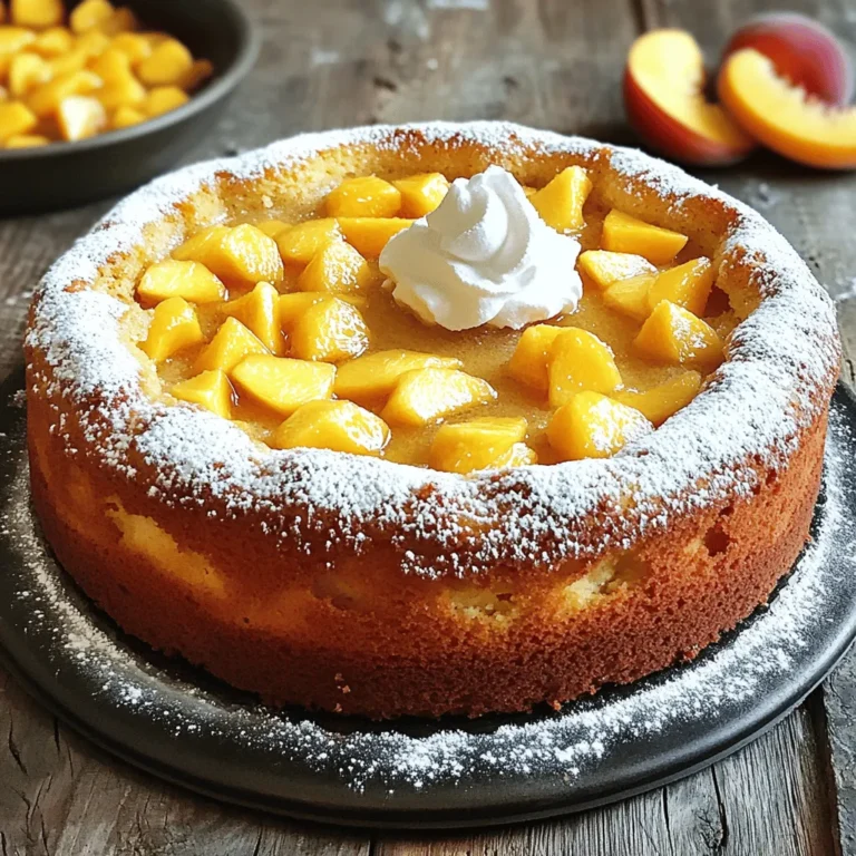 For this cake, choose ripe, fresh peaches. You need about 2 cups. Peel them, remove the pits, and dice them into small pieces. Fresh peaches give the best flavor and texture. If peaches are not in season, you can use frozen peaches. You will need a few key baking items for this recipe: - 1 cup granulated sugar - 1/2 cup unsalted butter, softened - 2 large eggs - 1 teaspoon pure vanilla extract - 1 1/2 cups all-purpose flour - 1 teaspoon baking powder - 1/2 teaspoon baking soda - 1/4 teaspoon salt - 1/2 cup buttermilk, at room temperature These ingredients work together to create a light and fluffy cake base. Make sure your butter is at room temperature for the best results. If you want to add more flavor, consider these optional ingredients: - 1 teaspoon ground cinnamon for warmth - Powdered sugar for dusting These extras can enhance your cake’s taste and look. Feel free to mix and match based on your preference. For the full details, check the Full Recipe. Start by preheating your oven to 350°F (175°C). Grab a 9-inch round cake pan. Lightly grease it with butter or non-stick spray. This step helps the cake come out easily after baking. In a large bowl, add the softened butter and granulated sugar. Use an electric mixer on medium speed. Beat the mixture for about 3 to 5 minutes. You want it to become light and fluffy. This process adds air to the batter, making your cake tender. In another bowl, whisk together the all-purpose flour, baking powder, baking soda, salt, and ground cinnamon if you choose to add it. This step ensures even mixing of dry ingredients. Next, slowly add the dry mix to the butter-sugar mixture. Alternate with the buttermilk. Start and end with the flour mix. Mix just until combined, avoiding overmixing. This keeps the cake light. Now, fold in the diced peaches with a spatula. Make sure they are evenly spread in the batter. Pour the batter into the prepared cake pan. Use a spatula to smooth the top. Place the pan in your preheated oven. Bake for 30 to 35 minutes. To check if it's done, insert a toothpick into the center. If it comes out clean, the cake is ready. Let it cool in the pan for 10 minutes, then transfer it to a wire rack. Once cool, dust the top with powdered sugar for a lovely touch before serving. For more details, check the Full Recipe. To get that lovely, light texture, follow these steps. First, use fresh peaches. They add moisture and flavor. Make sure your butter is soft. This helps create air when you mix. Cream the butter and sugar well. Mix for three to five minutes until fluffy. This is key for a soft cake. A dense cake can be a letdown. To avoid this, measure your flour correctly. Use the spoon and level method. Do not scoop the flour directly from the bag. Mix your wet and dry ingredients just until combined. Overmixing can lead to a heavy cake. Lastly, ensure you use fresh baking powder and baking soda. They help the cake rise. Serve your Peachy Paradise Cake with style. Add a dollop of whipped cream or vanilla ice cream for richness. Fresh peach slices on top make it pretty. You can also sprinkle powdered sugar for a sweet touch. This cake works well for parties or family gatherings. Enjoy the flavors with friends! For the complete recipe, check out the Full Recipe. {{image_4}} You can enjoy a gluten-free version of this peach cake. Use almond flour or a gluten-free flour blend. These options keep the cake moist and flavorful. Just replace the all-purpose flour with the gluten-free choice in the recipe. This swap makes it easy for those with gluten issues to savor this tasty treat. Spices can elevate the flavor of your peach cake. Ground cinnamon adds warmth and depth. You can also try nutmeg or ginger for a twist. Mix in one teaspoon of your chosen spice with the dry ingredients. This small change gives your cake a cozy, aromatic touch. Feel free to mix in other fruits with your peaches. Cherries, blueberries, or raspberries work well. They add color and flavor to the cake. Chop the fruits into small pieces, similar to the peaches. This ensures even distribution in the batter. You can create a fruity blend that suits your taste. To keep your peach cake fresh, let it cool completely. Wrap it tightly in plastic wrap or place it in an airtight container. Store it at room temperature for up to three days. If you want it to last longer, consider refrigerating it. Just remember to bring it to room temperature before serving. You can freeze the peach cake for later enjoyment. First, let it cool fully. Then, wrap slices in plastic wrap, followed by aluminum foil. This will help protect the cake from freezer burn. It can stay frozen for up to three months. When you're ready to eat it, just thaw it in the fridge overnight. To reheat your cake, place it in an oven set at 350°F (175°C) for about 10-15 minutes. This warms it up nicely without drying it out. If you prefer, you can use the microwave. Heat individual slices for about 15-20 seconds. Just be careful not to overheat, or it may get tough. Enjoy your cake warm! Yes, you can use canned peaches. Just drain them well before use. Fresh peaches give the best taste, but canned can work in a pinch. They add sweetness and moisture, but check for added sugar. Adjust your sugar in the recipe if needed. To check if the cake is done, insert a toothpick into the center. If it comes out clean or with a few crumbs, the cake is ready. You can also gently press the top; it should spring back. If it leaves a dent, bake it a bit longer. If you don’t have buttermilk, use regular milk with vinegar or lemon juice. Add 1 tablespoon of either to a cup of milk. Let it sit for about five minutes before using. This makes a good stand-in for buttermilk in this cake. Absolutely! This cake is easy to make and great for beginners. The steps are simple, and the ingredients are common. If you follow the instructions, you will have a lovely cake. It’s a perfect way to start baking. To make the cake more moist, ensure you don’t overmix the batter. Adding a bit more buttermilk can help too. You can also add an extra peach or two for moisture. Finally, bake it just until done to keep it soft. For the full recipe, check out the Peachy Paradise Cake section. In this article, we explored how to make a delicious peach cake. We covered the ingredients, step-by-step instructions, and helpful tips. Variations like gluten-free and added spices can make this cake unique. Proper storage keeps leftovers fresh. Take these ideas and create your own tasty peach cake. Experiment and enjoy the process. Happy baking!