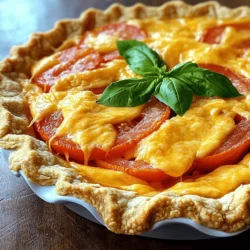 For a great Pimento Cheese Tomato Pie, gather these essential ingredients: - 1 pre-made pie crust - 2 cups fresh tomatoes, sliced - 1 cup shredded sharp cheddar cheese - 1 cup pimento cheese (store-bought or homemade) - 1/2 cup mayonnaise - 1 tablespoon Dijon mustard - 1 teaspoon garlic powder - 1/2 teaspoon onion powder - Salt and pepper to taste - Fresh basil leaves for garnish These ingredients work together to create a rich and savory pie. Each bite is a burst of flavor that makes your taste buds dance. If you want to mix things up, here are some fun substitutes: - Cheese: Try mozzarella or pepper jack for a different taste. - Mayonnaise: Greek yogurt gives a tangy twist. - Crust: Use a whole wheat crust or even a cauliflower crust for a healthier option. These swaps can change the flavor and texture while keeping the recipe simple and fun. Using fresh tomatoes and herbs is key. Fresh tomatoes add sweetness and depth. They bring the pie to life with their juicy flavor. Herbs like basil not only look pretty but also enhance taste. Fresh basil leaves brighten each slice. This pie shines with freshness, making every bite delicious. Always choose the best ingredients for a better outcome. To start, you need to pre-bake your pie crust. If you use a pre-made crust, follow the package directions. Blind baking helps keep the pie crust from getting soggy. Place the crust in the oven at 375°F (190°C) for about 10 minutes. Once it’s golden and slightly firm, take it out and let it cool. This step is key to a crisp pie. Next, let’s make the cheese mixture. In a large mixing bowl, combine the shredded sharp cheddar cheese and pimento cheese. Add in the mayonnaise and Dijon mustard. Then, sprinkle in the garlic powder and onion powder. Don’t forget a pinch of salt and pepper. Mix everything well until it’s smooth and creamy. This cheesy blend will be the star of your pie. Now, it’s time to assemble your pie. Start by arranging the sliced tomatoes in the cooled crust. Lay them in a single layer, slightly overlapping each slice. This makes the pie look nice and helps with flavor. Lightly sprinkle some salt on the tomatoes to bring out their sweetness. Next, spread the cheese mixture over the tomatoes. Make sure every slice is covered. This will create a delicious cheesy layer. Once everything is layered beautifully, place the pie in the oven. Bake for 30 to 35 minutes, until the top is golden and bubbly. After baking, let it cool for about 10 minutes. This helps the layers set. Finally, add some fresh basil leaves on top before serving. It adds a nice touch and extra flavor. Enjoy your savory Pimento Cheese Tomato Pie! For more details, check the Full Recipe. To get that perfect golden-brown crust, start by preheating your oven to 375°F (190°C). A well-prepped crust makes a huge difference. If your crust is not pre-baked, follow the package directions. Bake it until lightly golden. After baking, let it cool for a bit. This helps the crust hold its shape. For the filling, mix the cheeses and other ingredients until smooth. A smooth blend ensures even cooking. When you bake the pie, keep an eye on it. Look for that bubbling, golden top. This shows the pie is ready and full of flavor. A soggy pie crust is a common issue. To avoid this, make sure to bake your crust before adding the filling. This step helps seal the crust. You can also sprinkle some breadcrumbs on the crust before adding the tomatoes. This layer acts as a barrier. Another trick is to add the tomatoes in a single layer. Overlapping them can trap moisture. A light sprinkle of salt on the tomatoes draws out excess water. Try to use fresh tomatoes as they have lower water content than canned ones. To take your pie to the next level, think about herbs and spices. Fresh basil is a great addition. You can mix it into the cheese blend or sprinkle it on top. Other herbs like oregano or thyme can add depth. If you want a kick, consider adding a pinch of cayenne pepper. This small change can elevate the flavor. Experiment with garlic or onion powder as well. These simple tweaks can make your pie truly special. For more details, check the Full Recipe. {{image_4}} You can change the cheese for fun flavors. Try gouda for a smoky kick. Or use pepper jack for a spicy twist. Cream cheese adds creaminess without overpowering the other tastes. Each cheese adds its own special flavor, so mix and match to find your favorite. Want to make your pie heartier? Add cooked bacon or crumbled sausage. Just sprinkle it over the tomatoes before adding the cheese mix. This step adds a nice crunch and a savory taste. You can also use shredded chicken or turkey for a lighter option. Each choice makes the pie more filling and delicious. If you need a gluten-free crust, use almond flour or rice flour. These options work well for a tasty base. You can also find pre-made gluten-free crusts at stores. Just ensure they fit your pie dish. With these options, everyone can enjoy this tasty dish! For the full recipe, see the link. After you enjoy your Pimento Cheese Tomato Pie, store any leftovers in the fridge. Use an airtight container or cover the pie with plastic wrap. This keeps it fresh and prevents drying out. Try to eat the pie within three days for the best flavor. If you have a whole pie, slice it first. This makes it easier to grab a piece later. To freeze your Pimento Cheese Tomato Pie, let it cool completely. Wrap it tightly in plastic wrap, then in aluminum foil. This double layer helps protect the pie from freezer burn. You can freeze the pie for up to three months. To reheat, thaw it in the fridge overnight. Bake it at 375°F (190°C) for about 20 minutes until it’s warm. When stored correctly, your pie can last in the fridge for about three days. In the freezer, it can stay good for up to three months. Always check for any signs of spoilage before eating. If the pie looks or smells off, it’s best to throw it out. Proper storage keeps your Pimento Cheese Tomato Pie tasty for longer! You can serve Pimento Cheese Tomato Pie in many fun ways. Slice it into wedges and place it on a colorful plate. Add a fresh salad on the side for a light meal. A simple green salad with a light vinaigrette works well. You can also serve it with crispy crackers for a nice crunch. If you like, try pairing it with a chilled glass of tea or lemonade. Yes, you can make this pie ahead of time. Prepare it fully and store it in the fridge. Cover it well with plastic wrap. You can bake it later when you need it. If you bake it first, let it cool completely. Then, store it in the fridge as well. To reheat, warm it in the oven at 350°F (175°C) for about 15-20 minutes or until hot. If you don’t have pimento cheese, don’t worry! You can easily make a substitute. Mix equal parts cream cheese and shredded cheddar cheese. Add some diced roasted red peppers for that pimento flavor. You can also add a bit of hot sauce for some heat. Store-bought cheese spreads can work too. Look for ones that have similar flavors. For the best taste, try to keep it creamy. This blog post covers how to make a delicious Pimento Cheese Tomato Pie. We discussed essential ingredients, possible substitutes, and the importance of freshness. Step-by-step, I showed how to prepare, assemble, and bake your pie. Tips helped ensure a perfect bake and avoid a soggy crust. You can also customize your pie with variations and learn smart ways to store leftovers. Remember, this dish is versatile, tasty, and great for sharing. Enjoy making your pie and impressing your friends with your cooking skills!