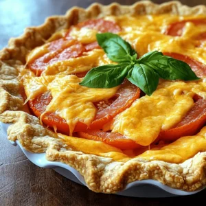 For a great Pimento Cheese Tomato Pie, gather these essential ingredients: - 1 pre-made pie crust - 2 cups fresh tomatoes, sliced - 1 cup shredded sharp cheddar cheese - 1 cup pimento cheese (store-bought or homemade) - 1/2 cup mayonnaise - 1 tablespoon Dijon mustard - 1 teaspoon garlic powder - 1/2 teaspoon onion powder - Salt and pepper to taste - Fresh basil leaves for garnish These ingredients work together to create a rich and savory pie. Each bite is a burst of flavor that makes your taste buds dance. If you want to mix things up, here are some fun substitutes: - Cheese: Try mozzarella or pepper jack for a different taste. - Mayonnaise: Greek yogurt gives a tangy twist. - Crust: Use a whole wheat crust or even a cauliflower crust for a healthier option. These swaps can change the flavor and texture while keeping the recipe simple and fun. Using fresh tomatoes and herbs is key. Fresh tomatoes add sweetness and depth. They bring the pie to life with their juicy flavor. Herbs like basil not only look pretty but also enhance taste. Fresh basil leaves brighten each slice. This pie shines with freshness, making every bite delicious. Always choose the best ingredients for a better outcome. To start, you need to pre-bake your pie crust. If you use a pre-made crust, follow the package directions. Blind baking helps keep the pie crust from getting soggy. Place the crust in the oven at 375°F (190°C) for about 10 minutes. Once it’s golden and slightly firm, take it out and let it cool. This step is key to a crisp pie. Next, let’s make the cheese mixture. In a large mixing bowl, combine the shredded sharp cheddar cheese and pimento cheese. Add in the mayonnaise and Dijon mustard. Then, sprinkle in the garlic powder and onion powder. Don’t forget a pinch of salt and pepper. Mix everything well until it’s smooth and creamy. This cheesy blend will be the star of your pie. Now, it’s time to assemble your pie. Start by arranging the sliced tomatoes in the cooled crust. Lay them in a single layer, slightly overlapping each slice. This makes the pie look nice and helps with flavor. Lightly sprinkle some salt on the tomatoes to bring out their sweetness. Next, spread the cheese mixture over the tomatoes. Make sure every slice is covered. This will create a delicious cheesy layer. Once everything is layered beautifully, place the pie in the oven. Bake for 30 to 35 minutes, until the top is golden and bubbly. After baking, let it cool for about 10 minutes. This helps the layers set. Finally, add some fresh basil leaves on top before serving. It adds a nice touch and extra flavor. Enjoy your savory Pimento Cheese Tomato Pie! For more details, check the Full Recipe. To get that perfect golden-brown crust, start by preheating your oven to 375°F (190°C). A well-prepped crust makes a huge difference. If your crust is not pre-baked, follow the package directions. Bake it until lightly golden. After baking, let it cool for a bit. This helps the crust hold its shape. For the filling, mix the cheeses and other ingredients until smooth. A smooth blend ensures even cooking. When you bake the pie, keep an eye on it. Look for that bubbling, golden top. This shows the pie is ready and full of flavor. A soggy pie crust is a common issue. To avoid this, make sure to bake your crust before adding the filling. This step helps seal the crust. You can also sprinkle some breadcrumbs on the crust before adding the tomatoes. This layer acts as a barrier. Another trick is to add the tomatoes in a single layer. Overlapping them can trap moisture. A light sprinkle of salt on the tomatoes draws out excess water. Try to use fresh tomatoes as they have lower water content than canned ones. To take your pie to the next level, think about herbs and spices. Fresh basil is a great addition. You can mix it into the cheese blend or sprinkle it on top. Other herbs like oregano or thyme can add depth. If you want a kick, consider adding a pinch of cayenne pepper. This small change can elevate the flavor. Experiment with garlic or onion powder as well. These simple tweaks can make your pie truly special. For more details, check the Full Recipe. {{image_4}} You can change the cheese for fun flavors. Try gouda for a smoky kick. Or use pepper jack for a spicy twist. Cream cheese adds creaminess without overpowering the other tastes. Each cheese adds its own special flavor, so mix and match to find your favorite. Want to make your pie heartier? Add cooked bacon or crumbled sausage. Just sprinkle it over the tomatoes before adding the cheese mix. This step adds a nice crunch and a savory taste. You can also use shredded chicken or turkey for a lighter option. Each choice makes the pie more filling and delicious. If you need a gluten-free crust, use almond flour or rice flour. These options work well for a tasty base. You can also find pre-made gluten-free crusts at stores. Just ensure they fit your pie dish. With these options, everyone can enjoy this tasty dish! For the full recipe, see the link. After you enjoy your Pimento Cheese Tomato Pie, store any leftovers in the fridge. Use an airtight container or cover the pie with plastic wrap. This keeps it fresh and prevents drying out. Try to eat the pie within three days for the best flavor. If you have a whole pie, slice it first. This makes it easier to grab a piece later. To freeze your Pimento Cheese Tomato Pie, let it cool completely. Wrap it tightly in plastic wrap, then in aluminum foil. This double layer helps protect the pie from freezer burn. You can freeze the pie for up to three months. To reheat, thaw it in the fridge overnight. Bake it at 375°F (190°C) for about 20 minutes until it’s warm. When stored correctly, your pie can last in the fridge for about three days. In the freezer, it can stay good for up to three months. Always check for any signs of spoilage before eating. If the pie looks or smells off, it’s best to throw it out. Proper storage keeps your Pimento Cheese Tomato Pie tasty for longer! You can serve Pimento Cheese Tomato Pie in many fun ways. Slice it into wedges and place it on a colorful plate. Add a fresh salad on the side for a light meal. A simple green salad with a light vinaigrette works well. You can also serve it with crispy crackers for a nice crunch. If you like, try pairing it with a chilled glass of tea or lemonade. Yes, you can make this pie ahead of time. Prepare it fully and store it in the fridge. Cover it well with plastic wrap. You can bake it later when you need it. If you bake it first, let it cool completely. Then, store it in the fridge as well. To reheat, warm it in the oven at 350°F (175°C) for about 15-20 minutes or until hot. If you don’t have pimento cheese, don’t worry! You can easily make a substitute. Mix equal parts cream cheese and shredded cheddar cheese. Add some diced roasted red peppers for that pimento flavor. You can also add a bit of hot sauce for some heat. Store-bought cheese spreads can work too. Look for ones that have similar flavors. For the best taste, try to keep it creamy. This blog post covers how to make a delicious Pimento Cheese Tomato Pie. We discussed essential ingredients, possible substitutes, and the importance of freshness. Step-by-step, I showed how to prepare, assemble, and bake your pie. Tips helped ensure a perfect bake and avoid a soggy crust. You can also customize your pie with variations and learn smart ways to store leftovers. Remember, this dish is versatile, tasty, and great for sharing. Enjoy making your pie and impressing your friends with your cooking skills!
