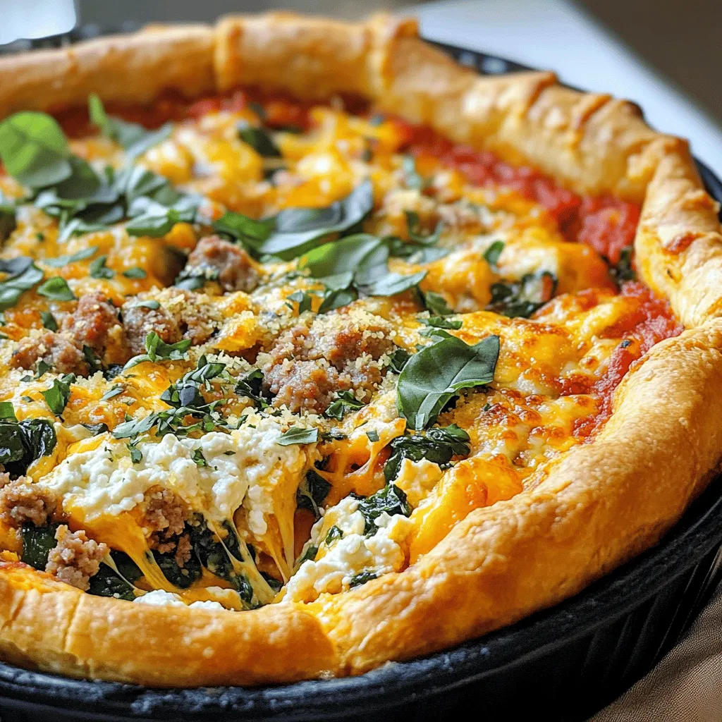 To make this tasty pizza, gather these key ingredients: - 2 cups all-purpose flour - 1 teaspoon granulated sugar - 1 tablespoon active dry yeast - 1 teaspoon fine salt - 1 tablespoon extra-virgin olive oil - ¾ cup warm water (about 110°F) - 1 cup ricotta cheese - 1 cup shredded mozzarella cheese - ½ cup grated Parmesan cheese - 1 cup fresh spinach, finely chopped - 1 cup Italian sausage, crumbled - 1 teaspoon garlic powder - ½ teaspoon onion powder - Salt and black pepper to taste - A pinch of red pepper flakes (optional) These ingredients work together to create a rich and creamy pizza that you will love. You can add extra flavors to your pizza with these optional ingredients: - Fresh basil or parsley for garnish - Crushed red pepper for added heat - Sliced olives for a briny touch - Artichoke hearts for a unique twist These options let you customize your pizza to fit your taste. If you need to convert measurements, here are some handy tips: - 1 cup = 16 tablespoons - 1 tablespoon = 3 teaspoons - 1 teaspoon = 5 milliliters These conversions are useful when you want to scale your recipe up or down. For the full recipe, check out the detailed steps to create this delicious dish! To start, I mix warm water with sugar and yeast. I let it sit for 5 minutes. It should get frothy. This shows the yeast is alive. Next, I add flour, fine salt, and olive oil to the yeast mix. I stir it until a dough forms. Then, I knead the dough on a floured surface. I knead for about 5-7 minutes until it feels smooth. After that, I put it in a greased bowl and cover it. I let it rise for 1 hour in a warm spot until it's double the size. While the dough rises, I cook the Italian sausage in a skillet over medium heat. I break it into small pieces as it cooks. It takes about 5-7 minutes for it to brown. Once done, I drain any fat and set it aside. Then, I make the cheese mixture. I combine ricotta, mozzarella, Parmesan, garlic powder, onion powder, salt, and black pepper in a bowl. I mix it well. Next, I add the cooked sausage and chopped spinach. I fold them in gently until everything blends. After the dough rises, I punch it down and roll it out. I want it to fit my 12-inch deep-dish pan. I press the dough into the pan, covering the bottom and sides. Then, I spread the cheese and sausage mixture on top. I cover the pizza with a clean cloth and let it rise for 15-20 minutes. This step helps the crust get fluffy. After rising, I preheat my oven to 425°F. I bake the pizza for 25-30 minutes. It should be golden brown, and the cheese should bubble. Finally, I let it cool for 5 minutes before slicing. Enjoy your delicious creation from the Full Recipe! To make the best pizza dough, start with fresh yeast. Mix warm water with sugar and yeast. Let it sit until it bubbles. This shows the yeast is active. Use all-purpose flour for a great texture. Knead the dough well for 5-7 minutes. This builds gluten, which gives the dough strength. After kneading, let it rise in a warm place. It should double in size. For the cheese mixture, combine ricotta and mozzarella for creaminess. Add grated Parmesan for a sharp kick. Mixing in garlic powder and onion powder enhances the flavor. Don’t forget to season with salt and black pepper. If you enjoy heat, a pinch of red pepper flakes adds a nice touch. Lastly, fold in cooked sausage and fresh spinach. This creates a rich and tasty filling. Preheat your oven to 425°F for the best results. Bake the pizza for 25-30 minutes. Look for a golden-brown crust and bubbling cheese. If the edges brown too fast, cover them with foil. Once baked, let the pizza cool for 5 minutes. This helps with slicing and keeps the toppings in place. Follow these tips for a perfect Sausage & Spinach White Deep Dish Pizza every time! For the detailed recipe, check the Full Recipe section. {{image_4}} You can change up your pizza easily. Try adding mushrooms, bell peppers, or artichokes. These toppings bring new flavors and textures. If you're feeling adventurous, use different meats like chicken or bacon. You can even add fresh herbs like basil or oregano for a pop of flavor. To make this pizza gluten-free, use a gluten-free flour blend. Many brands offer good substitutes that work well in pizza. For a dairy-free option, swap ricotta and mozzarella for vegan cheese. You can also use cashew cream as a great substitute for ricotta. Mixing cheeses can create a wonderful taste. Try adding goat cheese for tang or Gouda for a smoky flavor. Blend different cheeses to discover your favorite mix. I often use a mix of mozzarella and fontina for a creamy, rich taste. This adds depth and makes each bite exciting. For the full recipe, check the details above! To keep your leftover pizza fresh, let it cool first. Once cooled, slice the pizza. Use an airtight container or wrap the slices in plastic wrap. Store it in the fridge for up to 3 days. This method helps preserve flavor and texture. For the best taste, reheat slices in the oven. Preheat the oven to 375°F. Place the slices on a baking sheet and cover them loosely with aluminum foil. Heat for about 10-15 minutes. This keeps the crust crispy and the cheese melty. You can also use a skillet. Heat the skillet on medium. Add a drop of olive oil and place the slice in. Cover it with a lid. Heat for about 5-7 minutes. If you want to save pizza for later, freezing is a great choice. Wrap each slice tightly in plastic wrap, then foil. Place the wrapped slices in a freezer-safe bag. They can last up to 2 months. When you're ready to eat, thaw in the fridge overnight. Reheat as mentioned above for the best results. You’ll enjoy that fresh taste again! It takes about 1 hour and 45 minutes to make this pizza. This includes 20 minutes of prep time and 25-30 minutes to bake. You will need to allow time for the dough to rise, which is about 1 hour and an additional 15-20 minutes after assembling. Yes, you can use store-bought pizza dough. It is a great time saver. Just roll it out to fit your deep dish pan. Follow the same steps for the filling and baking. You can use cottage cheese or cream cheese as a substitute for ricotta cheese. Both options will give you a creamy texture. You can also blend cottage cheese to make it smooth if you prefer. Yes, this pizza is great for meal prep. You can make it ahead and store it in the fridge. Just reheat slices in the oven or microwave when you're ready to eat. For the best taste, enjoy it fresh! For the full recipe, check out the details above. You learned how to make a flavorful sausage and spinach white deep dish pizza. We covered key ingredients, preparation steps, and expert tips for perfect results. Remember, you can customize toppings and adjust for dietary needs. Storing and reheating leftovers also keeps your pizza fresh. Enjoy experimenting with flavors and make this dish your own. Happy cooking!