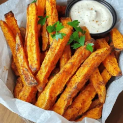 - 2 large sweet potatoes - 2 tablespoons olive oil - 1 teaspoon garlic powder - 1 teaspoon smoked paprika - ½ teaspoon sea salt - ½ teaspoon black pepper - ¼ teaspoon cayenne pepper (optional) To make air fryer sweet potato fries, you need just a few key ingredients. Start with two large sweet potatoes. They give the fries a natural sweetness. Next, grab two tablespoons of olive oil. This oil helps the fries crisp up nicely. For flavor, use one teaspoon each of garlic powder and smoked paprika. Garlic powder adds warmth, while smoked paprika brings a subtle smokiness. You will also need half a teaspoon each of sea salt and black pepper. These spices enhance the natural sweet taste of the potatoes. If you like extra heat, add a quarter teaspoon of cayenne pepper. This step is optional, but it can really boost the flavor! Gather these items, and you’re ready to create crispy, delicious fries. You can find the full recipe in the steps that follow! - Wash and peel sweet potatoes - Cut into uniform sticks, aiming for 1/4 inch thickness Start by washing the sweet potatoes under cold water. This removes any dirt and grit. Next, peel them using a vegetable peeler. Uniform sticks are key for even cooking. Aim for about 1/4 inch thick. This thickness helps the fries cook quickly and get crispy. - Soak cut fries in cold water for a minimum of 30 minutes - Drain and pat dry with a kitchen towel Soaking the fries is important. Place them in a bowl and cover with cold water. Let them soak for at least 30 minutes. This step helps remove excess starch. Less starch means crispier fries! After soaking, drain the fries and pat them dry with a kitchen towel. Removing moisture is essential for crispiness. - Combine with olive oil and spices - Ensure even coating on all fries In a large bowl, mix the dried fries with olive oil and spices. Use 2 tablespoons of olive oil, 1 teaspoon of garlic powder, 1 teaspoon of smoked paprika, ½ teaspoon of sea salt, and ½ teaspoon of black pepper. Add ¼ teaspoon of cayenne pepper if you want extra heat. Toss everything well. Make sure each fry gets a nice coat of the seasoning mix. - Preheat air fryer to 400°F (200°C) - Air fry fries in a single layer for 15-20 minutes, shaking halfway Preheat your air fryer to 400°F (200°C). This step is crucial for achieving that perfect crunch. Once heated, place the seasoned fries in the air fryer basket. Make sure to arrange them in a single layer, so they cook evenly. Air fry for 15-20 minutes. Shake the basket halfway through to ensure all sides get crispy. - Look for golden color and crispiness - Allow to cool slightly before serving The fries are ready when they turn a golden color and are crispy. If they need more time, add 2-3 minutes. Keep an eye on them to prevent burning. Once cooked, take them out and let them cool slightly. This short wait makes for a crispier bite when you serve them. To make the crispiest sweet potato fries, soak and dry them well. This step is key. Soaking removes excess starch, which helps the fries crisp up nicely. After soaking for at least 30 minutes, drain them. Pat them dry with a clean towel or paper towels to remove moisture. When placing fries in the air fryer basket, arrange them in a single layer. Avoid overcrowding the basket. If you add too many fries, they will steam instead of crisp. Fry in small batches if needed. Get creative with your spices! You can try various blends to change the flavor of your fries. For a classic taste, stick with garlic powder and smoked paprika. If you want more heat, add cayenne pepper. To adjust seasonings, taste and tweak as you go. If you love herbs, sprinkle some dried oregano or rosemary. You can also try a dash of cinnamon for a sweet twist. Dipping sauces can take your fries to the next level. Try tangy yogurt sauce or spicy sriracha mayo. Ketchup is a classic, but you can also mix it with hot sauce for extra kick. For a fun presentation, serve fries in a rustic basket lined with parchment paper. Add fresh herbs like parsley for a pop of color. This makes it more appealing when you host friends or family. Check out the Full Recipe for more details on making these delicious fries! {{image_4}} You can make sweet potato fries even more fun by adding flavors. Here are two tasty ideas: - Buffalo-style sweet potato fries: For a spicy twist, toss your fries in buffalo sauce after air frying. The heat from the sauce will give them a zesty kick. Serve with blue cheese dressing on the side. It’s a fun way to enjoy your fries! - Sweet and spicy version: Mix brown sugar and chili powder into your seasoning. This creates a sweet and spicy taste that pairs well with the natural sweetness of sweet potatoes. Go for about 1 tablespoon of brown sugar and 1 teaspoon of chili powder to start. Toss the fries with this mix before air frying. If you don’t have an air fryer, you can still enjoy sweet potato fries. Here are two simple methods: - How to bake sweet potato fries in the oven: Preheat your oven to 425°F (220°C). Spread the seasoned fries on a baking sheet lined with parchment paper. Bake for 20-25 minutes, flipping halfway through. Keep an eye on them to ensure they don’t burn. - Tips for frying in oil: If you prefer frying, heat about 2 inches of oil in a deep pot. Fry the sweet potato fries in small batches for about 3-5 minutes or until golden. Be cautious with the hot oil. Drain the fries on paper towels to remove excess oil. For the full recipe, check out the earlier section! To store leftover sweet potato fries, let them cool first. Place them in an airtight container. You can keep them in the fridge for up to three days. This keeps them fresh and tasty. When reheating, the goal is to keep them crispy. Preheat your air fryer to 350°F (175°C). Place the fries in the basket in a single layer. Heat them for about 5-7 minutes. This way, they will regain their crunch. If you want to save sweet potato fries for a longer time, freezing is a great option. First, fully cook them in the air fryer. Let them cool completely. Then, spread them on a baking sheet in a single layer. Freeze them for about 1-2 hours until firm. After that, transfer the fries to a freezer bag. Squeeze out as much air as you can before sealing. When you are ready to cook from frozen, no need to thaw. Preheat your air fryer to 400°F (200°C). Cook the frozen fries for 15-20 minutes, shaking the basket halfway. This ensures they cook evenly and stay crispy. To make air fryer sweet potato fries, follow these steps: 1. Wash and Peel: Clean 2 large sweet potatoes and peel them. 2. Cut into Sticks: Slice them into uniform sticks, about 1/4 inch thick. 3. Soak in Water: Soak the fries in cold water for at least 30 minutes. This helps remove excess starch. 4. Dry the Fries: After soaking, drain and pat the fries dry with a towel. 5. Season: Toss them with 2 tablespoons of olive oil and spices, like garlic powder and smoked paprika. 6. Preheat Air Fryer: Set the air fryer to 400°F (200°C) for about 5 minutes. 7. Air Fry: Place the fries in a single layer and cook for 15-20 minutes, shaking halfway. 8. Check for Doneness: They should be golden and crispy. If not, add a few more minutes. Common pitfalls include not soaking long enough and overcrowding the basket. Both can lead to soggy fries. Yes, you can use frozen sweet potato fries in an air fryer. Here are the guidelines: - Do Not Thaw: Cook them straight from the freezer. Thawing can make them soggy. - Adjust Cooking Time: Cook for about 10-15 minutes at 400°F (200°C). - Shake the Basket: Shake halfway through to ensure even cooking. Always check the package for specific instructions, as cooking times can vary. Soggy fries often come from a few common causes: - Too Much Moisture: Not drying the fries well after soaking leads to sogginess. - Overcrowding: If you fill the air fryer too full, the fries won’t crisp. - Low Temperature: Cooking at a lower temperature can also cause sogginess. To avoid this, soak, dry, and spread fries in a single layer in the air fryer. Sweet potato fries pair well with many dipping sauces. Here are some popular and unique options: - Ketchup: Classic and simple, always a favorite. - Yogurt Sauce: A tangy yogurt sauce with herbs adds freshness. - Sriracha Mayo: Mix mayonnaise with sriracha for a spicy kick. - Maple Syrup: Drizzle with maple syrup for a sweet contrast. - Chipotle Aioli: Blend chipotle peppers with mayo for a smoky flavor. Feel free to experiment with your favorite sauces to enhance the flavor experience. For the full recipe, check out the link. This blog post covered how to make delicious air fryer sweet potato fries. We talked about the right ingredients, how to prepare and soak the fries, and the best cooking techniques. You can also try different spices and serving ideas to keep things fun. Remember to store leftovers properly for the best taste. Sweet potato fries can be a tasty and healthy snack, so give them a try. Enjoy your cooking and the smiles it brings!