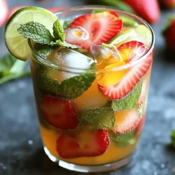 Fresh strawberries are the star of this drink. I use one cup of hulled and sliced strawberries. They give the drink a sweet and fruity taste. Always choose ripe strawberries for the best flavor. Look for bright red color and firm texture. Wash them well before using. Mint leaves add a cool touch to the mocktail. You’ll need ten fresh mint leaves, plus a few more for garnish. Gently bruise the leaves to release their oils. This gives the drink a refreshing smell and taste. Fresh mint is key here; dried mint won’t work well. For sweetness, I often use honey or agave syrup. You need two tablespoons, but feel free to adjust to your taste. Both options blend well with the strawberries and mint. If you prefer, you can use sugar or a sugar substitute. Just remember to mix well so it dissolves completely. For the full recipe, check the details above. Start by choosing a nice glass. A tall glass works best for this drink. Make sure it is clean and dry. Set your glass on a stable surface. This helps when you start mixing your ingredients. Take 1 cup of fresh strawberries and slice them. Add the sliced strawberries to your glass. Next, add 10 fresh mint leaves. Use a muddler or the back of a spoon. Press gently to mash the strawberries and mint. You want the strawberries soft and juicy. The mint should smell nice and strong. This step releases the flavors. Now, squeeze 1 lime to get fresh lime juice. Pour the juice into your glass. Then, add 2 tablespoons of honey or agave syrup. Stir well to mix everything. You want the sweetener to blend with the fruity mix. This makes your drink tasty and refreshing. Next, fill your glass with ice cubes. The ice keeps your drink cold and refreshing. Carefully pour the muddled mixture over the ice. Then, add 1 cup of soda water. Use a spoon to stir gently. This helps mix the flavors without losing bubbles. Finally, garnish with mint leaves and a few strawberry slices. Your Strawberry Mint Mojito Mocktail is ready to enjoy! For the complete recipe, check out the Full Recipe. To make a great Strawberry Mint Mojito Mocktail, start with fresh, ripe strawberries. Look for berries that are bright red and firm. They should smell sweet and fragrant. Avoid any that feel soft or have dark spots. These bad berries can ruin your drink. If possible, buy them from a local market for the best flavor. Remember, the better the strawberries, the tastier your mocktail will be! Muddling is key to releasing the flavors in your drink. Use a muddler or the back of a spoon. Press gently on the strawberries and mint leaves. You want to mash them, not turn them into mush. This helps the mint oils mix well with the strawberries. If you muddle too hard, the mint can taste bitter. A few firm presses will do the trick, giving you a refreshing taste. If you want to change the sweetness, try different options. Honey and agave syrup are great choices. You can also use simple syrup or stevia. Adjust the amount to fit your taste. If you prefer less sweetness, start with a small amount and add more as needed. You can also add more lime juice if you like it tangy. Always taste your drink before serving to make sure it fits your liking. For the complete recipe, check the Full Recipe section. {{image_4}} You can make your Strawberry Mint Mojito Mocktail even more fun by adding other fruits. Try raspberries or blueberries for a tasty twist. These berries mix well with strawberries and mint. You can also use citrus fruits like oranges or lemons. Just make sure to muddle them with the strawberries and mint for full flavor. If you want to add a kick to your mocktail, consider making an alcoholic version. You can add white rum for a classic mojito taste. Use about one to two ounces of rum for each drink. Stir it in after you mix the other ingredients. This change can make your drink great for parties or special events. You can switch up the soda water to change the drink's flavor. Try using flavored sparkling waters like lime or raspberry. These can add a nice twist without extra sweetness. You can also use tonic water for a unique, slightly bitter taste. Just pick what you love best to enjoy your refreshing drink. For the complete recipe, check out the Full Recipe above. If you have extra Strawberry Mint Mojito Mocktail, store it in the fridge. Use a sealed container to keep it fresh. The mocktail can last up to 24 hours. After that, the mint will lose its flavor and the strawberries may soften. It’s best to drink it soon for the best taste. Store your strawberries in the fridge. Keep them in a container that breathes, like a berry basket. This helps them last longer. For mint, wrap it in a damp paper towel. Place it in a plastic bag and store it in the fridge. This keeps the mint fresh and fragrant. - Fresh strawberries: Use within 3-5 days for the best flavor. - Mint leaves: Stay fresh for about a week. - Lime juice: Freshly squeezed lime juice lasts for 2-3 days in the fridge. - Soda water: Check the expiration date, but it usually lasts a long time unopened. These tips help you enjoy your Strawberry Mint Mojito Mocktail at its best. For a complete guide, check the Full Recipe. Yes, you can make this mocktail ahead of time. I recommend preparing the strawberry and mint mixture early. Just muddle the strawberries and mint, then store it in the fridge. When you’re ready to serve, add lime juice, sweetener, ice, and soda water. This way, the flavors stay fresh and vibrant. If you don’t have lime juice, you can use lemon juice. Lemon juice gives a similar tangy taste. You can also try using orange juice for a sweeter flavor. Adjust the sweetness if you choose orange juice, as it's less tart. Yes, the Strawberry Mint Mojito Mocktail is low in calories. Fresh strawberries are low in calories and high in vitamins. Using honey or agave syrup in small amounts keeps it light. You can also reduce sweetener to cut more calories. To serve this mocktail at a party, prepare a large batch in a pitcher. Muddle the strawberries and mint in advance. When guests arrive, pour over ice and add soda water. Garnish each glass with mint and strawberry slices. This makes serving quick and fun. For the full recipe, check out the detailed instructions above. This mocktail combines fresh strawberries, mint, and sweetener for a refreshing drink. We explored how to prepare your glass, muddle the strawberries, and mix in lime juice. Tips helped you choose the best ingredients and perfect your muddling. You can add other fruits or even make an alcoholic version. Store leftovers properly to enjoy later. Overall, this mocktail is easy and fun to make. Enjoy serving it at your next gathering!