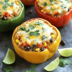 To make fiesta stuffed bell peppers, you need: - 4 large bell peppers (any color) - 1 cup quinoa, rinsed - 2 cups vegetable broth - 1 can (15 oz) black beans, drained and rinsed - 1 cup corn kernels (fresh or frozen) - 1 cup diced tomatoes (canned or fresh) - 1 teaspoon ground cumin - 1 teaspoon smoked paprika - ½ teaspoon garlic powder - ½ teaspoon onion powder - Salt and black pepper to taste - 1 cup shredded cheese (cheddar or a Mexican blend) - Fresh cilantro, chopped (for garnish) - Lime wedges (for serving) If you don’t have quinoa, you can use rice or couscous. Both options work well. For the black beans, kidney beans or lentils are great swaps. If you want a different flavor, try using chickpeas. Instead of corn, you can use peas or diced zucchini. If you’re not a fan of tomatoes, skip them or use salsa for added flavor. You can also change the cheese to mozzarella or feta if you like. This recipe serves four people. Each serving has about: - Calories: 350 - Protein: 15g - Carbohydrates: 50g - Fiber: 12g - Fat: 10g - Sodium: 400mg Eating stuffed peppers gives you a good mix of nutrients. You get protein from beans and quinoa. The peppers add vitamins A and C. Plus, you get fiber from all the veggies. This dish is filling and healthy! For the full recipe, check out the cooking instructions above. Start by preheating your oven to 375°F (190°C). This step is key to making sure your stuffed peppers cook evenly. A hot oven helps the peppers become tender and the cheese melt nicely. Next, grab four large bell peppers. Cut off the tops and remove the seeds and membranes inside. If they don’t stand up straight, trim a little from the bottom. Be careful not to make holes. Now, take a medium saucepan. Bring two cups of vegetable broth to a boil. Add one cup of rinsed quinoa. Reduce the heat to low and cover the pot. Let it simmer for about 15 minutes. The quinoa should absorb all the broth and become fluffy. In a large bowl, combine the cooked quinoa, one can of black beans, one cup of corn, and one cup of diced tomatoes. Add the spices: one teaspoon each of ground cumin and smoked paprika, plus half a teaspoon of garlic and onion powders. Don’t forget salt and black pepper to taste. Mix everything well. Take your mixture and spoon it into each bell pepper. Press down gently to pack it in. Arrange the stuffed peppers upright in a baking dish. This helps them cook evenly and look great. Sprinkle shredded cheese on top of each pepper. Cover the dish tightly with foil and place it in your preheated oven. Bake for 25 minutes. After that, remove the foil and bake for another 10-15 minutes. This step helps the cheese bubble up and turn golden. Once they are done, let the peppers cool a bit. Garnish with chopped cilantro and serve with lime wedges. Enjoy your colorful and tasty feast! For the complete recipe details, refer to the Full Recipe. To make your stuffed bell peppers sing with flavor, use fresh herbs. Fresh cilantro brightens the dish. You can also add lime juice to the filling for a zesty kick. For more depth, try adding a splash of hot sauce or diced jalapeños. These small changes can transform your meal. Serve the stuffed peppers with a side of simple salad. A fresh green salad with a light vinaigrette complements the peppers well. You can also add some tortilla chips for crunch. Pairing with avocado slices can add creaminess. If you want something hearty, serve with rice or quinoa on the side. Presentation makes your meal inviting. Arrange the stuffed peppers on a colorful platter. Drizzle some lime juice over the top just before serving. Add a sprinkle of chopped cilantro for color. Consider using different colored peppers for a vibrant look. For the final touch, place a lime wedge next to each pepper. This adds charm and a hint of freshness. For the complete recipe, check the Full Recipe section. {{image_4}} You can change up the filling in stuffed bell peppers to match your taste. Try brown rice instead of quinoa for a different texture. You can also use ground turkey or beef for a meatier option. If you love Mediterranean flavors, mix in feta cheese, olives, and herbs. For a fun twist, add chopped nuts like walnuts or almonds. You can also go sweet by using fruits like diced apples or raisins mixed with nuts and spices. Stuffed bell peppers are easy to modify for different diets. For a vegan version, skip the cheese and use lentils or chickpeas. Always check that your vegetable broth is vegan. If you need gluten-free options, quinoa is safe to use. Most fresh veggies and beans are gluten-free too. You can also swap out the cheese for a vegan cheese blend or nutritional yeast for a cheesy taste. Adjusting the spice level can make your stuffed peppers more exciting. If you like heat, add diced jalapeños or a pinch of cayenne pepper to the filling. You can also use spicy cheese blends. For milder flavors, skip the spices and focus on herbs like basil or parsley. Taste the filling before stuffing to ensure it’s just right for you. To store your leftover stuffed bell peppers, let them cool completely. Place them in an airtight container. They will keep well in the fridge for up to four days. If you want to enjoy them later, make sure to seal them tightly to avoid drying out. When you’re ready to eat your leftovers, preheat the oven to 350°F (175°C). Place the stuffed peppers in an oven-safe dish and cover them with foil. Heat for about 20 minutes until they are warm throughout. You can also use the microwave. Just place a pepper on a microwave-safe plate and heat for about 2-3 minutes. If you want to freeze your stuffed peppers, it’s best to do this before baking. Wrap each stuffed pepper tightly in plastic wrap and then in foil. Store them in a freezer bag. They can last for up to three months. When you're ready to cook them, thaw them overnight in the fridge and then bake as directed in the Full Recipe. Enjoy your delicious meal anytime! You can use rice or couscous instead of quinoa. Brown rice adds a nice texture. White rice cooks faster and is easy to find. Couscous cooks in just a few minutes and is light. For a low-carb option, try cauliflower rice. It gives a fresh flavor and works well with the spices. Yes, you can make stuffed peppers in advance. Prepare them, then store them in the fridge. You can stuff the peppers a day ahead. This makes dinner easy on busy nights. Just bake them when you are ready to eat. Peppers are cooked when they are tender and slightly soft. The cheese should be melted and bubbly. You can poke them with a fork to check. If the fork goes in easily, they are ready. The cooking time may vary based on the size of your peppers. Stuffed peppers last about 3 to 4 days in the fridge. Store them in an airtight container. They taste great even after a couple of days. Just reheat them in the oven or microwave before serving. Yes! You can use many types of cheese. Cheddar and Monterey Jack are great choices. Feta adds a tangy kick. Mozzarella gives a nice gooey texture. Feel free to mix cheeses for more flavor. Enjoy experimenting with your favorites! For the full recipe, check out the complete guide to make these tasty stuffed bell peppers. You learned about the key ingredients for stuffed peppers and their nutritious benefits. I shared steps to make perfect stuffed peppers, from preheating to baking. Tips helped enhance flavor and presentation. Variations showed ways to switch fillings and adjust for diets. Lastly, I outlined how to store and reheat leftovers. Now, you’re ready to create a delicious meal that’s both healthy and satisfying. Enjoy your cooking journey!