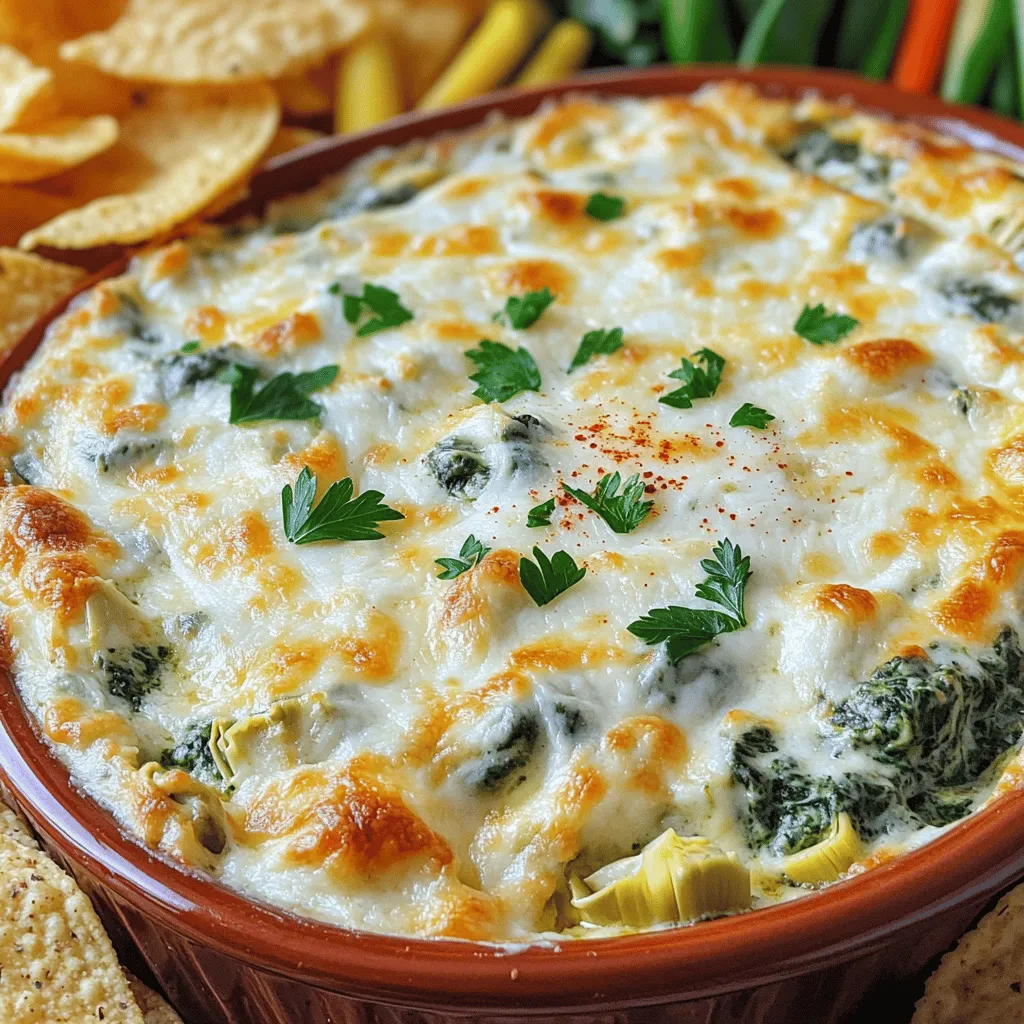 - 1 cup frozen spinach - 1 cup canned artichoke hearts - 1 cup cream cheese, softened - ½ cup sour cream - ½ cup mayonnaise - 1 cup shredded mozzarella cheese - ½ cup grated Parmesan cheese - 2 cloves garlic, finely minced - ½ teaspoon onion powder - Salt and pepper to taste - Optional: Red pepper flakes for a spicy kick Gathering these ingredients is the first step to making creamy spinach artichoke dip. I love using frozen spinach because it’s easy and quick. Just make sure to thaw it and squeeze out the water. This keeps the dip from being too watery. Canned artichoke hearts are perfect for this dip. They add a nice texture and flavor. The creamy base comes from cream cheese, sour cream, and mayonnaise. This combination creates a rich and smooth dip. I always use softened cream cheese for easy mixing. Cheeses are key. I add shredded mozzarella and grated Parmesan to bring out the flavors. The mozzarella melts beautifully, while the Parmesan adds a nutty touch. Don’t forget about flavor! Garlic and onion powder give a nice depth. Salt and pepper are essential too. If you like heat, add red pepper flakes. They give the dip a spicy kick. You can adjust the amount to your liking. With these ingredients, you are ready to create a dish that is sure to impress. For the full recipe, check out the detailed instructions. Enjoy every bite! First, take the frozen spinach and let it thaw. After it is soft, squeeze out the excess water. This step is key to avoid watery dip. Next, drain the canned artichoke hearts. Roughly chop these into small pieces. This will help them mix well in the dip. In a large bowl, add the softened cream cheese, sour cream, and mayonnaise. Use a hand mixer or a whisk to blend them until smooth. This creamy base will make your dip rich and delicious. Now, add the chopped spinach and artichokes to the bowl. Stir in the minced garlic, onion powder, and both cheeses. Mix everything well until no lumps remain. Season the dip with salt and pepper to taste. If you like it spicy, add some red pepper flakes. Mix it all together until the flavors combine. Preheat your oven to 375°F (190°C). This ensures your dip cooks evenly and gets bubbly. Once the oven is ready, transfer the dip mixture into a baking dish. Smooth it out with a spatula. Bake it for about 25-30 minutes. The dip is done when it is bubbly and golden brown on top. After baking, let it cool for a few minutes before serving. This will help avoid burns. Enjoy it warm with tortilla chips or fresh veggies. For the full recipe, check the earlier section! To make the best creamy spinach artichoke dip, start with room temperature cream cheese. If it's cold, it won't mix well. This step makes the dip creamy and smooth. Use a hand mixer or a whisk to blend the cream cheese, sour cream, and mayonnaise. Mix until the base is completely smooth. This ensures all flavors blend well together. Serve your dip warm for the best taste. It pairs well with crispy tortilla chips, slices of crusty bread, or fresh veggie sticks like carrots and celery. To impress guests, sprinkle extra Parmesan on top. A garnish of fresh parsley adds color and freshness. Consider serving it in a nice baking dish to showcase its golden, bubbly top. For a fun twist, add red pepper flakes for heat, adjusting to your taste. Enjoy this creamy dip with friends and family for a perfect snack! {{image_4}} You can swap ingredients to fit your taste or needs. If you want a lighter dip, use Greek yogurt instead of sour cream. For cream cheese, try cottage cheese or a vegan cream cheese. These swaps keep the dip creamy but change the flavor slightly. Adding different cheeses can make the dip even more exciting. You could use cheddar for a sharp taste or pepper jack for a spicy kick. Mixing in feta cheese adds a nice tang. Play around with flavors to find your favorite blend. If you follow a vegan diet, use plant-based cream cheese and yogurt. This keeps the dip creamy without dairy. You can also add cashews blended with water for a rich texture. For gluten-free options, serve the dip with rice crackers or fresh veggies. This way, everyone can enjoy it. Just make sure all your ingredients are gluten-free. This is an easy way to make the dip safe for those with dietary restrictions. To keep your creamy spinach artichoke dip fresh, follow these steps: - Cool it down: Let the dip cool to room temperature before storing. - Choose the right container: Use an airtight container. Glass or plastic work well. - Refrigerate: Store the dip in the fridge. It can last for about 3-5 days. Make sure to check for any signs of spoilage before eating. If it looks or smells off, it’s best to toss it. When it’s time to enjoy your leftovers, proper reheating is key. Here’s how to do it: - Oven method: Preheat the oven to 350°F (175°C). Place the dip in an oven-safe dish. Heat for 15-20 minutes until warm. Stir halfway through to ensure even warmth. - Microwave method: Use a microwave-safe bowl. Heat in short intervals, about 30 seconds each. Stir between intervals until warmed through. To avoid separation of ingredients, do not overheat. Slow and gentle heat keeps the dip creamy and delicious. How to make the dip spicier? To make the dip spicier, add red pepper flakes. You can mix in a teaspoon for a mild kick. For more heat, add more flakes or use hot sauce. Adjust the spice to what you enjoy. Can I prepare it ahead of time? Yes, you can prepare the dip a day before. Just mix all the ingredients and store it in the fridge. When ready to serve, bake it as directed in the Full Recipe. This makes for easy party prep! What are the best dipping options? The best dippers for this dip include: - Tortilla chips - Slices of a crusty baguette - Fresh vegetable sticks (carrots, celery, bell peppers) These options add great texture and flavor! What to do if the dip is too thick or thin? If the dip is too thick, add a bit of sour cream or mayonnaise. Stir well until you reach your desired consistency. If it’s too thin, simply bake it a few extra minutes. This will help it thicken up. How to fix a bland flavor? To fix a bland dip, add more salt, pepper, or garlic. Taste as you go. You can also mix in some lemon juice for a bright flavor. A little seasoning can make a big difference! This blog post covered a tasty spinach artichoke dip recipe, focusing on ingredients, preparation, and storage. You learned the steps to create a creamy, savory dip that impresses any guest. Remember, you can tweak the recipe with substitutions or different flavors. Store leftovers properly to enjoy later and always adapt to your dietary needs. Keep experimenting and have fun with your dip creation. You now hold the key to delicious gatherings!