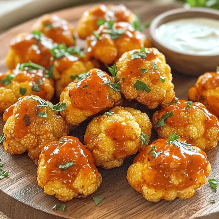 - Cauliflower: 1 medium head, cut into florets - Coating: 1 cup all-purpose flour, 1 cup water, spices (garlic powder, onion powder, smoked paprika) - Buffalo Sauce: 1 cup, with optional melted butter - Fresh Herbs: Parsley, finely chopped Each serving has about 150 calories, 5g of fat, 24g of carbs, and 4g of protein. When you gather your ingredients, fresh cauliflower is key. It gives the bites a nice crunch. The coating mix adds a tasty layer, making each bite flavorful. Garlic powder and onion powder enhance the taste without being too strong. Smoked paprika gives a hint of smokiness that pairs well with buffalo sauce. Buffalo sauce is the star here. You can adjust the heat to suit your taste. If you want it creamier, just add melted butter. This adds richness to each bite. Don't forget the parsley! It brightens the dish and adds a pop of color. This garnishing step makes your buffalo cauliflower bites more appealing. For a full recipe, check out the detailed instructions. Enjoy cooking these easy and flavorful snacks! Start by preheating your oven to 450°F (230°C). This high heat helps the cauliflower get crispy. While the oven warms up, line a baking sheet with parchment paper. This step prevents sticking and makes cleanup easy. In a medium mixing bowl, combine the flour and water. Add the garlic powder, onion powder, smoked paprika, salt, and black pepper. Whisk everything together until smooth. Make sure there are no lumps. This batter will coat the cauliflower and give it flavor. Take each cauliflower floret and dip it into the batter. Allow any excess batter to drip back into the bowl. Place the coated florets on the lined baking sheet. Make sure they are spaced out. This spacing ensures they become crispy and do not steam. Once the oven is preheated, slide the baking sheet inside. Bake the cauliflower for 20 minutes. Halfway through, turn the florets. This step helps them cook evenly and become golden brown. While the cauliflower bakes, prepare the buffalo sauce. In a separate bowl, mix the buffalo sauce with the melted butter, if you like. This mixture adds creaminess to the sauce and balances the spice. After 20 minutes, take the baking sheet out of the oven. Drizzle the buffalo sauce over the hot cauliflower. Gently toss them to coat well. Return the baking sheet to the oven for another 10-15 minutes. This second bake will make the bites crispy. After baking, garnish with finely chopped parsley for a fresh touch. For the full recipe, refer to the beginning of this article. To get those perfect crispy bites, you need to follow a few steps. First, ensure your cauliflower florets are well-coated but not drenched in batter. The batter should cling lightly to each piece. Use a cooling rack over the baking sheet to help air circulate around the bites. This method allows steam to escape, giving you a crunchier texture. Bake them at a high temperature, like 450°F (230°C), for the best results. Flip them halfway through baking for even crispiness. Want to kick up the flavor? You can add more spices to the batter. Try a pinch of cayenne for heat or some chili powder for depth. You could also mix in some dried herbs, like oregano or thyme. If you love garlic, add minced fresh garlic to the buffalo sauce for a punch. For a smoky flavor, use smoked paprika instead of regular paprika. Mix and match spices to find your perfect blend! Pairing is key when serving these bites. Ranch or blue cheese dressing makes a great dip. You can also try a creamy avocado dip for a twist. Serve with celery sticks or carrot sticks for crunch. For a full meal, pair them with a fresh salad. You could even use them as a topping for nachos. Get creative with what you have at home! For the complete recipe, check out the [Full Recipe]. {{image_4}} To make a vegan buffalo cauliflower bite, you need to swap a few ingredients. Use a plant-based milk, like almond or soy, instead of water. For the sauce, combine vegan butter with your favorite hot sauce. This makes a creamy, spicy glaze without using dairy. You can also add nutritional yeast to the batter for a cheesy flavor. If you need a gluten-free recipe, replace all-purpose flour with gluten-free flour. Almond flour or chickpea flour works well. Both add a nice texture and flavor. Make sure your buffalo sauce is gluten-free too, as some brands can have hidden gluten. Always check the labels for safety. You can change the flavor of your cauliflower bites easily. Try using BBQ sauce for a sweet twist. Mix garlic and parmesan for a savory delight. Honey mustard adds a tangy touch. Experiment with your favorite sauces to find your perfect bite. The options are endless, so have fun with it! To keep your buffalo cauliflower bites fresh, store them in an airtight container. Place a paper towel at the bottom of the container to absorb moisture. This helps maintain their crispiness. When you’re ready to eat, reheat them in the oven at 350°F (175°C) for about 10-15 minutes. This method keeps them crunchy. You can also use an air fryer for a quick reheat. Just cook them for about 5 minutes. If you want to freeze the buffalo cauliflower bites, let them cool completely first. Then, arrange them in a single layer on a baking sheet. Freeze for about an hour until firm. After that, transfer them to a freezer-safe bag or container. Make sure to remove as much air as possible. To defrost, place the bites in the fridge overnight. Reheat in the oven to restore their crispy texture. Buffalo cauliflower bites can last in the fridge for up to 3 days. If you freeze them, they can stay good for 2-3 months. Just remember, the longer they sit, the less crispy they become. For the best taste, enjoy them fresh or within a few days of making them. Always check for any signs of spoilage before consuming. Yes, you can prepare buffalo cauliflower bites ahead of time. You can coat the florets and store them in the fridge for up to 24 hours. This saves time when you want to serve them. Just bake them before serving, and they will be fresh and tasty. Buffalo cauliflower bites pair well with ranch dressing or blue cheese dressing. Both dips balance the heat from the buffalo sauce. You can also use a yogurt dip for a lighter option. Each dip adds flavor and creaminess to the bites. To make buffalo cauliflower bites spicier, simply add more buffalo sauce. You can also mix in hot sauce or crushed red pepper flakes into the batter. This way, you control the heat level to suit your taste. Experiment to find your perfect spice blend. Yes, you can use frozen cauliflower florets. Just thaw and drain them well before coating. This prevents excess moisture, which can make them soggy. Keep in mind that frozen florets may bake a little differently, so adjust your cooking time as needed. The best way to reheat leftover buffalo cauliflower bites is in the oven. Preheat your oven to 350°F (175°C). Place the bites on a baking sheet and heat for about 10-15 minutes. This way, they regain their crispiness and taste fresh again. You learned how to make delicious buffalo cauliflower bites today. We covered each ingredient, from the main head of cauliflower to the tasty coating and buffalo sauce. I shared step-by-step instructions and valuable tips for crispiness and flavor. Variations like vegan and gluten-free options allow everyone to enjoy this dish. Store leftovers properly for the best taste later. You can have fun experimenting with dips and sauces. Enjoy these bites, and share them with friends for a great snack!