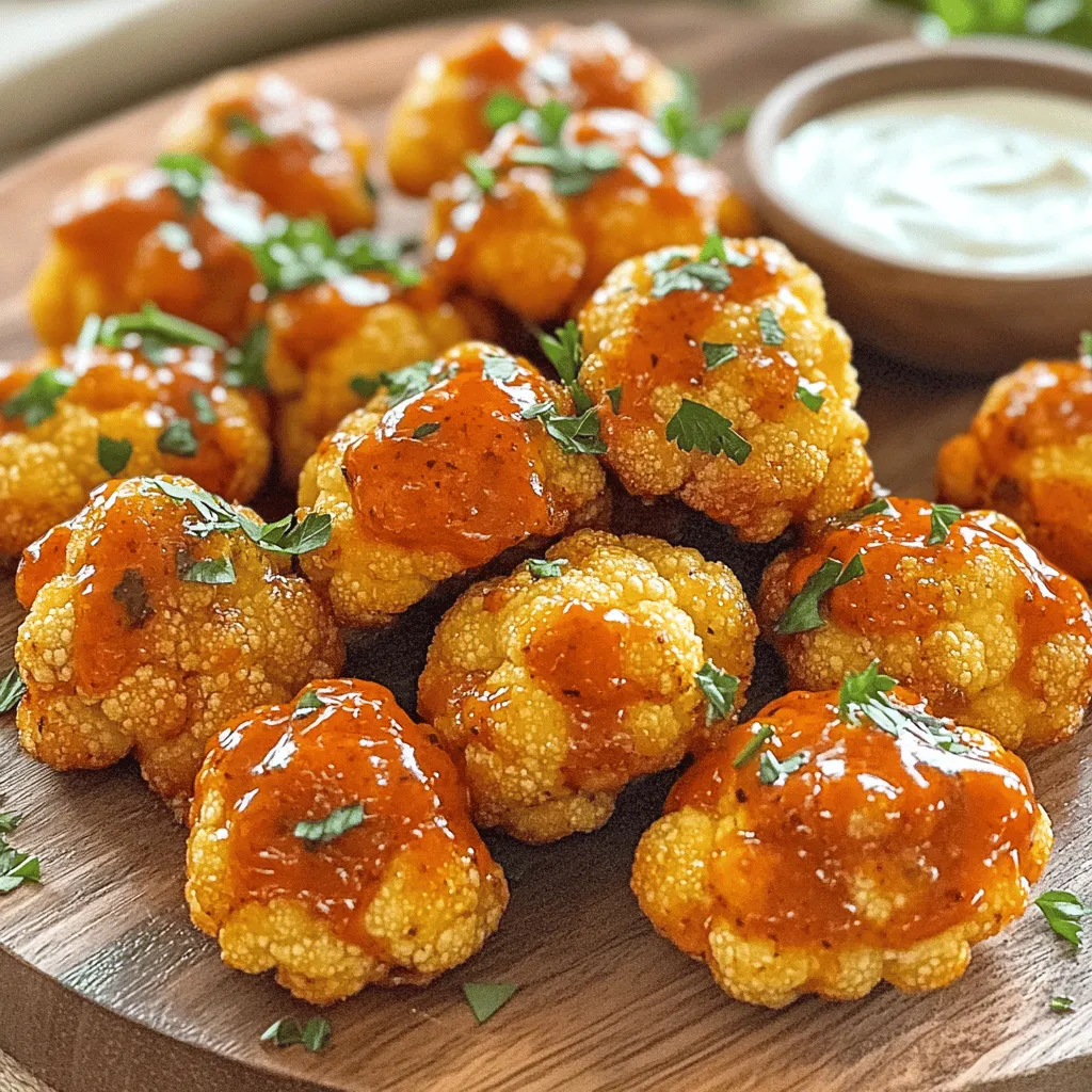 - Cauliflower: 1 medium head, cut into florets - Coating: 1 cup all-purpose flour, 1 cup water, spices (garlic powder, onion powder, smoked paprika) - Buffalo Sauce: 1 cup, with optional melted butter - Fresh Herbs: Parsley, finely chopped Each serving has about 150 calories, 5g of fat, 24g of carbs, and 4g of protein. When you gather your ingredients, fresh cauliflower is key. It gives the bites a nice crunch. The coating mix adds a tasty layer, making each bite flavorful. Garlic powder and onion powder enhance the taste without being too strong. Smoked paprika gives a hint of smokiness that pairs well with buffalo sauce. Buffalo sauce is the star here. You can adjust the heat to suit your taste. If you want it creamier, just add melted butter. This adds richness to each bite. Don't forget the parsley! It brightens the dish and adds a pop of color. This garnishing step makes your buffalo cauliflower bites more appealing. For a full recipe, check out the detailed instructions. Enjoy cooking these easy and flavorful snacks! Start by preheating your oven to 450°F (230°C). This high heat helps the cauliflower get crispy. While the oven warms up, line a baking sheet with parchment paper. This step prevents sticking and makes cleanup easy. In a medium mixing bowl, combine the flour and water. Add the garlic powder, onion powder, smoked paprika, salt, and black pepper. Whisk everything together until smooth. Make sure there are no lumps. This batter will coat the cauliflower and give it flavor. Take each cauliflower floret and dip it into the batter. Allow any excess batter to drip back into the bowl. Place the coated florets on the lined baking sheet. Make sure they are spaced out. This spacing ensures they become crispy and do not steam. Once the oven is preheated, slide the baking sheet inside. Bake the cauliflower for 20 minutes. Halfway through, turn the florets. This step helps them cook evenly and become golden brown. While the cauliflower bakes, prepare the buffalo sauce. In a separate bowl, mix the buffalo sauce with the melted butter, if you like. This mixture adds creaminess to the sauce and balances the spice. After 20 minutes, take the baking sheet out of the oven. Drizzle the buffalo sauce over the hot cauliflower. Gently toss them to coat well. Return the baking sheet to the oven for another 10-15 minutes. This second bake will make the bites crispy. After baking, garnish with finely chopped parsley for a fresh touch. For the full recipe, refer to the beginning of this article. To get those perfect crispy bites, you need to follow a few steps. First, ensure your cauliflower florets are well-coated but not drenched in batter. The batter should cling lightly to each piece. Use a cooling rack over the baking sheet to help air circulate around the bites. This method allows steam to escape, giving you a crunchier texture. Bake them at a high temperature, like 450°F (230°C), for the best results. Flip them halfway through baking for even crispiness. Want to kick up the flavor? You can add more spices to the batter. Try a pinch of cayenne for heat or some chili powder for depth. You could also mix in some dried herbs, like oregano or thyme. If you love garlic, add minced fresh garlic to the buffalo sauce for a punch. For a smoky flavor, use smoked paprika instead of regular paprika. Mix and match spices to find your perfect blend! Pairing is key when serving these bites. Ranch or blue cheese dressing makes a great dip. You can also try a creamy avocado dip for a twist. Serve with celery sticks or carrot sticks for crunch. For a full meal, pair them with a fresh salad. You could even use them as a topping for nachos. Get creative with what you have at home! For the complete recipe, check out the [Full Recipe]. {{image_4}} To make a vegan buffalo cauliflower bite, you need to swap a few ingredients. Use a plant-based milk, like almond or soy, instead of water. For the sauce, combine vegan butter with your favorite hot sauce. This makes a creamy, spicy glaze without using dairy. You can also add nutritional yeast to the batter for a cheesy flavor. If you need a gluten-free recipe, replace all-purpose flour with gluten-free flour. Almond flour or chickpea flour works well. Both add a nice texture and flavor. Make sure your buffalo sauce is gluten-free too, as some brands can have hidden gluten. Always check the labels for safety. You can change the flavor of your cauliflower bites easily. Try using BBQ sauce for a sweet twist. Mix garlic and parmesan for a savory delight. Honey mustard adds a tangy touch. Experiment with your favorite sauces to find your perfect bite. The options are endless, so have fun with it! To keep your buffalo cauliflower bites fresh, store them in an airtight container. Place a paper towel at the bottom of the container to absorb moisture. This helps maintain their crispiness. When you’re ready to eat, reheat them in the oven at 350°F (175°C) for about 10-15 minutes. This method keeps them crunchy. You can also use an air fryer for a quick reheat. Just cook them for about 5 minutes. If you want to freeze the buffalo cauliflower bites, let them cool completely first. Then, arrange them in a single layer on a baking sheet. Freeze for about an hour until firm. After that, transfer them to a freezer-safe bag or container. Make sure to remove as much air as possible. To defrost, place the bites in the fridge overnight. Reheat in the oven to restore their crispy texture. Buffalo cauliflower bites can last in the fridge for up to 3 days. If you freeze them, they can stay good for 2-3 months. Just remember, the longer they sit, the less crispy they become. For the best taste, enjoy them fresh or within a few days of making them. Always check for any signs of spoilage before consuming. Yes, you can prepare buffalo cauliflower bites ahead of time. You can coat the florets and store them in the fridge for up to 24 hours. This saves time when you want to serve them. Just bake them before serving, and they will be fresh and tasty. Buffalo cauliflower bites pair well with ranch dressing or blue cheese dressing. Both dips balance the heat from the buffalo sauce. You can also use a yogurt dip for a lighter option. Each dip adds flavor and creaminess to the bites. To make buffalo cauliflower bites spicier, simply add more buffalo sauce. You can also mix in hot sauce or crushed red pepper flakes into the batter. This way, you control the heat level to suit your taste. Experiment to find your perfect spice blend. Yes, you can use frozen cauliflower florets. Just thaw and drain them well before coating. This prevents excess moisture, which can make them soggy. Keep in mind that frozen florets may bake a little differently, so adjust your cooking time as needed. The best way to reheat leftover buffalo cauliflower bites is in the oven. Preheat your oven to 350°F (175°C). Place the bites on a baking sheet and heat for about 10-15 minutes. This way, they regain their crispiness and taste fresh again. You learned how to make delicious buffalo cauliflower bites today. We covered each ingredient, from the main head of cauliflower to the tasty coating and buffalo sauce. I shared step-by-step instructions and valuable tips for crispiness and flavor. Variations like vegan and gluten-free options allow everyone to enjoy this dish. Store leftovers properly for the best taste later. You can have fun experimenting with dips and sauces. Enjoy these bites, and share them with friends for a great snack!