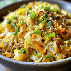 - 1 pound ground chicken (or lean turkey for a lighter alternative) - 1 tablespoon sesame oil - 2 cups coleslaw mix (a combination of shredded cabbage and carrots) - 1 small onion, diced - 2 cloves garlic, minced - 1 tablespoon fresh ginger, freshly grated - 1/4 cup soy sauce (or tamari for gluten-free variation) - 1 tablespoon rice vinegar - 1 teaspoon sriracha sauce (optional for an extra kick) - 2 green onions, sliced (for garnish) - Toasted sesame seeds (for garnish) If you want a low-carb option, use ground turkey or cauliflower rice instead of chicken. For vegetarian needs, swap the meat with tofu or tempeh. You can use coconut aminos in place of soy sauce for a gluten-free option. Tamari works great if you need a gluten-free soy sauce. Using fresh ingredients makes a big difference in taste. Choose bright, crisp cabbage and firm carrots for the coleslaw mix. Fresh ginger and garlic give a strong flavor, so pick the best quality. When these ingredients are fresh, your dish will shine and taste amazing. 1. First, grab a large skillet or wok. Add one tablespoon of sesame oil. 2. Heat the oil over medium-high heat until it shimmers. This takes about one minute. 3. Now, add the diced onion. Sauté for about 2-3 minutes. Stir often until the onion is soft. 4. Next, add two cloves of minced garlic and one tablespoon of grated ginger. Cook for one more minute. This brings out their strong flavors. 1. Now it is time to add one pound of ground chicken. If you prefer, use lean turkey instead. 2. Break the meat apart with a spatula as it cooks. Brown it evenly for about 5-7 minutes. Ensure there is no pink left. 3. Once the meat is browned, fold in two cups of coleslaw mix. 4. Add 1/4 cup of soy sauce and one tablespoon of rice vinegar. If you like heat, add one teaspoon of sriracha. 5. Stir well and cook for another 3-5 minutes. Allow the cabbage to soften slightly but keep some crunch. 1. Taste your dish and adjust the flavor. Add more soy sauce or sriracha if needed. 2. Once it’s just right, take the skillet off the heat. Let it rest for a minute. This helps the flavors blend. 3. Serve your tasty mixture in bowls. Garnish with sliced green onions and toasted sesame seeds. This adds a nice crunch and flavor. 4. For a great presentation, drizzle extra soy sauce around the bowl edges before serving. For the full recipe, check out Egg Roll in a Bowl Delight. To sauté your ingredients well, heat your skillet before adding oil. Use medium-high heat for a good sear. When cooking the chicken, break it apart with a spatula. This helps it brown evenly. For the right texture, ensure you don’t overcook the cabbage. You want it soft but still crunchy. Stirring often keeps everything mixed and helps cook evenly. For extra flavor, consider adding soy sauce variations. Try using a teriyaki sauce or hoisin for a sweet twist. Adding garlic powder or onion powder can also boost flavor. If you want a personal touch, toss in some crushed red pepper for heat. You can also mix in fresh herbs like cilantro or basil. These add freshness and depth. For serving, use deep bowls to hold the dish. This gives a nice presentation. Drizzle extra soy sauce around the edge for style. To garnish, slice green onions finely and sprinkle them on top. A sprinkle of toasted sesame seeds adds crunch and a nice look. Serve with chopsticks for a fun twist! {{image_4}} You can easily modify Egg Roll in a Bowl to fit different diets. If you want a vegetarian or vegan option, use tofu or tempeh instead of ground chicken. Just chop the tofu into small cubes and sauté it until golden. This gives you a great texture and flavor. For those who prefer alternative proteins, try shrimp or beef. Both work well with the other ingredients. Just cook them until they are done, and follow the same steps in the recipe. To make your dish pop, add unique ingredients. Consider adding water chestnuts for crunch, or mushrooms for umami. You can also toss in some bell peppers or snap peas for color and flavor. Experiment with different sauces too. Try hoisin sauce for sweetness or chili garlic sauce for heat. These changes can make your meal exciting and different every time you cook it. Egg Roll in a Bowl is great on its own, but you can enhance it further. Serve with rice or quinoa for a filling meal. You might also want to add a side salad for freshness. For gatherings, consider serving the dish in lettuce cups. This creates a fun and interactive way for guests to enjoy their meal. You can also set up a toppings bar with sliced green onions, sesame seeds, and extra sauces so everyone can customize their bowl. Don't forget to check out the Full Recipe for more tasty ideas! To keep your Egg Roll in a Bowl fresh, store it in an airtight container. Refrigerate leftovers within two hours of cooking. This helps prevent bacteria growth. If you plan to keep it longer, freezing is a great option. Divide the dish into meal-sized portions and place them in freezer-safe bags. Make sure to remove as much air as possible to avoid freezer burn. When you want to enjoy your leftovers, the best method is to reheat in a skillet. Heat a little oil over medium heat. Add your Egg Roll in a Bowl and stir it regularly until hot. This keeps the texture nice and prevents sogginess. You can also use the microwave if you’re in a hurry. Just cover the bowl with a lid or a damp paper towel to keep moisture in. Heat in short bursts, stirring in between, until warmed through. In the fridge, your Egg Roll in a Bowl lasts about three to four days. If you freeze it, it can last up to three months. Just remember to label your containers with the date. This way, you always know when to enjoy your tasty meal. For the best taste, eat it sooner rather than later. To make Egg Roll in a Bowl, follow these steps: 1. Heat sesame oil in a large skillet. 2. Sauté diced onion for 2-3 minutes. 3. Add minced garlic and ginger, cooking for one more minute. 4. Cook ground chicken or turkey until brown. 5. Stir in coleslaw mix, soy sauce, rice vinegar, and optional sriracha. 6. Cook for 3-5 minutes until the cabbage softens. 7. Adjust seasoning to taste, then serve hot. This method keeps the veggies crunchy and the flavors bright. You can check the Full Recipe for detailed instructions. Yes, you can use various meats for this dish. Ground turkey works well if you prefer a lighter option. Ground pork adds richness and flavor. You can also try ground beef for a heartier meal. For a vegetarian option, use tofu or tempeh. Just make sure to adjust cooking times for different proteins. Absolutely! Egg Roll in a Bowl is great for meal prep. It stores well in the fridge for up to four days. To keep it fresh, place it in airtight containers. You can also freeze portions for future meals. Just reheat in the microwave or on the stovetop. This way, you can enjoy a healthy dish anytime! This article covered everything you need for a delicious Egg Roll in a Bowl. You learned about key ingredients and how to make smart substitutes. I shared tips to keep your ingredients fresh and improve flavors. You now know simple steps to cook the dish and add your twist. Plus, I gave ideas for serving and storing leftovers. Let these tips help you create great meals, whether it's for yourself or a group. Enjoy your cooking journey and have fun experimenting with flavors!