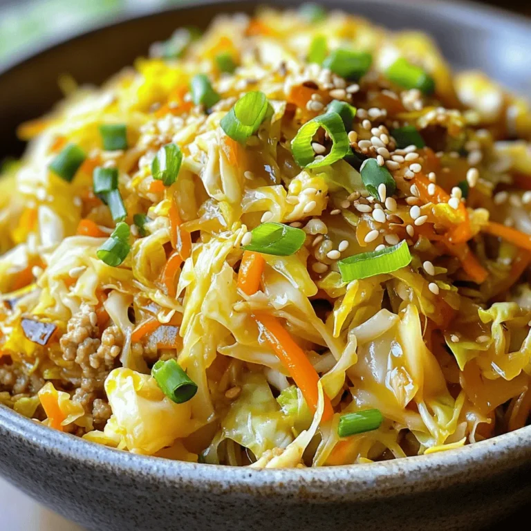 - 1 pound ground chicken (or lean turkey for a lighter alternative) - 1 tablespoon sesame oil - 2 cups coleslaw mix (a combination of shredded cabbage and carrots) - 1 small onion, diced - 2 cloves garlic, minced - 1 tablespoon fresh ginger, freshly grated - 1/4 cup soy sauce (or tamari for gluten-free variation) - 1 tablespoon rice vinegar - 1 teaspoon sriracha sauce (optional for an extra kick) - 2 green onions, sliced (for garnish) - Toasted sesame seeds (for garnish) If you want a low-carb option, use ground turkey or cauliflower rice instead of chicken. For vegetarian needs, swap the meat with tofu or tempeh. You can use coconut aminos in place of soy sauce for a gluten-free option. Tamari works great if you need a gluten-free soy sauce. Using fresh ingredients makes a big difference in taste. Choose bright, crisp cabbage and firm carrots for the coleslaw mix. Fresh ginger and garlic give a strong flavor, so pick the best quality. When these ingredients are fresh, your dish will shine and taste amazing. 1. First, grab a large skillet or wok. Add one tablespoon of sesame oil. 2. Heat the oil over medium-high heat until it shimmers. This takes about one minute. 3. Now, add the diced onion. Sauté for about 2-3 minutes. Stir often until the onion is soft. 4. Next, add two cloves of minced garlic and one tablespoon of grated ginger. Cook for one more minute. This brings out their strong flavors. 1. Now it is time to add one pound of ground chicken. If you prefer, use lean turkey instead. 2. Break the meat apart with a spatula as it cooks. Brown it evenly for about 5-7 minutes. Ensure there is no pink left. 3. Once the meat is browned, fold in two cups of coleslaw mix. 4. Add 1/4 cup of soy sauce and one tablespoon of rice vinegar. If you like heat, add one teaspoon of sriracha. 5. Stir well and cook for another 3-5 minutes. Allow the cabbage to soften slightly but keep some crunch. 1. Taste your dish and adjust the flavor. Add more soy sauce or sriracha if needed. 2. Once it’s just right, take the skillet off the heat. Let it rest for a minute. This helps the flavors blend. 3. Serve your tasty mixture in bowls. Garnish with sliced green onions and toasted sesame seeds. This adds a nice crunch and flavor. 4. For a great presentation, drizzle extra soy sauce around the bowl edges before serving. For the full recipe, check out Egg Roll in a Bowl Delight. To sauté your ingredients well, heat your skillet before adding oil. Use medium-high heat for a good sear. When cooking the chicken, break it apart with a spatula. This helps it brown evenly. For the right texture, ensure you don’t overcook the cabbage. You want it soft but still crunchy. Stirring often keeps everything mixed and helps cook evenly. For extra flavor, consider adding soy sauce variations. Try using a teriyaki sauce or hoisin for a sweet twist. Adding garlic powder or onion powder can also boost flavor. If you want a personal touch, toss in some crushed red pepper for heat. You can also mix in fresh herbs like cilantro or basil. These add freshness and depth. For serving, use deep bowls to hold the dish. This gives a nice presentation. Drizzle extra soy sauce around the edge for style. To garnish, slice green onions finely and sprinkle them on top. A sprinkle of toasted sesame seeds adds crunch and a nice look. Serve with chopsticks for a fun twist! {{image_4}} You can easily modify Egg Roll in a Bowl to fit different diets. If you want a vegetarian or vegan option, use tofu or tempeh instead of ground chicken. Just chop the tofu into small cubes and sauté it until golden. This gives you a great texture and flavor. For those who prefer alternative proteins, try shrimp or beef. Both work well with the other ingredients. Just cook them until they are done, and follow the same steps in the recipe. To make your dish pop, add unique ingredients. Consider adding water chestnuts for crunch, or mushrooms for umami. You can also toss in some bell peppers or snap peas for color and flavor. Experiment with different sauces too. Try hoisin sauce for sweetness or chili garlic sauce for heat. These changes can make your meal exciting and different every time you cook it. Egg Roll in a Bowl is great on its own, but you can enhance it further. Serve with rice or quinoa for a filling meal. You might also want to add a side salad for freshness. For gatherings, consider serving the dish in lettuce cups. This creates a fun and interactive way for guests to enjoy their meal. You can also set up a toppings bar with sliced green onions, sesame seeds, and extra sauces so everyone can customize their bowl. Don't forget to check out the Full Recipe for more tasty ideas! To keep your Egg Roll in a Bowl fresh, store it in an airtight container. Refrigerate leftovers within two hours of cooking. This helps prevent bacteria growth. If you plan to keep it longer, freezing is a great option. Divide the dish into meal-sized portions and place them in freezer-safe bags. Make sure to remove as much air as possible to avoid freezer burn. When you want to enjoy your leftovers, the best method is to reheat in a skillet. Heat a little oil over medium heat. Add your Egg Roll in a Bowl and stir it regularly until hot. This keeps the texture nice and prevents sogginess. You can also use the microwave if you’re in a hurry. Just cover the bowl with a lid or a damp paper towel to keep moisture in. Heat in short bursts, stirring in between, until warmed through. In the fridge, your Egg Roll in a Bowl lasts about three to four days. If you freeze it, it can last up to three months. Just remember to label your containers with the date. This way, you always know when to enjoy your tasty meal. For the best taste, eat it sooner rather than later. To make Egg Roll in a Bowl, follow these steps: 1. Heat sesame oil in a large skillet. 2. Sauté diced onion for 2-3 minutes. 3. Add minced garlic and ginger, cooking for one more minute. 4. Cook ground chicken or turkey until brown. 5. Stir in coleslaw mix, soy sauce, rice vinegar, and optional sriracha. 6. Cook for 3-5 minutes until the cabbage softens. 7. Adjust seasoning to taste, then serve hot. This method keeps the veggies crunchy and the flavors bright. You can check the Full Recipe for detailed instructions. Yes, you can use various meats for this dish. Ground turkey works well if you prefer a lighter option. Ground pork adds richness and flavor. You can also try ground beef for a heartier meal. For a vegetarian option, use tofu or tempeh. Just make sure to adjust cooking times for different proteins. Absolutely! Egg Roll in a Bowl is great for meal prep. It stores well in the fridge for up to four days. To keep it fresh, place it in airtight containers. You can also freeze portions for future meals. Just reheat in the microwave or on the stovetop. This way, you can enjoy a healthy dish anytime! This article covered everything you need for a delicious Egg Roll in a Bowl. You learned about key ingredients and how to make smart substitutes. I shared tips to keep your ingredients fresh and improve flavors. You now know simple steps to cook the dish and add your twist. Plus, I gave ideas for serving and storing leftovers. Let these tips help you create great meals, whether it's for yourself or a group. Enjoy your cooking journey and have fun experimenting with flavors!