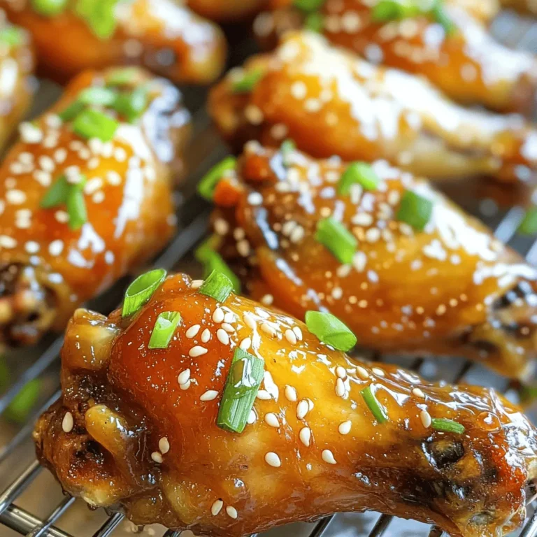 - 2 pounds chicken wings - 1/4 cup of honey - 3 tablespoons soy sauce - 2 tablespoons sriracha - 4 cloves garlic, finely minced - 1 teaspoon ginger, finely minced - 1 tablespoon olive oil - 1 teaspoon smoked paprika - 1/2 teaspoon freshly ground black pepper - 1/2 teaspoon salt - Sesame seeds and chopped green onions for garnishing - Additional spices for personal preference - Side dips like ranch or blue cheese dressing When I whip up Spicy Honey Garlic Chicken Wings, the first step is gathering my ingredients. I always use fresh chicken wings for the best flavor. Honey brings a natural sweetness that balances the heat from sriracha. Soy sauce adds a savory depth that makes every bite mouthwatering. Garlic and ginger are key players in this dish. They infuse the wings with a warm, aromatic flavor. Smoked paprika gives a lovely smokiness, while black pepper and salt enhance all the tastes. For a special touch, I suggest garnishing with sesame seeds and green onions. They add color and a nice crunch. Optional ingredients like extra spices or dips can tailor the wings to your liking. For the full experience, you can explore the [Full Recipe]. It helps you create these wings step by step. - Preheat your oven to 425°F (220°C). - Line a baking sheet with aluminum foil and place a wire rack on top. - In a large bowl, mix honey, soy sauce, sriracha, minced garlic, minced ginger, olive oil, smoked paprika, black pepper, and salt. Whisk until smooth. - Take the chicken wings and place them in the bowl with the marinade. - Use your hands or tongs to coat each wing well. - For the best flavor, let them marinate for at least 30 minutes. If you have more time, two hours will deepen the taste. - Lay the marinated wings out in a single layer on the wire rack. - Bake for 30 to 35 minutes. - Flip the wings halfway through cooking. This ensures they get crispy on both sides. After following these steps, your spicy honey garlic chicken wings will be bursting with flavor! For the full recipe, check out the complete details. To make your wings crispy, use a wire rack. This allows hot air to flow around each wing. It helps them cook evenly. If you don’t have a wire rack, try flipping the wings halfway through baking. Bake them at 425°F for about 30 to 35 minutes. If you want extra crispiness, you can cook them a bit longer. Just keep an eye on them so they don’t burn. Using leftover marinade can boost flavor. After baking, toss the wings in it for extra taste. If you want more heat, add sriracha to the marinade. You can adjust it based on your spice level. Start with two tablespoons and add more as needed. Remember, it’s all about finding the right balance for your taste buds. For presentation, serve the wings on a big platter. Sprinkle extra sesame seeds and green onions on top. This makes them look fancy and inviting. Pair them with ranch or blue cheese dressing for dipping. You can also serve them with fresh veggies like carrots or celery. They add a nice crunch and freshness to your meal. {{image_4}} You can easily change the heat level of your spicy honey garlic chicken wings. For a mild option, reduce the sriracha to just 1 tablespoon. If you want medium heat, stick with the 2 tablespoons. For hot wings, add an extra tablespoon or two of sriracha. You can also use fresh chili peppers for a unique flavor. Don't limit yourself to just one sauce! You can try BBQ sauce mixed with honey for a smoky flavor. Teriyaki sauce adds a sweet and savory twist. Mix flavors to create your own special sauce. This way, you can enjoy a new taste every time you make these wings. You can cook chicken wings in different ways. An air fryer gives you crispy wings without much oil. Set the air fryer to 400°F and cook for about 25 minutes. Flip them halfway for even crispiness. If you prefer the oven, follow the [Full Recipe] instructions for perfect wings. Grilling is another great option. Preheat the grill to medium heat and cook wings for about 20 minutes. Turn them often to avoid burning. No matter the method, your wings will be full of flavor! To keep your Spicy Honey Garlic Chicken Wings fresh, store them in an airtight container. This helps keep out air and moisture. Place the wings in the fridge if you plan to eat them within three days. For longer storage, use the freezer. Wrap the wings tightly in plastic wrap before placing them in a freezer bag. This method prevents freezer burn. To keep the wings crispy, avoid stacking them. Lay them flat in a single layer. You can also place parchment paper between layers if you must stack them. This keeps the wings from sticking together. To reheat your wings, the oven works best. Preheat your oven to 350°F (175°C). Spread the wings on a baking sheet in a single layer. Bake them for about 10 to 15 minutes. This method keeps them crispy. You can also use an air fryer. Set it to 350°F (175°C) and heat for about 5 to 7 minutes. This will crisp them up nicely. Avoid using the microwave. Microwaving wings often makes them soggy. If you must use it, cover the wings with a paper towel. This helps some, but the oven or air fryer is still better for keeping that crispy texture. For best flavor, marinate chicken wings for at least 30 minutes. If you have time, let them sit for up to 2 hours in the fridge. The longer marinating time helps the wings soak up all the tasty spices. Yes, you can use frozen chicken wings. Just make sure to thaw them first. Thaw overnight in the fridge or run them under cold water. Once thawed, follow the same marinating and cooking steps. You can serve the wings with a variety of sides. Some great options are: - Celery sticks - Carrot sticks - Ranch dressing - Blue cheese dressing - A fresh salad These sides will cool down the spice and add crunch to your meal. To make more wings, simply double or triple the ingredients. Keep the same marinating and cooking times. Just make sure your baking sheet can fit all the wings without crowding them. This way, they cook evenly and stay crispy. Each serving of Spicy Honey Garlic Chicken Wings contains: - Calories: About 400 - Protein: 30 grams - Carbohydrates: 20 grams - Fat: 25 grams These details can change based on the exact ingredients and portion sizes. For a more precise count, you can use a nutrition calculator. For the full recipe, check out the detailed instructions above. Fiery Honey Garlic Chicken Wings bring bold flavors to your table. Here’s how to make them. - 2 pounds chicken wings - 1/4 cup of honey - 3 tablespoons soy sauce - 2 tablespoons sriracha (adjust for your desired heat level) - 4 cloves garlic, finely minced - 1 teaspoon ginger, finely minced - 1 tablespoon olive oil - 1 teaspoon smoked paprika - 1/2 teaspoon freshly ground black pepper - 1/2 teaspoon salt - Sesame seeds for garnishing - Chopped green onions for garnishing 1. Preheat your oven to 425°F (220°C). Line a baking sheet with foil. Place a wire rack on top for crispiness. 2. In a large bowl, whisk together honey, soy sauce, sriracha, minced garlic, minced ginger, olive oil, smoked paprika, black pepper, and salt. Mix until smooth. 3. Add chicken wings to the marinade. Use your hands or tongs to coat each wing well. For a deeper flavor, marinate for at least 30 minutes. If you can, let them sit for 2 hours in the fridge. 4. Lay the marinated wings in a single layer on the wire rack. This helps them cook evenly and get crispy. 5. Bake the wings for 30 to 35 minutes. Flip them halfway to get both sides golden brown. 6. Toss wings in any leftover marinade after baking for extra flavor. This step is optional but tasty. 7. Serve hot, garnished with sesame seeds and chopped green onions for a fresh touch. Serve the wings on a large platter. Add extra sesame seeds and green onions for a great look. Pair with ranch or blue cheese dressing for dipping. You now have a clear guide to making spicy honey garlic chicken wings. We covered the necessary ingredients, marinating, and baking steps. Remember tips for crispiness and flavor enhancement. You can also try fun variations, different sauces, and serve these wings with cool dips or side dishes. Storing and reheating the wings properly keeps them tasty. Enjoy bringing this delicious dish to your table!
