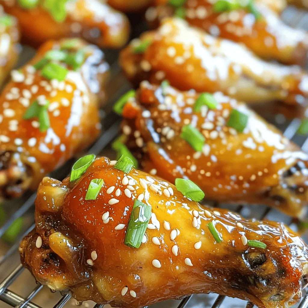 - 2 pounds chicken wings - 1/4 cup of honey - 3 tablespoons soy sauce - 2 tablespoons sriracha - 4 cloves garlic, finely minced - 1 teaspoon ginger, finely minced - 1 tablespoon olive oil - 1 teaspoon smoked paprika - 1/2 teaspoon freshly ground black pepper - 1/2 teaspoon salt - Sesame seeds and chopped green onions for garnishing - Additional spices for personal preference - Side dips like ranch or blue cheese dressing When I whip up Spicy Honey Garlic Chicken Wings, the first step is gathering my ingredients. I always use fresh chicken wings for the best flavor. Honey brings a natural sweetness that balances the heat from sriracha. Soy sauce adds a savory depth that makes every bite mouthwatering. Garlic and ginger are key players in this dish. They infuse the wings with a warm, aromatic flavor. Smoked paprika gives a lovely smokiness, while black pepper and salt enhance all the tastes. For a special touch, I suggest garnishing with sesame seeds and green onions. They add color and a nice crunch. Optional ingredients like extra spices or dips can tailor the wings to your liking. For the full experience, you can explore the [Full Recipe]. It helps you create these wings step by step. - Preheat your oven to 425°F (220°C). - Line a baking sheet with aluminum foil and place a wire rack on top. - In a large bowl, mix honey, soy sauce, sriracha, minced garlic, minced ginger, olive oil, smoked paprika, black pepper, and salt. Whisk until smooth. - Take the chicken wings and place them in the bowl with the marinade. - Use your hands or tongs to coat each wing well. - For the best flavor, let them marinate for at least 30 minutes. If you have more time, two hours will deepen the taste. - Lay the marinated wings out in a single layer on the wire rack. - Bake for 30 to 35 minutes. - Flip the wings halfway through cooking. This ensures they get crispy on both sides. After following these steps, your spicy honey garlic chicken wings will be bursting with flavor! For the full recipe, check out the complete details. To make your wings crispy, use a wire rack. This allows hot air to flow around each wing. It helps them cook evenly. If you don’t have a wire rack, try flipping the wings halfway through baking. Bake them at 425°F for about 30 to 35 minutes. If you want extra crispiness, you can cook them a bit longer. Just keep an eye on them so they don’t burn. Using leftover marinade can boost flavor. After baking, toss the wings in it for extra taste. If you want more heat, add sriracha to the marinade. You can adjust it based on your spice level. Start with two tablespoons and add more as needed. Remember, it’s all about finding the right balance for your taste buds. For presentation, serve the wings on a big platter. Sprinkle extra sesame seeds and green onions on top. This makes them look fancy and inviting. Pair them with ranch or blue cheese dressing for dipping. You can also serve them with fresh veggies like carrots or celery. They add a nice crunch and freshness to your meal. {{image_4}} You can easily change the heat level of your spicy honey garlic chicken wings. For a mild option, reduce the sriracha to just 1 tablespoon. If you want medium heat, stick with the 2 tablespoons. For hot wings, add an extra tablespoon or two of sriracha. You can also use fresh chili peppers for a unique flavor. Don't limit yourself to just one sauce! You can try BBQ sauce mixed with honey for a smoky flavor. Teriyaki sauce adds a sweet and savory twist. Mix flavors to create your own special sauce. This way, you can enjoy a new taste every time you make these wings. You can cook chicken wings in different ways. An air fryer gives you crispy wings without much oil. Set the air fryer to 400°F and cook for about 25 minutes. Flip them halfway for even crispiness. If you prefer the oven, follow the [Full Recipe] instructions for perfect wings. Grilling is another great option. Preheat the grill to medium heat and cook wings for about 20 minutes. Turn them often to avoid burning. No matter the method, your wings will be full of flavor! To keep your Spicy Honey Garlic Chicken Wings fresh, store them in an airtight container. This helps keep out air and moisture. Place the wings in the fridge if you plan to eat them within three days. For longer storage, use the freezer. Wrap the wings tightly in plastic wrap before placing them in a freezer bag. This method prevents freezer burn. To keep the wings crispy, avoid stacking them. Lay them flat in a single layer. You can also place parchment paper between layers if you must stack them. This keeps the wings from sticking together. To reheat your wings, the oven works best. Preheat your oven to 350°F (175°C). Spread the wings on a baking sheet in a single layer. Bake them for about 10 to 15 minutes. This method keeps them crispy. You can also use an air fryer. Set it to 350°F (175°C) and heat for about 5 to 7 minutes. This will crisp them up nicely. Avoid using the microwave. Microwaving wings often makes them soggy. If you must use it, cover the wings with a paper towel. This helps some, but the oven or air fryer is still better for keeping that crispy texture. For best flavor, marinate chicken wings for at least 30 minutes. If you have time, let them sit for up to 2 hours in the fridge. The longer marinating time helps the wings soak up all the tasty spices. Yes, you can use frozen chicken wings. Just make sure to thaw them first. Thaw overnight in the fridge or run them under cold water. Once thawed, follow the same marinating and cooking steps. You can serve the wings with a variety of sides. Some great options are: - Celery sticks - Carrot sticks - Ranch dressing - Blue cheese dressing - A fresh salad These sides will cool down the spice and add crunch to your meal. To make more wings, simply double or triple the ingredients. Keep the same marinating and cooking times. Just make sure your baking sheet can fit all the wings without crowding them. This way, they cook evenly and stay crispy. Each serving of Spicy Honey Garlic Chicken Wings contains: - Calories: About 400 - Protein: 30 grams - Carbohydrates: 20 grams - Fat: 25 grams These details can change based on the exact ingredients and portion sizes. For a more precise count, you can use a nutrition calculator. For the full recipe, check out the detailed instructions above. Fiery Honey Garlic Chicken Wings bring bold flavors to your table. Here’s how to make them. - 2 pounds chicken wings - 1/4 cup of honey - 3 tablespoons soy sauce - 2 tablespoons sriracha (adjust for your desired heat level) - 4 cloves garlic, finely minced - 1 teaspoon ginger, finely minced - 1 tablespoon olive oil - 1 teaspoon smoked paprika - 1/2 teaspoon freshly ground black pepper - 1/2 teaspoon salt - Sesame seeds for garnishing - Chopped green onions for garnishing 1. Preheat your oven to 425°F (220°C). Line a baking sheet with foil. Place a wire rack on top for crispiness. 2. In a large bowl, whisk together honey, soy sauce, sriracha, minced garlic, minced ginger, olive oil, smoked paprika, black pepper, and salt. Mix until smooth. 3. Add chicken wings to the marinade. Use your hands or tongs to coat each wing well. For a deeper flavor, marinate for at least 30 minutes. If you can, let them sit for 2 hours in the fridge. 4. Lay the marinated wings in a single layer on the wire rack. This helps them cook evenly and get crispy. 5. Bake the wings for 30 to 35 minutes. Flip them halfway to get both sides golden brown. 6. Toss wings in any leftover marinade after baking for extra flavor. This step is optional but tasty. 7. Serve hot, garnished with sesame seeds and chopped green onions for a fresh touch. Serve the wings on a large platter. Add extra sesame seeds and green onions for a great look. Pair with ranch or blue cheese dressing for dipping. You now have a clear guide to making spicy honey garlic chicken wings. We covered the necessary ingredients, marinating, and baking steps. Remember tips for crispiness and flavor enhancement. You can also try fun variations, different sauces, and serve these wings with cool dips or side dishes. Storing and reheating the wings properly keeps them tasty. Enjoy bringing this delicious dish to your table!