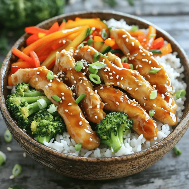 - 2 boneless, skinless chicken breasts, sliced into thin strips - 1 cup jasmine rice - 1/4 cup soy sauce - 2 tablespoons honey - 1 tablespoon rice vinegar - 1 tablespoon sesame oil - 2 cloves garlic, minced - 1 teaspoon fresh ginger, grated To make this dish, you need chicken breasts, jasmine rice, and a handful of tasty marinade ingredients. This marinade packs a punch with soy sauce, honey, rice vinegar, sesame oil, garlic, and ginger. These flavors blend well to create a sweet and savory taste that makes your mouth water. - 1 cup broccoli florets - 1 medium carrot, julienned - 1 red bell pepper, thinly sliced Fresh vegetables add color and nutrition. I love using broccoli, carrots, and bell peppers. They bring a nice crunch and a bright look to your bowl. Plus, the veggies cook quickly, which keeps them crisp and full of flavor. - 2 green onions, thinly sliced (for garnish) - Sesame seeds (for garnish) Garnishes are the finishing touch. Green onions add a fresh bite, while sesame seeds give a lovely crunch. These small details make your teriyaki chicken rice bowls look stunning. The full recipe lays out everything you need to create this delightful dish. Marinating the chicken is key for flavor. It helps the chicken soak up the tasty sauce. I recommend marinating for at least 30 minutes. This gives time for the flavors to mix well. To coat evenly, use a bowl that allows space for the chicken. Make sure each piece is covered in the marinade. You can even toss it gently to ensure full coverage. To cook perfect rice, start by rinsing it. This removes extra starch and keeps the rice from being sticky. Rinse under cold water until it runs clear. For jasmine rice, use a 1:2 ratio of rice to water. Combine 1 cup of rinsed rice with 2 cups of water or broth. Bring it to a boil, then lower the heat. Cover it and let it simmer for 15-18 minutes. After that, let it sit for 5 minutes off the heat. Fluff it gently with a fork before serving. Heat a large skillet over medium-high heat. Add a splash of water or a bit of sesame oil. Toss in the broccoli, carrot, and bell pepper. Stir-fry for about 5 minutes. You want them to stay bright and crunchy. Keep stirring to avoid burning. Remove them from the heat when they look vibrant. In the same skillet, add the marinated chicken. Pour in the leftover marinade too. Cook on medium-high heat for 5-7 minutes. Stir often to get a good sear. The chicken should reach a golden brown color and be fully cooked. Check that it is no longer pink inside. When it's time to serve, grab your bowls. Start with a scoop of fluffy jasmine rice in each one. Add a portion of the teriyaki chicken on top. Arrange the stir-fried vegetables on the side for a colorful look. For a nice touch, sprinkle green onions and sesame seeds on top. This will make your bowls pop! Check the [Full Recipe] to see the steps again. To make the best teriyaki sauce, you need to balance sweetness and saltiness. Use soy sauce and honey as your base. The soy sauce gives a nice salty flavor, while honey adds sweetness. You can adjust these based on your taste. If the sauce is too salty, add more honey. If it's too sweet, add a bit of soy sauce. Adding flavor enhancements can take your teriyaki sauce to the next level. Consider adding fresh ginger and minced garlic for depth. A splash of rice vinegar gives a nice tang. You can even add sesame oil for a nutty note. These little touches make a big difference. Prepping ingredients in advance saves time during the week. Start by slicing the chicken and veggies ahead of time. Store them in separate containers in the fridge. This way, you can quickly toss everything together when you're ready to cook. When it comes to storing leftovers, keep them in airtight containers. This helps keep your teriyaki chicken and rice fresh. You can store them in the fridge for up to three days. If you want to keep them longer, consider freezing the chicken and rice. They can last for about three months in the freezer. Pair your teriyaki chicken with side dishes for a complete meal. Steamed edamame or a simple cucumber salad works well. These sides add color and freshness to your plate. For bowl presentation, layer your ingredients nicely. Start with fluffy rice, then add the chicken. Place the stir-fried veggies on the side for a vibrant look. Don’t forget to sprinkle green onions and sesame seeds on top for extra appeal. For an eye-catching touch, use colorful bowls or plates. For a zesty kick, add a lime wedge on the side before serving. You can find the Full Recipe linked here for more details. {{image_4}} You can swap chicken for tofu or beef. Tofu gives a nice texture and soaks up flavors well. Just use firm tofu and press it to remove excess water. For beef, thinly slice flank steak. Cook it for a few minutes until browned. This keeps it juicy. For a vegan version, use seitan or tempeh. Both options provide protein and hold flavor nicely. Marinate them in the same teriyaki sauce for a great taste. If you want a change from jasmine rice, try quinoa or cauliflower rice. Quinoa adds extra protein and fiber. Cook it like rice, using a 2:1 water ratio. Cauliflower rice is light and low-carb. Just sauté it briefly to keep it crunchy. Other grain options include brown rice or farro. Brown rice has a nutty flavor, while farro adds a chewy bite. Both are filling and healthy choices. Spice up your bowl with sriracha. Just drizzle a little on top for heat. It pairs well with the sweet teriyaki sauce. You can also customize your bowl with different veggies. Try snap peas, bell peppers, or zucchini. Adding more colors makes the meal fun and vibrant. You can use seasonal vegetables for freshness. Enjoy making your teriyaki chicken rice bowls unique! [Full Recipe] To keep your teriyaki chicken rice bowls fresh, store them in airtight containers. Place the chicken, rice, and veggies in separate containers if possible. This helps maintain their texture. Refrigerate them right away. They can last for up to three days in the fridge. For longer storage, freeze your leftovers. Use freezer-safe containers or bags. Squeeze out as much air as you can. This will help prevent freezer burn. They can last for up to three months in the freezer. When you’re ready to enjoy your leftovers, you can reheat them in the microwave or oven. For the microwave, place the food in a microwave-safe bowl. Cover it with a damp paper towel. Heat it in short bursts, stirring in between until warm. If you prefer the oven, preheat it to 350°F. Spread the food on a baking sheet. Cover it with foil to keep it moist. Heat for about 15-20 minutes or until warm. To keep the texture and flavor, avoid overheating. This can dry out the chicken and rice. Enjoy your meal as if it were freshly made! You should marinate chicken for at least 30 minutes. This time allows the flavors to soak in. For a deeper taste, marinate it for up to 2 hours. Just don’t go overboard; too long can make the chicken mushy. Yes, you can use other types of rice. Brown rice is a great choice but takes longer to cook. Sushi rice adds a nice stickiness. Quinoa is also a healthy alternative. Choose what you like for your teriyaki chicken rice bowls. If you need a soy sauce substitute, try tamari for a gluten-free option. Coconut aminos work well too. Both have a similar taste without gluten. You can also use liquid aminos for a healthier twist. Yes, you can prep this recipe ahead of time. Cook the rice and chicken, then store them separately. You can also chop the veggies in advance. Just reheat everything when you’re ready to eat. Check the chicken's internal temperature. It should reach 165°F (75°C) for safe eating. You can also cut a piece open. The meat should be white with no pink inside. If it’s juicy and tender, you’re good to go! Teriyaki chicken rice bowls are fun and easy to make. You learned about the key ingredients like chicken, rice, and fresh veggies. I shared steps for marinating, cooking, and assembling your bowls. With tips on perfect sauce and meal prep, you can truly impress. Don't forget to explore protein and rice swaps for variety. These bowls can fit any taste. Enjoy creating a dish that is tasty and pleasing to the eye. Now, gather your ingredients and get cooking!