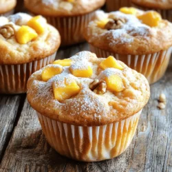 - 1 cup fresh peaches, peeled and diced into small chunks - 1 large egg, at room temperature - 1 cup buttermilk (or regular milk with 1 tablespoon of vinegar added and allowed to sit for 5 minutes) - 1/2 cup unsalted butter, melted and cooled to a warm temperature - 1 teaspoon pure vanilla extract Fresh peaches are key for these muffins. They add natural sweetness and moisture. Use ripe peaches for the best flavor. Make sure to peel and chop them into small pieces. This helps them mix well into the batter. - 2 cups all-purpose flour, sifted - 1 cup granulated sugar, plus extra for sprinkling - 1 tablespoon baking powder - 1/2 teaspoon baking soda - 1/2 teaspoon salt - 1/2 teaspoon ground cinnamon Each dry ingredient plays a role in the muffin's texture. The flour gives structure. Sugar adds sweetness. Baking powder and soda help the muffins rise. Salt enhances flavor, while cinnamon adds warmth. Sifting the flour ensures there are no lumps. - 1/4 cup finely chopped walnuts (optional for added crunch) If you want extra crunch, add walnuts. They create a nice texture contrast with the soft muffin. You can also try other nuts or seeds. Maybe even a sprinkle of chocolate chips for a fun twist! For the complete recipe, check the Full Recipe. Enjoy your baking! First, set your oven to 375°F (190°C). This step is key. While the oven warms, prepare your muffin tin. You can use paper liners or grease each cup with cooking spray. This helps the muffins release easily later. In a large bowl, combine the dry ingredients. Add 2 cups of sifted flour, 1 cup of sugar, 1 tablespoon of baking powder, and 1/2 teaspoon each of baking soda, salt, and ground cinnamon. Whisk these together well. You want a smooth mix without lumps. This blend gives the muffins their structure and sweetness. Grab another bowl for the wet ingredients. Mix 1/2 cup of melted butter, 1 large egg, 1 cup of buttermilk, and 1 teaspoon of vanilla extract. Whisk until smooth. This mixture adds moisture and flavor. It’s important that your butter is warm, not hot, to avoid cooking the egg. Now, it’s time for the star of the show—peaches! Gently fold in 1 cup of diced peaches and 1/4 cup of chopped walnuts if you like. Use a spatula for this. Be careful not to overmix; a few lumps are okay. This step adds sweetness and texture to your muffins. Spoon the batter into the muffin cups, filling each about two-thirds full. This allows space for them to rise. Place the muffin tin in your preheated oven. Bake for 18-22 minutes. Check for doneness by inserting a toothpick. If it comes out clean, they are ready. Let them cool in the pan for 5 minutes before transferring them to a wire rack. Enjoy your warm muffins! For the full recipe, be sure to check out the details. To make your peach muffins moist and fluffy, follow these steps: - Use ripe peaches. They add natural sweetness and moisture. - Measure your flour carefully. Too much flour makes muffins dry. - Don't overmix the batter. A few lumps are okay. Overmixing leads to tough muffins. - Incorporate buttermilk or yogurt. These ingredients add moisture and tenderness. To check if your muffins are done, insert a toothpick into the center. If it comes out clean, they are ready. The tops should be golden brown. Avoid opening the oven door too often. This can cause your muffins to sink. Serve your peach muffins warm. Dust them with powdered sugar for a nice touch. You might drizzle honey or maple syrup on top for extra flavor. Arrange the muffins on a decorative platter. This makes them look inviting and fun. For a pop of color, add some fresh mint leaves around them. Enjoy your delicious creation! {{image_4}} To make gluten-free peach muffins, swap all-purpose flour for a gluten-free blend. Look for a mix that includes xanthan gum. This will help the muffins rise well. The rest of the recipe stays the same. Just ensure all your other ingredients are gluten-free. These muffins will still be fluffy and tasty! For vegan peach muffins, replace the egg with a flax egg. To make a flax egg, mix one tablespoon of ground flaxseed with three tablespoons of water. Let this sit for five minutes. Use non-dairy milk, like almond or oat milk, instead of buttermilk. The rest of the recipe remains the same, ensuring a moist and delicious muffin. You can add fun flavors to your peach muffins. Try mixing in a teaspoon of almond extract for a nutty taste. Adding a half cup of blueberries pairs well with peaches. You can also sprinkle some lemon zest into the batter for a fresh twist. Get creative and make these muffins your own! For the full recipe, check the detailed instructions provided above. To keep your peach muffins fresh, let them cool completely. Then, store them in an airtight container. You can keep them at room temperature for up to three days. If you want to keep them longer, the fridge is a good option. Just remember to wrap them well to avoid drying out. Freezing peach muffins is simple. First, allow them to cool fully. Then, wrap each muffin in plastic wrap. For extra protection, place them in a freezer bag or airtight container. They can last up to three months in the freezer. When you're ready to enjoy them, just take out the number you need. To reheat frozen peach muffins, simply take them out and let them thaw. You can use a microwave for about 15-20 seconds. If you prefer the oven, preheat it to 350°F (175°C). Place the muffins on a baking sheet for about 5-7 minutes. This will help keep them soft and delicious. Yes, you can use canned peaches. Drain them well to avoid excess liquid. Fresh peaches offer a better flavor and texture, but canned peaches work in a pinch. If you use canned, chop them into small chunks, similar to fresh peaches. To prevent sticking, grease your muffin tin well. Use cooking spray or line with paper liners. If you use liners, make sure they fit snugly. This helps muffins release easily after baking. You can also dust the greased pan with a little flour for added insurance. You can use regular milk with vinegar as a substitute. Just add 1 tablespoon of vinegar to 1 cup of milk. Let it sit for five minutes. This creates a similar tangy flavor. Yogurt or sour cream mixed with water can also work well as a buttermilk alternative. Peach muffins stay fresh for about three days at room temperature. Store them in an airtight container. For longer storage, place them in the fridge for up to a week. You can freeze them for about three months. Just make sure to wrap them tightly. Yes, you can make mini peach muffins! Just reduce the baking time to about 12-15 minutes. Keep an eye on them, as mini muffins bake faster. The smaller size is great for snacks or brunch. Enjoy every little bite! Check out the Full Recipe to get started on your peach muffin adventure! In this blog post, we explored how to make delicious peach muffins. Fresh and dry ingredients play a key role. Then, we walked through simple steps for mixing and baking. I shared tips for moist muffins and creative variations, like gluten-free and vegan options. Finally, we covered the best storage methods to keep muffins fresh. Enjoy baking these delightful treats! Peach muffins can bring joy to any occasion. Give them a try and savor the flavor.