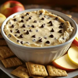 - 1 cup all-purpose flour (gently heat-treated for safety) - ½ cup brown sugar, tightly packed - ½ cup granulated sugar - ½ cup unsalted butter, softened to room temperature - 2 teaspoons pure vanilla extract - 1 (8 oz) package cream cheese, softened - ½ cup mini chocolate chips - ¼ teaspoon fine sea salt - Optional dippables: graham crackers, fresh apple slices, crispy pretzels When making Chocolate Chip Cookie Dough Dip, each ingredient plays a key role. First, I use heat-treated flour. This step keeps the dip safe to eat. Raw flour can contain harmful bacteria, so heating it makes it safe. Next, I add brown sugar and granulated sugar. The brown sugar brings moisture and flavor, while granulated sugar adds sweetness. Together, they create a rich base. Unsalted butter is next. Softened butter mixes easily into the sugars, making the dip creamy. Then, I mix in pure vanilla extract. This ingredient enhances the sweet taste and smells amazing. Now comes the cream cheese. It adds a smooth texture and rich flavor. I always make sure it’s softened for easy mixing. Then, I fold in the mini chocolate chips. These little bites of chocolate are a must for that classic cookie dough taste. Finally, I sprinkle in a bit of fine sea salt. This tiny addition balances the sweetness and enhances all the flavors. For dippables, I love using graham crackers, fresh apple slices, or crispy pretzels. These options add crunch and contrast to the smooth dip. You can find the full recipe in the article, and I promise it will be a hit! First, gather your ingredients. In a large mixing bowl, combine the softened butter, brown sugar, and granulated sugar. Use a hand mixer to beat them together on medium speed. Mix until the blend is light and fluffy, which should take about 2-3 minutes. This step adds air and makes the dip creamy. Next, add the softened cream cheese and pure vanilla extract to the bowl. Blend these until the mixture is smooth and creamy. This helps to create a rich base for your dip. Now, it’s time for the dry stuff. Gradually add the heat-treated flour into the mixture. Sprinkle in the fine sea salt as you mix. Use low speed on your mixer to combine everything well. You want a dough-like texture, so take your time mixing. Once your mixture is ready, use a rubber spatula to fold in the mini chocolate chips. This ensures they are evenly spread throughout the dip. Make sure not to overmix; you want those chips to stay in place! Finally, transfer the dip into a clean serving bowl. Smooth out the top for a nice look. Chill it in the fridge for at least 30 minutes. This makes the dip taste even better and gives it a nice creamy texture. When ready, serve it chilled with tasty dippables like graham crackers, fresh apple slices, or crispy pretzels. Enjoy this delightful treat! For further details on the ingredients and preparation, refer to the Full Recipe. For the best taste and texture, chill the dip for at least 30 minutes. This time helps the flavors blend well. It also makes the dip creamier. Use room temperature ingredients, like butter and cream cheese. This ensures smooth mixing and a fluffy dip. Cold ingredients can make it hard to blend. To make your dip look fun, sprinkle extra chocolate chips on top. This gives it a charming look and adds more chocolate flavor. Arrange your dippables around the bowl in a creative way. You can use graham crackers, apple slices, or pretzels. This not only looks appealing but also makes it easy for guests to grab a bite. One common mistake is not heat-treating the flour. Always ensure your flour is safe. You can do this by baking it at 350°F for about 5 minutes. Another mistake is overmixing the dip. Overmixing can make it less creamy. Mix just until combined for the best results. {{image_4}} You can easily adapt this recipe to fit different diets. For a vegan option, use plant-based cream cheese. It gives the same creamy texture without dairy. You can also swap the butter for coconut oil. This change keeps it rich and tasty. If you need a gluten-free dip, use gluten-free flour. This swap works well and keeps the dip delicious. Just make sure you choose a high-quality gluten-free flour blend. It will help maintain the right texture. Want to switch up the flavor? Adding peanut butter or almond extract can create a new taste. Peanut butter adds a nutty richness. Almond extract gives a sweet, fragrant note that pairs perfectly with chocolate. Try both and see which you like best! You can also mix in different types of chocolate chips. Dark, milk, or white chocolate all work great. Each type will change the flavor profile. Mixing chocolate chips can make the dip even more fun and exciting. When it comes to dippers, you have many options. Vanilla wafers are a classic choice. They are sweet and crunchy, perfect for scooping. Cookie sticks are also fun and easy to dip. Fresh fruits like strawberries and bananas are great pairings too. The sweetness of the fruit balances the rich dip. Plus, the juicy texture adds a nice contrast. You can even mix and match your dippers for a fun snack platter. To keep your chocolate chip cookie dough dip fresh, use an airtight container. This helps lock in moisture and flavor. Place the dip in the container and seal it tightly. Store it in the fridge for best results. Make sure to keep it away from strong-smelling foods to avoid flavor transfer. The dip stays fresh for about five days in the fridge. After that, check for signs that it’s no longer good. Look for any changes in texture or smell. If it smells off or looks dry, it's best to toss it. Always trust your senses when it comes to food safety. Yes, you can freeze this dip! To freeze, put it in a freezer-safe container. Make sure to leave some space at the top, as it may expand. It can last about two months in the freezer. When you're ready to enjoy it, thaw it in the fridge overnight. After thawing, stir it well before serving. This will help regain its creamy texture. Enjoy it with your favorite dippables! Yes, you can make this dip ahead of time. It stays fresh in the fridge for up to three days. Just store it in an airtight container. This keeps it moist and tasty. You can also chill it for 30 minutes before serving. It helps the flavors blend well. Make sure to give it a good stir before you serve it. This will bring back its creamy texture. No, it is not safe to eat raw flour. Raw flour can contain harmful bacteria. To make it safe, heat-treat the flour first. You can do this by baking it in the oven at 350°F for about five minutes. This process kills any bacteria. Once done, let it cool before mixing it into your dip. This step is very important for safety. If you need a substitute for cream cheese, there are good options. You can use Greek yogurt for a tangy taste. Softened silken tofu works well for a dairy-free option. Another choice is vegan cream cheese, which is creamy and tasty. These substitutes keep the dip delicious while meeting dietary needs. Choose what works best for you and enjoy! This blog post shared a simple yet delicious recipe for Chocolate Chip Cookie Dough Dip. We reviewed the key ingredients, step-by-step instructions, and helpful tips. Personalizing the dip with variations and knowing how to store it ensures you enjoy it longer. Remember, the right ingredients and preparation make all the difference. Dive in, get creative with dippables, and share it with friends! Enjoy every scoop of your homemade treat.