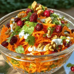 - 4 large carrots, finely grated - 1 cup dried cranberries - ½ cup walnuts, roughly chopped - ½ cup fresh cilantro, coarsely chopped - ¼ cup thick Greek yogurt - 2 tablespoons honey - 1 tablespoon apple cider vinegar - Salt and black pepper to taste Carrots are full of vitamins and good for your eyes. They have fiber, which helps digestion. Dried cranberries add sweetness and are rich in antioxidants. They may help keep your heart healthy. Walnuts are a good source of healthy fats and protein. They can support brain health. Fresh cilantro adds flavor and vitamins. Greek yogurt gives you protein and calcium, which help build strong bones. Honey is a natural sweetener that can soothe your throat. Apple cider vinegar may aid digestion and can help balance blood sugar. Salt and black pepper enhance flavor, but use them sparingly. If you need a nut-free option, try sunflower seeds instead of walnuts. For a dairy-free version, swap Greek yogurt with coconut yogurt. You can also use maple syrup instead of honey for a vegan choice. If you find cilantro too strong, parsley or spinach can work well too. For a tangier taste, you might add lemon juice instead of vinegar. First, gather all your ingredients. You need: - 4 large carrots, finely grated - 1 cup dried cranberries - ½ cup walnuts, roughly chopped - ½ cup fresh cilantro, coarsely chopped Grate the carrots. You can use a box grater or a food processor. Place the grated carrots into a large mixing bowl. Next, add the dried cranberries and chopped walnuts to the bowl. Mix them gently to combine. Now, it’s time to mix the salad. Start by preparing the dressing. In a small bowl, whisk together: - ¼ cup thick Greek yogurt - 2 tablespoons honey - 1 tablespoon apple cider vinegar - Salt and black pepper to taste Whisk until the dressing is smooth and creamy. Then, drizzle the dressing over the carrot mixture. Use a large spoon to gently toss everything together. Make sure all the ingredients get coated in the dressing. The dressing is simple yet tasty. The Greek yogurt gives it a creamy texture. Honey adds sweetness, while apple cider vinegar brings a nice tang. Adjust the salt and pepper to your taste. After tossing, fold in the coarsely chopped cilantro. This adds a fresh flavor to the salad. Taste the salad and adjust the seasonings if needed. If you want more sweetness, add more honey. For more flavor, add a pinch of salt or pepper. Enjoy your crunchy carrot cranberry delight! For the full recipe, see the details above. Grating carrots can be quick and easy. Use a box grater or a food processor. For best results, peel the carrots first. Grate them into a large bowl to catch all the shreds. If you want uniform pieces, try using a mandoline. This tool gives you even slices or shreds. This salad is all about balance. After mixing, taste it. If it needs more sweetness, add honey. If it's too sweet, a splash of vinegar helps. You can also add more salt or pepper as needed. Each bite should be fresh and bright. You can tweak the flavors to suit your likes. You can make this salad in advance. Grate the carrots and store them in the fridge. Mix the dressing and keep it separate. When it's time to serve, combine everything. This keeps the salad crunchy and fresh. You can prepare it up to a day ahead. Enjoy a quick and tasty meal! {{image_4}} You can change up the crunch by using other nuts or seeds. Instead of walnuts, try pecans or almonds. Both add a sweet, nutty flavor. If you want a different texture, sunflower seeds or pumpkin seeds work well too. They add a nice crunch and are packed with nutrients. Just make sure to toast them lightly for extra flavor. Feel free to mix in other fruits or veggies for a twist. Apples add a sweet and tart taste that pairs well with the salad. You could also add diced bell peppers for a bit of color and crunch. If you like a bit of spice, try adding some shredded cabbage. It gives a fun crunch and complements the carrots nicely. For a vegan or dairy-free option, you can swap out the Greek yogurt. Use a plant-based yogurt instead. Coconut yogurt adds a creamy texture and a hint of sweetness. You can also use tahini for a nutty flavor. Just mix it with a bit of water and lemon juice to get the right consistency. This keeps the salad tasty while meeting dietary needs. For the honey, maple syrup is a great substitution. It keeps the sweetness while staying vegan. Explore these variations to make your Carrot Cranberry Salad even more exciting! You can find the full recipe above. To keep your carrot cranberry salad fresh, store it in an airtight container. Glass containers work best. If you use plastic, make sure it seals well. Place the container in the fridge right after making the salad. This helps keep the flavors bright. When stored properly, the salad can last up to four days in the fridge. However, for the best taste, enjoy it within two days. The carrots stay crunchy, and the cranberries remain sweet during this time. After that, the flavors start to fade. Check for changes in color or texture. If the carrots look dull or slimy, it’s time to toss the salad. Also, smell it. If it has a sour odor, do not eat it. Always trust your senses; they are great guides. Keep these tips in mind to enjoy your crunchy carrot cranberry delight at its best! Yes, you can use fresh cranberries! Fresh cranberries have a tart flavor. They add a nice crunch, but they are much sourer than dried ones. If you use fresh, I recommend sweetening the salad a bit more. You can add extra honey or a pinch of sugar to balance the flavors. This small change can make a big difference in taste. Carrot Cranberry Salad pairs well with many dishes. Here are some great options to serve alongside it: - Grilled chicken or turkey - Baked salmon or trout - Quinoa or rice dishes - Tacos or burritos - A slice of hearty bread This salad also makes a great side for holiday meals. It brings a bright color and fresh taste to your plate. To make this salad healthier, consider these tips: - Use low-fat Greek yogurt instead of regular yogurt. - Swap honey for maple syrup or agave nectar for a lower-calorie option. - Add more vegetables like bell peppers or cucumbers for extra nutrients. - Use less salt and more herbs for flavor. These changes can help you enjoy a tasty dish while sticking to your health goals. For the full recipe, check out the Crunchy Carrot Cranberry Delight. This blog post covered how to make a tasty Carrot Cranberry Salad. We looked at the key ingredients and their health benefits. I shared easy steps to prepare and mix the salad, along with tips to enhance flavors. You can also try fun variations and proper storage methods. Remember, this salad can be changed to fit your taste or diet. Enjoy creating your own version and share it with loved ones! Healthy meals can be both fun and easy.
