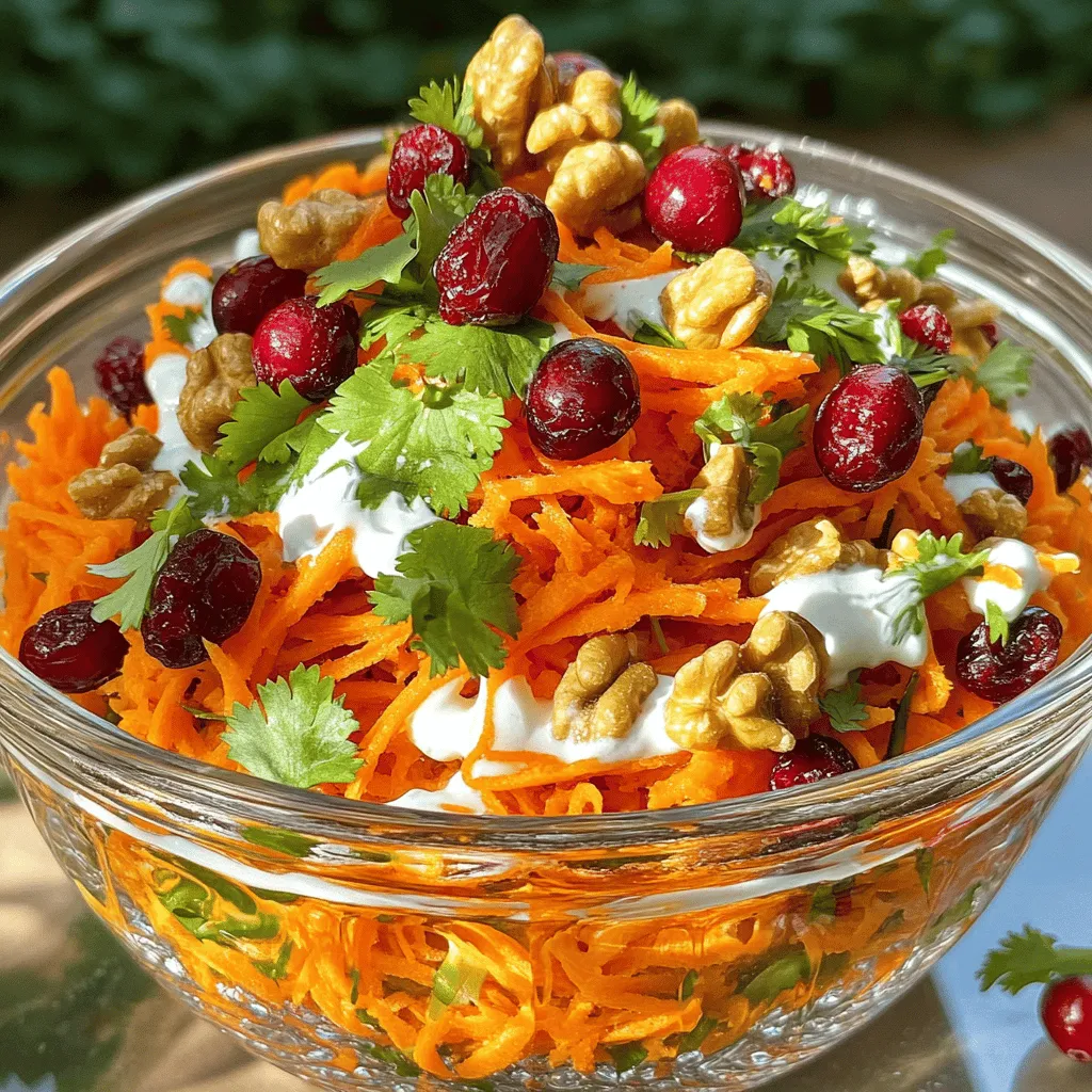 - 4 large carrots, finely grated - 1 cup dried cranberries - ½ cup walnuts, roughly chopped - ½ cup fresh cilantro, coarsely chopped - ¼ cup thick Greek yogurt - 2 tablespoons honey - 1 tablespoon apple cider vinegar - Salt and black pepper to taste Carrots are full of vitamins and good for your eyes. They have fiber, which helps digestion. Dried cranberries add sweetness and are rich in antioxidants. They may help keep your heart healthy. Walnuts are a good source of healthy fats and protein. They can support brain health. Fresh cilantro adds flavor and vitamins. Greek yogurt gives you protein and calcium, which help build strong bones. Honey is a natural sweetener that can soothe your throat. Apple cider vinegar may aid digestion and can help balance blood sugar. Salt and black pepper enhance flavor, but use them sparingly. If you need a nut-free option, try sunflower seeds instead of walnuts. For a dairy-free version, swap Greek yogurt with coconut yogurt. You can also use maple syrup instead of honey for a vegan choice. If you find cilantro too strong, parsley or spinach can work well too. For a tangier taste, you might add lemon juice instead of vinegar. First, gather all your ingredients. You need: - 4 large carrots, finely grated - 1 cup dried cranberries - ½ cup walnuts, roughly chopped - ½ cup fresh cilantro, coarsely chopped Grate the carrots. You can use a box grater or a food processor. Place the grated carrots into a large mixing bowl. Next, add the dried cranberries and chopped walnuts to the bowl. Mix them gently to combine. Now, it’s time to mix the salad. Start by preparing the dressing. In a small bowl, whisk together: - ¼ cup thick Greek yogurt - 2 tablespoons honey - 1 tablespoon apple cider vinegar - Salt and black pepper to taste Whisk until the dressing is smooth and creamy. Then, drizzle the dressing over the carrot mixture. Use a large spoon to gently toss everything together. Make sure all the ingredients get coated in the dressing. The dressing is simple yet tasty. The Greek yogurt gives it a creamy texture. Honey adds sweetness, while apple cider vinegar brings a nice tang. Adjust the salt and pepper to your taste. After tossing, fold in the coarsely chopped cilantro. This adds a fresh flavor to the salad. Taste the salad and adjust the seasonings if needed. If you want more sweetness, add more honey. For more flavor, add a pinch of salt or pepper. Enjoy your crunchy carrot cranberry delight! For the full recipe, see the details above. Grating carrots can be quick and easy. Use a box grater or a food processor. For best results, peel the carrots first. Grate them into a large bowl to catch all the shreds. If you want uniform pieces, try using a mandoline. This tool gives you even slices or shreds. This salad is all about balance. After mixing, taste it. If it needs more sweetness, add honey. If it's too sweet, a splash of vinegar helps. You can also add more salt or pepper as needed. Each bite should be fresh and bright. You can tweak the flavors to suit your likes. You can make this salad in advance. Grate the carrots and store them in the fridge. Mix the dressing and keep it separate. When it's time to serve, combine everything. This keeps the salad crunchy and fresh. You can prepare it up to a day ahead. Enjoy a quick and tasty meal! {{image_4}} You can change up the crunch by using other nuts or seeds. Instead of walnuts, try pecans or almonds. Both add a sweet, nutty flavor. If you want a different texture, sunflower seeds or pumpkin seeds work well too. They add a nice crunch and are packed with nutrients. Just make sure to toast them lightly for extra flavor. Feel free to mix in other fruits or veggies for a twist. Apples add a sweet and tart taste that pairs well with the salad. You could also add diced bell peppers for a bit of color and crunch. If you like a bit of spice, try adding some shredded cabbage. It gives a fun crunch and complements the carrots nicely. For a vegan or dairy-free option, you can swap out the Greek yogurt. Use a plant-based yogurt instead. Coconut yogurt adds a creamy texture and a hint of sweetness. You can also use tahini for a nutty flavor. Just mix it with a bit of water and lemon juice to get the right consistency. This keeps the salad tasty while meeting dietary needs. For the honey, maple syrup is a great substitution. It keeps the sweetness while staying vegan. Explore these variations to make your Carrot Cranberry Salad even more exciting! You can find the full recipe above. To keep your carrot cranberry salad fresh, store it in an airtight container. Glass containers work best. If you use plastic, make sure it seals well. Place the container in the fridge right after making the salad. This helps keep the flavors bright. When stored properly, the salad can last up to four days in the fridge. However, for the best taste, enjoy it within two days. The carrots stay crunchy, and the cranberries remain sweet during this time. After that, the flavors start to fade. Check for changes in color or texture. If the carrots look dull or slimy, it’s time to toss the salad. Also, smell it. If it has a sour odor, do not eat it. Always trust your senses; they are great guides. Keep these tips in mind to enjoy your crunchy carrot cranberry delight at its best! Yes, you can use fresh cranberries! Fresh cranberries have a tart flavor. They add a nice crunch, but they are much sourer than dried ones. If you use fresh, I recommend sweetening the salad a bit more. You can add extra honey or a pinch of sugar to balance the flavors. This small change can make a big difference in taste. Carrot Cranberry Salad pairs well with many dishes. Here are some great options to serve alongside it: - Grilled chicken or turkey - Baked salmon or trout - Quinoa or rice dishes - Tacos or burritos - A slice of hearty bread This salad also makes a great side for holiday meals. It brings a bright color and fresh taste to your plate. To make this salad healthier, consider these tips: - Use low-fat Greek yogurt instead of regular yogurt. - Swap honey for maple syrup or agave nectar for a lower-calorie option. - Add more vegetables like bell peppers or cucumbers for extra nutrients. - Use less salt and more herbs for flavor. These changes can help you enjoy a tasty dish while sticking to your health goals. For the full recipe, check out the Crunchy Carrot Cranberry Delight. This blog post covered how to make a tasty Carrot Cranberry Salad. We looked at the key ingredients and their health benefits. I shared easy steps to prepare and mix the salad, along with tips to enhance flavors. You can also try fun variations and proper storage methods. Remember, this salad can be changed to fit your taste or diet. Enjoy creating your own version and share it with loved ones! Healthy meals can be both fun and easy.