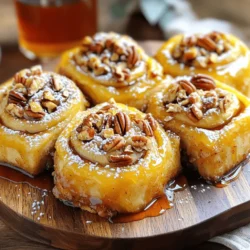 To make Maple Pecan Sticky Buns, you need: - 4 cups all-purpose flour - 1/4 cup granulated sugar - 2 tablespoons active dry yeast - 1 teaspoon salt - 1 cup warm milk (110°F/45°C) - 1/4 cup unsalted butter, melted - 2 large eggs - 1 teaspoon vanilla extract - 1 cup pecans, chopped - 1/2 cup brown sugar - 1/2 cup maple syrup - 1/4 cup unsalted butter, softened (for spreading) - 1 tablespoon ground cinnamon If you want to switch things up, consider these options: - Use whole wheat flour instead of all-purpose flour. - Coconut sugar can replace granulated sugar for a healthier choice. - For a dairy-free version, use almond milk in place of regular milk. - Coconut oil can work well as a substitute for butter. Choosing fresh ingredients is key to great taste. Here’s how: - Pecans: Look for pecans with a rich, nutty smell. They should be firm and not stale. - Yeast: Check the expiration date on the package. Fresh yeast will foam when activated with warm milk. - Flour: Ensure your flour is stored in a cool, dry place. It should be free from lumps or moisture. By picking the best ingredients, you set the stage for a delicious treat. For the full recipe, click here. To start, we need to activate the yeast. In a large mixing bowl, combine warm milk, granulated sugar, and active dry yeast. Let it sit for about 5 to 10 minutes. You will see bubbles forming on top. This means the yeast is ready. Next, in another bowl, whisk all-purpose flour and salt together. Create a well in the center of the flour. Pour in the yeast mixture, melted butter, eggs, and vanilla extract. Mix with a wooden spoon until you form a sticky dough. Now, we need to knead the dough. Transfer it to a floured surface. Knead for about 5 to 7 minutes. The dough should become smooth and elastic. If it sticks to your hands, add a bit more flour. After kneading, place the dough in a large bowl coated with oil. Cover it with a clean kitchen towel. Let the dough rise in a warm place for 1 to 2 hours. You want it to double in size. A warm environment helps the dough rise properly. While the dough rises, we prepare the sticky topping. In a small saucepan, melt softened butter, brown sugar, and maple syrup over low heat. Stir until smooth. Remove from heat and mix in chopped pecans. Once the dough has risen, gently punch it down. Roll it out on a floured surface into a rectangle about 14x10 inches. Spread softened butter over the rolled dough. Then, sprinkle the brown sugar and cinnamon evenly on top. Starting from one end, tightly roll the dough into a log. Use a sharp knife to cut the log into 12 equal slices. Place the sliced rolls cut-side up in your greased baking dish over the sticky topping. Cover the dish with a towel and let the rolls rise for another 30 to 45 minutes. This proofing helps them get fluffy. Now, preheat your oven to 350°F (175°C). Once the rolls have risen, it's time to bake them. Bake for 25 to 30 minutes, until they are golden brown. To check if they are done, look for a rich golden color. You can also tap the top lightly. If it sounds hollow, they are ready. Enjoy the delicious aroma filling your kitchen! For the full recipe, see above. - Preventing over-proofing and under-baking: Over-proofing can cause your sticky buns to be too airy. Keep an eye on the dough. It should double in size, but do not let it sit too long. Under-baking leads to doughy centers. Bake until golden brown and firm to the touch. - Correctly measuring ingredients: Accurate measuring is key. Use a kitchen scale for flour and sugar when possible. For liquid ingredients, use a clear measuring cup. Too much flour can make your dough dry. Too little liquid can lead to dense buns. - Adding spices or additional toppings: For extra flavor, try adding a pinch of nutmeg or cardamom to the dough. You can also mix in chocolate chips or dried fruits. These little tweaks can create a unique twist on your sticky buns. - Recommendations for serving and presentation: Serve your sticky buns warm. Dust them with powdered sugar or drizzle with more maple syrup right before serving. This adds a beautiful touch and enhances their sweetness. - Essential kitchen tools for baking: You will need a mixing bowl, rolling pin, and sharp knife. A kitchen scale can help with measuring. A baking dish, preferably glass or ceramic, works best for even baking. - Recommended baking dishes for best results: Use a 9x13 inch baking dish for perfect sticky buns. Glass or ceramic dishes help achieve a golden crust. If you use metal, check them a few minutes early to avoid over-baking. {{image_4}} You can switch nuts in your sticky buns. Walnuts work great instead of pecans. They add a rich, earthy flavor. If you want something fun, try adding chocolate chips. They melt and create a sweet surprise inside. Mix them with the nuts for a tasty twist. Seasonal fruits or spices can change the taste of your buns. In fall, add apples or pears for a fruity flair. Cinnamon and nutmeg also add warmth. For winter holidays, include cranberries or orange zest. These flavors make your buns festive and bright. Maple pecan sticky buns pair well with coffee or tea. A warm drink balances the sweetness. You can also serve them as dessert after a meal. They taste great any time of day. Enjoy them warm for the best flavor. For the full recipe, visit the recipe section. To keep your sticky buns fresh, use an airtight container. This keeps moisture in. If you want them to last longer, store them in the fridge. They can stay good for up to a week. However, if you prefer them warm, keep them at room temperature for a day. Just make sure they are covered well so they don’t dry out. When you’re ready to enjoy leftovers, there are easy ways to reheat them. The best method is the oven. Preheat it to 350°F (175°C). Wrap each sticky bun in foil. Heat for about 10 minutes. This keeps them soft. You can also use a microwave. Just heat for 15-20 seconds. But watch out! Microwaving can make them soggy. If you want to save sticky buns for later, freezing works great. First, let them cool completely. Then, wrap each bun tightly in plastic wrap. Place them in a freezer-safe bag. They can last for up to three months frozen. To enjoy later, take them out and thaw overnight in the fridge. You can reheat them after that. This way, you get the same fresh taste as when they were baked! For the complete recipe, check the Full Recipe section above. Sticky buns and cinnamon rolls look similar but taste different. Sticky buns have a sweet, gooey topping made from maple syrup and brown sugar. The pecans add a nice crunch. Cinnamon rolls focus on the sweet cinnamon filling, often without a sticky topping. Both are delicious but offer unique flavors and textures. Yes, you can make these sticky buns ahead of time. You can prepare the dough and let it rise overnight in the fridge. Just cover it well to keep it fresh. In the morning, shape the buns and let them rise again before baking. This saves time and makes breakfast easy! Look for a golden brown color on top. The edges should be firm, and the center should feel soft but set. For a precise check, use a thermometer. The internal temperature should reach 190°F (88°C). This ensures your buns are baked perfectly. Absolutely! You can use gluten-free flour blends in place of all-purpose flour. Look for blends that contain xanthan gum for better texture. Popular choices include almond flour or a gluten-free all-purpose mix. Adjust the liquid slightly as needed, since gluten-free flours can absorb more moisture. For the full recipe, check out the link provided! You now have all the tools to make delicious maple pecan sticky buns. We covered ingredients, step-by-step instructions, and common mistakes. This recipe allows for substitutions and variations, making it adaptable. Baking can be simple and fun. Enjoy experimenting with flavors, and don’t forget to store your leftovers properly. Remember, practice makes perfect. Trust your skills as you create a delightful treat for yourself and others. Happy baking!