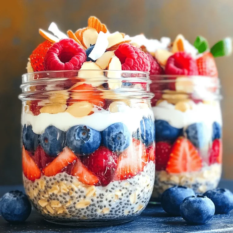 To make my berry bliss overnight oats, you need just a few simple ingredients. Here’s what you’ll need: - 1 cup rolled oats - 1 ½ cups almond milk (or your preferred milk) - 1 tablespoon chia seeds - 1 tablespoon maple syrup (optional) - 1 cup mixed berries (such as strawberries, blueberries, and raspberries) - ½ teaspoon vanilla extract - A pinch of salt - Optional toppings: sliced almonds, coconut flakes, extra berries These ingredients create a tasty and healthy breakfast. Rolled oats are great for keeping you full. Almond milk adds creaminess without dairy. Chia seeds bring fiber and omega-3s. Berries add natural sweetness and vibrant colors. The vanilla extract gives a nice flavor boost. You can also adjust the sweetness with maple syrup if you like. Feel free to get creative with toppings. Sliced almonds add crunch. Coconut flakes bring a tropical touch. More berries on top make it look pretty. You can find the full recipe in the previous section. Start by gathering a large mixing bowl. Add 1 cup of rolled oats, 1 tablespoon of chia seeds, and a pinch of salt into the bowl. Use a spoon to mix these dry ingredients well. Make sure there are no clumps. This step is important for even flavor. Chia seeds add a nice texture and help the oats soak up moisture. In another bowl, you will prepare the almond milk mixture. Pour 1 ½ cups of almond milk into the bowl. If you like a little sweetness, add 1 tablespoon of maple syrup. For extra flavor, include ½ teaspoon of vanilla extract. Whisk these together until the mixture is smooth. This will blend nicely with the dry ingredients later. Now, pour the wet mixture over the dry ingredients. Stir gently but make sure everything is mixed well. You should not see any dry oats left. This step is key for the oats to soak up all the flavors. If you want a creamy texture, mix until just combined. Next, it's time to fold in the berries. Take 1 cup of mixed berries, like strawberries, blueberries, and raspberries. Carefully add them into the oat mixture. Use a spatula to fold them in gently. This keeps the berries intact and evenly spread throughout. Save some berries for topping if you want! Now, divide the mixture into jars or containers. This makes it easy for breakfast. Use small jars for single servings. Seal them tightly with lids. Place the jars in the refrigerator. Let them chill overnight or at least 4-6 hours. This allows the oats to soak up the almond milk and absorb all the flavors. Enjoy your nutritious and easy preparation! For the full recipe, check out the complete guide. To adjust the sweetness of your overnight oats, use maple syrup. Start with one tablespoon. Stir it in after mixing the wet ingredients. Taste the oats before serving. If you want it sweeter, add more syrup. You can also use honey or agave as alternatives. Keep in mind that the berries add natural sweetness too. For a beautiful presentation, use clear jars. This lets you see the layers of oats and berries. Before serving, stir the oats to mix everything well. Garnish with extra berries and a sprinkle of sliced almonds or coconut flakes. This adds crunch and color. You can also drizzle a bit of maple syrup on top for extra flair. Serve with a spoon for easy enjoyment. You can choose various containers for your oats. Mason jars work great because they seal tightly. Glass containers are also good for keeping the oats fresh. If you want to take your oats on the go, use a leak-proof plastic container. Make sure whatever you choose has a lid. This keeps your oats fresh and ready for breakfast. {{image_4}} You can change the taste of your overnight oats by using different fruits. In summer, try fresh peaches or cherries. In fall, apples and pears work well. In winter, you can use dried fruits like raisins or figs. Each fruit brings new flavors and colors. The type of milk you use can change the taste. Almond milk adds a nutty flavor, while coconut milk gives a tropical twist. You might also try oat milk or cashew milk for different tastes. Yogurt can be a great base too. Greek yogurt adds creaminess and protein. You can enhance the nutrition and flavor with nuts and seeds. Walnuts and pecans add crunch. Pumpkin seeds or sunflower seeds give a tasty boost. Spices like cinnamon or nutmeg can add warmth. Experiment with what you like to find your perfect mix. For the full recipe, check out the Berry Bliss Overnight Oats. To keep your overnight oats fresh, use airtight containers. Glass jars work great. Make sure to seal them tightly. This helps prevent any odors from other foods in the fridge. Always store your oats in the refrigerator. They need to chill to absorb all the flavors. Overnight oats can last up to five days in the fridge. After that, they may lose texture and flavor. Always check for any signs of spoilage before eating. If they smell funny or look off, it's best to toss them. You can enjoy overnight oats cold right from the fridge. They taste great that way! If you prefer warm oats, heat them in the microwave. Add a splash of milk to help with moisture. Heat in short bursts, stirring in between. Enjoy your oats warm or cold, based on your mood! Overnight oats last about 3 to 5 days in the fridge. They stay fresh if stored in an airtight container. The flavors deepen as they sit, making them even tastier. Just check for any signs of spoilage before eating. You can use quick oats, but they change the texture. Quick oats can become mushy, while rolled oats stay chewier. If you like a creamy consistency, quick oats work fine. For a heartier bite, stick with rolled oats as in the Full Recipe. If you don’t have chia seeds, try flaxseeds or hemp seeds. Both add fiber and nutrients. You can also skip seeds altogether, but they do help with texture. For a thicker mix, consider adding some nut butter instead. Yes! Use almond milk or any plant-based milk. Make sure the sweetener, like maple syrup, is also vegan. This way, you can enjoy a tasty breakfast that fits your diet. This blog post guides you through making delicious overnight oats. We covered ingredients, step-by-step instructions, and tips for perfecting your oats. I shared ways to customize flavors, select containers, and store them properly. Remember, you can adjust sweetness and add toppings for variety. Whether you choose berries or nuts, you can create a meal that fits your taste. Keep experimenting with ingredients, and enjoy your quick, healthy breakfast. Your mornings just got more exciting with these easy overnight oats!