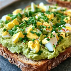 To make the avocado egg salad toast, you need: - 2 ripe avocados - 4 hard-boiled eggs, peeled and coarsely chopped - 2 tablespoons creamy Greek yogurt - 1 tablespoon Dijon mustard, preferably whole grain - 1 tablespoon freshly squeezed lemon juice - ½ teaspoon garlic powder - ¼ teaspoon smoked paprika - Salt and freshly ground black pepper, to taste - 4 slices of hearty whole-grain bread - Fresh chives, finely chopped (for garnish) You can personalize your avocado egg salad with these fun add-ins: - A pinch of red pepper flakes for heat - Diced tomatoes for freshness - Chopped olives for a salty kick - A sprinkle of feta cheese for creaminess This dish is not just tasty; it’s also good for you. Here are some benefits: - Avocados provide healthy fats and vitamins. - Eggs are a great source of protein and essential nutrients. - Greek yogurt adds creaminess with less fat than mayo. - Whole-grain bread offers fiber, keeping you full longer. This meal is balanced and can energize your day! You can find the Full Recipe in the earlier section. To start, grab two ripe avocados. Slice them in half and remove the pit. Use a spoon to scoop the green flesh into a large mixing bowl. With a fork, mash the avocados. Aim for a smooth yet slightly chunky texture. This gives your salad a great mouthfeel. Now, it's time to add flavor. Take four hard-boiled eggs, peel them, and coarsely chop them. Gently fold the chopped eggs into the mashed avocado. Be careful not to break the eggs too much. Next, add two tablespoons of creamy Greek yogurt, one tablespoon of Dijon mustard, and one tablespoon of lemon juice. Mix in half a teaspoon of garlic powder and a quarter teaspoon of smoked paprika. Stir everything until well combined. Taste it and season with salt and black pepper as needed. While you mix the salad, get four slices of hearty whole-grain bread. Toast them in a toaster or on a skillet. Cook until they turn golden brown and crisp. This will create a perfect base for your creamy salad. Once toasted, spread the avocado egg salad generously on each slice. Top with finely chopped chives for a pop of flavor. If you like it spicy, add a pinch of red pepper flakes. Enjoy your delicious creation! To get that ideal creamy yet chunky texture, mash the ripe avocados carefully. Use a fork and mix until smooth but keep some small pieces. When you fold in the chopped hard-boiled eggs, be gentle. You want to avoid breaking them too much. This keeps your egg salad satisfying and textured. Taste is key! Start by adding salt and black pepper to your avocado egg salad. Then, try adding garlic powder and smoked paprika for depth. If you like it spicy, toss in a pinch of red pepper flakes. Adjust the seasoning to your liking. Fresh lemon juice adds brightness, while Greek yogurt gives creaminess and tang. Serve your avocado egg salad on toasted whole-grain bread for a crunchy base. You can top it with fresh chives for a nice pop of color. For a fun twist, try adding sliced radishes or cherry tomatoes on top. Pair it with mixed greens for a complete meal. Enjoy it as a brunch dish or a light lunch. For the full recipe, check out the Avocado Egg Salad Toast section! {{image_4}} You can change the flavor of your avocado egg salad with different seasonings. For a zesty twist, try adding a pinch of cumin or coriander. A splash of hot sauce can give it some heat. If you like it sweet, a bit of honey mustard works great. Experiment with your favorite spices to find what you love. Toppings can add crunch and flavor to your toast. Try adding sliced tomatoes or radishes for a fresh bite. You can also sprinkle sunflower seeds or pumpkin seeds on top for crunch. If you enjoy a hint of sweetness, consider adding slices of fresh fruit like figs or strawberries. Each topping can make your dish unique. For a vegan version, swap the eggs with chickpeas. Mash them up like the eggs for a similar texture. Use vegan yogurt instead of Greek yogurt for creaminess. You can also add fresh herbs like dill or cilantro for extra flavor. This way, you keep the salad tasty and plant-based. For the full recipe, check out Avocado Egg Salad Toast! To keep your avocado egg salad fresh, store it in an airtight container. This helps prevent browning. If you have leftover toast, keep the salad and bread separate. The bread can get soggy if they sit together. Consume the salad within 2 days for the best taste. To maintain freshness, use lemon juice in your salad. This simple trick slows oxidation, which keeps the color bright. Always cover the bowl tightly if you plan to store it for later. If you notice the salad darkening, just stir it. The flavor will still be tasty! You don’t need to reheat the avocado egg salad. It's best enjoyed cold. If you want to heat the bread, toast it again until crisp. Just remember, once you heat the bread, do not add the salad until you are ready to eat. This keeps everything at its best! For the complete recipe, check the [Full Recipe]. Yes, you can make avocado egg salad ahead of time. I suggest you store it in an airtight container. This keeps it fresh for about one day. The avocado may brown slightly, but the taste stays great. To slow down browning, squeeze extra lemon juice on top before sealing. This dish is best enjoyed fresh, but it works well for meal prep. Hearty whole-grain bread is my favorite choice. It has a good texture and flavor. You can also try sourdough or rye for a twist. These breads are sturdy enough to hold the creamy salad. A nice, toasted crunch adds a great contrast to the soft filling. To make avocado egg salad toast even healthier, you can swap Greek yogurt for avocado oil. This reduces calories while keeping creaminess. You can also add more veggies. Try mixing in diced bell peppers or spinach. These add nutrients without altering the taste much. Choose whole-grain bread for added fiber. Following these tips makes this dish a guilt-free delight! This blog post covered how to make avocado egg salad toast. We reviewed the ingredients and simple steps to prepare it. I shared tips for the best texture and creative serving ideas. We also explored various adaptations and how to store leftovers. My final thoughts: This dish is easy and fun to make. It’s great for any meal. I hope you feel inspired to try it today. Enjoy your cooking!