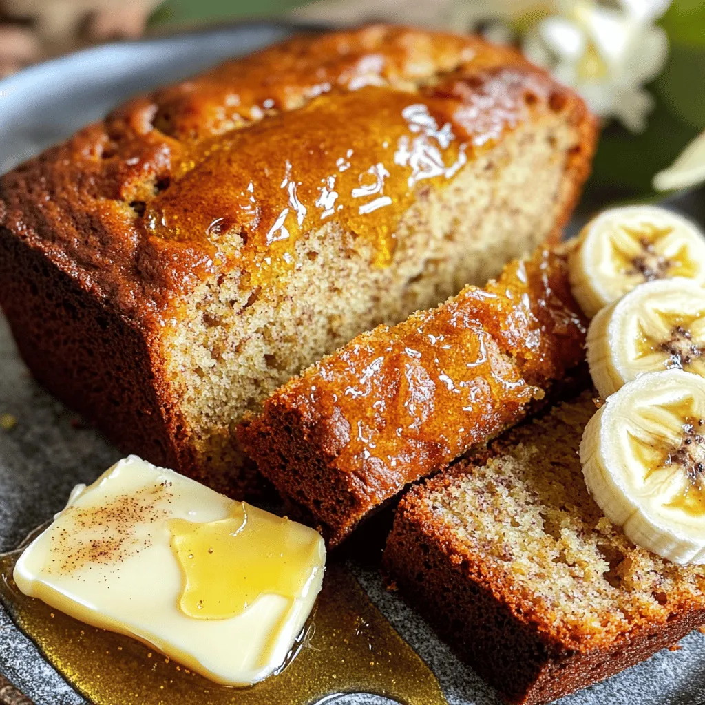 To make the best banana bread, you need a few key items. Here’s what you’ll need: - 3 ripe bananas, mashed - 1/3 cup unsalted butter, melted - 1 teaspoon baking soda - A pinch of salt - 3/4 cup granulated sugar (you can use 1/2 cup for less sweetness) - 1 large egg, beaten - 1 teaspoon pure vanilla extract - 1 cup all-purpose flour These ingredients work together to create a moist and tasty bread. You can make your banana bread even better with some fun add-ins. Here are a few ideas: - 1/2 cup chopped walnuts or pecans - 1/2 teaspoon ground cinnamon Adding nuts gives a nice crunch, while cinnamon adds warmth and depth. Choosing the right bananas is key. Here are some tips: - Look for bananas with a yellow peel and brown spots. - The more brown spots, the sweeter the bananas. - Avoid green bananas; they are not sweet enough. Ripe bananas will make your bread extra moist and flavorful. Start by preheating your oven to 350°F (175°C). This temperature ensures that your banana bread will bake evenly. While the oven warms up, get your loaf pan ready. Grease a 4x8-inch loaf pan with butter or oil. You can also line it with parchment paper for easy removal later. In a large mixing bowl, mash three ripe bananas. The riper the bananas, the better your bread will taste. Add 1/3 cup of melted unsalted butter to the bananas. Mix them together until smooth. The butter adds richness, while the bananas give moisture and sweetness to your bread. Next, it's time to add the dry ingredients. Sprinkle in 1 teaspoon of baking soda and a pinch of salt. Stir these into your banana mixture. Then, mix in 3/4 cup of granulated sugar, 1 beaten egg, and 1 teaspoon of pure vanilla extract. Blend everything until creamy. Now, gently fold in 1 cup of all-purpose flour. Do not overmix; it's okay to have small lumps. If you want some crunch, add 1/2 cup of chopped walnuts or pecans. A dash of 1/2 teaspoon of ground cinnamon adds warmth. Finally, pour the batter into your prepared loaf pan, spreading it evenly. Your banana bread is now ready to bake! To make moist banana bread, start with ripe bananas. Look for bananas with brown spots. These bananas are sweeter and add more moisture. Use melted unsalted butter for richness. Mixing the wet and dry ingredients carefully helps keep it soft. Avoid overmixing; a few lumps are okay. Let it cool in the pan for a bit, but don't let it sit too long. This keeps the bread tender. One common mistake is using unripe bananas. They don't give enough flavor or moisture. Another error is overbaking. Keep an eye on the time and test with a toothpick. If it comes out clean, it’s done. Also, don't skip the salt. It enhances the flavor. Lastly, don’t rush the cooling process. Cooling properly helps the bread set and stay moist. Here are some tools that can make baking easier: - A 4x8-inch loaf pan - Mixing bowls (one large for wet ingredients) - A spatula for folding batter - A whisk for mixing - An oven thermometer to check the right temperature - A toothpick for testing doneness With these tips, your banana bread will turn out perfectly moist every time. For the full recipe, check the details above. {{image_4}} You can make banana bread healthier by using less sugar. Try reducing granulated sugar to 1/2 cup. You can also swap out the butter for applesauce. This adds moisture without added fat. Consider using whole wheat flour instead of all-purpose flour. This change boosts fiber and nutrients. Adding nuts or seeds can also make it more filling. For a fun twist, try adding chocolate chips. They melt into gooey pockets of joy. You can also mix in spices like nutmeg or cardamom. These spices add warmth and depth. A teaspoon of espresso powder enhances the chocolate flavor too. If you want a tropical touch, add shredded coconut. These tweaks make your banana bread exciting and unique. If you need to make gluten-free banana bread, use almond or coconut flour. You can also try a gluten-free all-purpose mix. For a vegan option, replace the egg with flaxseed meal. Mix one tablespoon of flaxseed with three tablespoons of water. Let it sit until it thickens. You can also use plant-based butter or coconut oil instead of regular butter. These swaps keep the flavor rich while meeting dietary needs. For the full recipe, check out the Heavenly Banana Bread section. Storing banana bread properly keeps it fresh and tasty. First, let the bread cool completely. Wrap it in plastic wrap or foil. This will keep moisture in and prevent it from drying out. You can also place it in an airtight container. Store it at room temperature for up to three days. If you want it to last longer, consider freezing it. Freezing banana bread is easy. Wrap the cooled bread tightly in plastic wrap. Then, place it in a freezer-safe bag or container. Be sure to remove as much air as possible. This helps prevent freezer burn. Banana bread can stay fresh in the freezer for up to three months. When you're ready to enjoy it, just thaw it in the fridge overnight. To enjoy leftover banana bread, you can reheat it. Preheat your oven to 350°F (175°C). Place slices on a baking sheet. Heat them for about 10 minutes. This warms the bread and makes it soft again. You can also microwave a slice for about 15-20 seconds. If you like, add a pat of butter or a drizzle of honey for extra flavor. For the best banana bread, bananas should be very ripe. Look for bananas with brown spots or even black peels. The more ripe your bananas, the sweeter and moister your bread will be. Overripe bananas break down easily, adding flavor and moisture to your batter. This helps create that delicious texture we all love. Yes, frozen bananas work great! Just thaw them before use. Once thawed, drain any extra liquid. This keeps your batter from becoming too watery. Frozen bananas also become very soft, making them easy to mash. They will taste just as sweet as fresh ones. Banana bread can last about 2 to 4 days at room temperature. Be sure to wrap it in plastic wrap or place it in an airtight container. This helps keep it fresh and moist. If you live in a warm area, store it in the fridge to avoid mold. If your banana bread is too dense, try these tips: - Use less flour next time. - Make sure you do not overmix the batter. - Check your baking soda is fresh. Old baking soda can cause dense bread. - Ensure your bananas are well mashed, as lumps can lead to density. Follow the Full Recipe for a step-by-step guide to making this moist banana bread. You’ll be amazed at how simple it is to create this tasty treat. Enjoy every bite! In this post, we covered all you need for great banana bread. We discussed essential and optional ingredients, plus tips for choosing ripe bananas. You learned step-by-step how to mix and bake. I shared tricks for moist bread and common mistakes to avoid. You also saw fun variations and how to store your bread. With these insights, you can bake perfect banana bread every time. Enjoy your delicious creation!