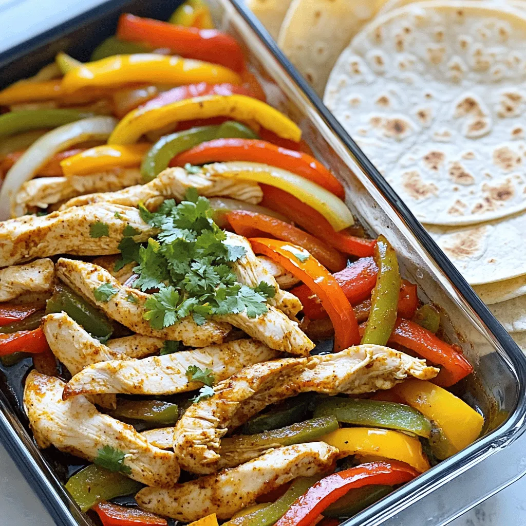 - 2 boneless, skinless chicken breasts - 1 red bell pepper - 1 yellow bell pepper - 1 green bell pepper - 1 medium onion - 3 cloves garlic - 2 tablespoons olive oil - 2 teaspoons chili powder - 1 teaspoon ground cumin - 1 teaspoon smoked paprika - 1/2 teaspoon salt - 1/2 teaspoon freshly ground black pepper - 1/4 teaspoon cayenne pepper (optional) - Fresh cilantro - Tortillas (flour or corn) I love to use fresh ingredients for my One-Pan Chicken Fajitas. You want the chicken to be juicy and tender. The peppers add crunch and sweetness. I use three types of bell peppers to give color and flavor. The onion and garlic enhance the taste even more. For seasoning, I use a mix of spices. Chili powder gives a warm kick. Ground cumin and smoked paprika add depth to the dish. Salt and black pepper balance all the flavors. If you like heat, cayenne pepper can spice things up a notch. When serving, fresh cilantro offers a bright touch. You can wrap the fajitas in warm tortillas. You can also customize them with your favorite toppings. This recipe really highlights how simple ingredients can create a delicious meal. For more details, check out the Full Recipe. - Preheat your oven to 400°F (200°C). - Prepare and slice all vegetables and chicken. To start, make sure all your veggies and chicken are ready. Cut the chicken into thin strips. Slice the red, yellow, and green bell peppers into thin strips. Cut the onion into wedges. Lastly, mince the garlic. Having everything prepped saves time and helps the dish cook evenly. - Combine chicken, vegetables, olive oil, and spices in a mixing bowl. - Ensure all ingredients are thoroughly coated. In a large mixing bowl, add your sliced chicken, bell peppers, onion, and minced garlic. Pour in the olive oil. Add chili powder, cumin, smoked paprika, salt, black pepper, and optional cayenne pepper. Mix everything well. You want every piece of chicken and veggie coated in that flavorful mix. This step is key to getting the best taste. - Transfer mixture to a baking sheet or oven-safe pan. - Bake for 20-25 minutes, stirring halfway through. Now, spread the mixture on a baking sheet or a sturdy oven-safe pan. Make sure it’s even. Bake in the preheated oven for 20-25 minutes. Stir the mixture halfway through to ensure even cooking. When the chicken is cooked and the veggies are tender, you’re ready to enjoy your One-Pan Chicken Fajitas. For the full recipe, click here. To make your fajitas pop, try adding extra spices. You can use paprika, oregano, or even some garlic powder. Each spice adds a new layer of flavor. A splash of lime juice at the end gives a zesty kick. It brightens the dish and balances the spices well. Using a cast-iron skillet is a great choice. It holds heat better than other pans, so your chicken cooks evenly. If you have extra time, consider marinating the chicken. A simple marinade with lime juice and seasonings adds deeper flavor. Just let it sit for 30 minutes before cooking. For a tasty twist, pair the fajitas with avocado or guacamole. These creamy toppings make every bite richer. Also, offer various toppings like cheese, salsa, or sour cream. This way, everyone can customize their fajitas to their taste. Don't forget to check the Full Recipe for more details! {{image_4}} You can make this dish your own by changing the protein. - Swap chicken for beef or shrimp for a different taste. - For a vegetarian option, use tofu instead. Tofu absorbs flavors well and adds protein. Feel free to mix up the veggies for more fun. - Incorporate zucchini or mushrooms for a new texture. - Try using different colors of bell peppers for a vibrant look. Red, yellow, and orange peppers add sweetness. Change the flavor to match your mood. - Make it Tex-Mex by adding different cheeses like cheddar or pepper jack. - If you like heat, add sriracha or hot sauce to spice things up. Adjust the amount to fit your taste. For the full recipe, you can check the original. Enjoy experimenting! Store any leftover One-Pan Chicken Fajitas in an airtight container. This keeps them fresh and safe to eat. You can keep them in the fridge for up to 3 days. Enjoy them later for a quick meal! You can freeze the fajita mixture before cooking. This is a great way to save time. Just thaw it overnight in the fridge before baking. This step helps the flavors blend nicely when you cook them. To reheat, use the oven or stovetop. This helps keep the chicken juicy. Make sure the chicken reaches a safe temperature of 165°F (74°C) before serving. Enjoy your tasty meal again! Yes, you can prep them in advance. Store the raw mixture in the fridge. You can also freeze it for later use. Rice, beans, or a fresh salad work great. They add color and flavor to your meal. To add heat, mix in more cayenne pepper. You can also add jalapeños for extra spice. Use an airtight container for leftovers. They will stay fresh in the fridge for up to 3 days. Fresh chicken is best for taste. However, you can use frozen chicken if you thaw it well first. In this blog post, we explored how to make delicious One-Pan Chicken Fajitas. We covered essential ingredients like chicken and colorful veggies, along with key seasonings. Step-by-step, you learned preparation and cooking methods to achieve great flavor. Don't forget about fun serving tips and variations to keep it exciting. Now, get creative and enjoy this dish with your favorite toppings. Your next meal can be tasty and easy!