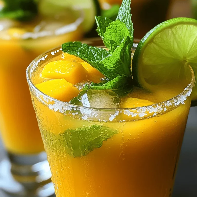 - 2 ripe mangoes, peeled and diced - 2 tablespoons tamarind paste - 2 tablespoons honey or maple syrup Mangoes are sweet and juicy. They form the base of this drink. Tamarind adds a tangy twist. You can choose honey or maple syrup to adjust the sweetness. Both options blend well with the fruity flavor. - 1 teaspoon ground cumin - 1/2 teaspoon black salt (or regular salt) - 1 teaspoon fresh ginger, grated Ground cumin adds warmth. It pairs nicely with tamarind. Black salt gives a unique taste. If you can't find it, regular salt works too. Fresh ginger adds a zesty kick. Together, these spices make the drink special. - Fresh mint leaves - Lime wedges Mint leaves add a fresh aroma. They also look great in the glass. Lime wedges give a pop of color and flavor. These garnishes make your drink more inviting. For the complete recipe, check the Full Recipe. 1. Start with two ripe mangoes. Peel and dice them into small pieces. 2. Place the mangoes in a blender. Add two tablespoons of tamarind paste. 3. Next, add your sweetener. You can use honey or maple syrup. Two tablespoons is a good start. 4. Add one teaspoon of ground cumin and half a teaspoon of black salt or regular salt. 5. Grate one teaspoon of fresh ginger and add it to the blender. 6. Pour in one cup of cold water. Blend on high speed until smooth. 7. Taste the mixture. If you want it sweeter, add more honey or maple syrup. 8. Use a fine mesh sieve to strain the mixture into a large pitcher. This removes any pulp. 9. Press down gently with a spatula to get all the flavorful liquid. 1. Add the remaining two cups of cold water or sparkling water to the pitcher. 2. Stir well to combine all the flavors. 3. Place the pitcher in the refrigerator. Chill for at least 30 minutes. 1. Get your glasses ready. Fill each glass with ice cubes. 2. Pour the spiced mango tamarind cooler over the ice. 3. Garnish each glass with fresh mint leaves and a lime wedge. 4. Enjoy your refreshing drink! For the full recipe, refer to the earlier section. To make your spiced mango tamarind cooler just right, tweak the sweetness and spice. Start with the honey or maple syrup. If you like it sweeter, add more. For spice, you can increase the ground cumin. Try adding a dash of chili powder for a fun kick. This extra spice works well with the mango and tamarind. This cooler is great for many occasions. Serve it at summer barbecues, picnics, or pool parties. It adds a refreshing touch to any gathering. Pair it with light snacks like chips, salsa, or fresh fruit. It also goes well with spicy dishes like tacos or curry. A smooth texture makes your drink enjoyable. To achieve this, blend the mixture until it is silky. Use a high-speed blender for best results. If you want a finer texture, strain it with a fine mesh sieve. This removes any lumps and leaves you with a smooth drink. {{image_4}} You can add other fruits to your spiced mango tamarind cooler. Pineapple and lime work great. Pineapple brings sweetness, while lime adds a zesty kick. You can also mix in berries for a colorful twist. For sweeteners, honey and maple syrup are common. However, you can try agave nectar or stevia. Each sweetener changes the flavor slightly. Experiment to find your favorite! Spices are key to making this drink unique. You can add chili powder for heat. It gives a nice contrast to the sweet mango. If you want a milder drink, reduce the cumin. You can even skip it altogether if you prefer. Try adding a pinch of ground cardamom or cinnamon too. They will enhance the flavor. Remember, spices can change the whole drink, so adjust them to your taste. If you're looking for healthier options, use natural sweeteners. Coconut sugar or date syrup are good choices. They add sweetness without artificial ingredients. You can also cut calories by using less sweetener. A little goes a long way! If you want a low-calorie version, use sparkling water instead of regular water. This will keep the drink light and refreshing. To keep your spiced mango tamarind cooler fresh, store leftovers in the fridge. Use airtight containers to prevent any off-flavors. This method helps lock in the vibrant taste of mango and tamarind. The cooler lasts about three days in the fridge. After this time, the flavor may change. Signs of spoilage include changes in smell or color. If it starts to look or smell off, it’s best to toss it. You can freeze the cooler, but it may change the texture. Pour it into ice cube trays for easy use later. To defrost, place the cubes in the fridge overnight. Stir well before serving, and enjoy a refreshing taste even after freezing! You can use lime juice or apple cider vinegar instead of tamarind paste. Lime juice gives a bright, tangy taste, while apple cider vinegar adds a mild acidity. Both options will change the drink's flavor but will still be tasty. If you want a sweeter option, consider using pomegranate molasses. It adds a unique fruitiness and depth to the cooler. Yes, Spiced Mango Tamarind Cooler is healthy! Mangoes are rich in vitamins A and C. They also provide antioxidants that boost your immune system. Tamarind paste offers digestive benefits and can help with gut health. Honey or maple syrup adds natural sweetness without refined sugar. This drink keeps you hydrated, especially in hot weather. Yes, you can prepare this drink ahead of time! Just make the mixture up to 24 hours in advance. Keep it in the fridge to stay fresh. When ready to serve, pour it over ice and add garnishes. This way, you save time and impress your guests with a cool, refreshing drink. This blog post covered how to make a Spiced Mango Tamarind Cooler. We looked at the key ingredients, like ripe mangoes and tamarind paste. I provided step-by-step instructions and helpful tips for the best flavor. We also explored fun variations and storage tips. In the end, this cooler is a tasty treat for any occasion. You can easily personalize it to suit what you like. Enjoy making this refreshing drink!