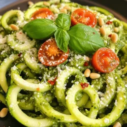 - 4 medium zucchinis, spiralized - 1 cup fresh basil leaves - 1/4 cup pine nuts - 1/2 cup grated Parmesan cheese - 2 garlic cloves, minced - 1/2 cup extra virgin olive oil - Salt and freshly ground black pepper - 1 cup cherry tomatoes, halved - Crushed red pepper flakes To make zucchini noodles with pesto, I focus on fresh and high-quality ingredients. The main star of this dish is zucchini. I use four medium zucchinis, spiralized into long, noodle-like shapes. This gives a fun and healthy twist to traditional pasta. Next, I add a cup of fresh basil leaves. Basil brings a bright, aromatic flavor that pairs perfectly with the zucchini. I also include a quarter cup of pine nuts. Lightly toasting them enhances their flavor and adds a nice crunch. In addition to these main ingredients, I mix in half a cup of grated Parmesan cheese. This cheese adds richness and depth to the dish. Two minced garlic cloves bring a bold kick, while half a cup of extra virgin olive oil adds smoothness and helps blend everything together. For those who want to customize their dish, I suggest using salt and freshly ground black pepper to taste. Adding one cup of halved cherry tomatoes gives a pop of color and sweetness. If you like some heat, sprinkle in crushed red pepper flakes for an extra zing. For the full recipe, check the detailed instructions above. - Step 1: Combine basil, pine nuts, Parmesan, and garlic in a food processor. This mix gives your pesto a rich taste. Blend them until they are finely chopped. - Step 2: Add olive oil gradually while blending. Start blending on low speed. Pour in the olive oil slowly. This helps make the pesto creamy. - Step 3: Season with lemon juice, salt, and pepper. Add lemon juice for brightness. Taste your pesto and adjust salt and pepper. Set it aside for later. - Step 1: Heat olive oil in a skillet. Warm a teaspoon of olive oil in your skillet over medium heat. - Step 2: Sauté zucchini noodles for 2-3 minutes. Add the spiralized zucchini to the skillet. Toss gently as they cook. - Step 3: Avoid overcooking for best texture. Cook until they are tender but still firm. Overcooking can make them mushy. - Step 1: Mix sautéed noodles with pesto. Once the noodles are done, turn off the heat. Add the pesto and toss until well mixed. - Step 2: Plate and garnish with tomatoes and optional spice. Divide the noodles onto plates. Top with halved cherry tomatoes and optional red pepper flakes. - Step 3: Serve immediately and enjoy. Present your dish right away for the best taste. Enjoy your fresh and flavorful zucchini noodles with pesto! - Use fresh basil for best flavor. The bright green leaves give a sweet taste. - Try other nuts like walnuts for a twist. They add a different crunch. - Don't overcook zucchini noodles to maintain crunch. Cook them for only 2-3 minutes. - Use a non-stick pan for easier cooking. This keeps the noodles from sticking. - Pair with grilled chicken or shrimp for added protein. This makes the meal heartier. - Serve with crusty bread for a complete meal. It adds great texture and flavor. {{image_4}} You can easily make this dish vegan. Just replace the Parmesan cheese with nutritional yeast. Nutritional yeast gives a cheesy flavor without using dairy. This change keeps the dish creamy and tasty while being plant-based. If you want to mix things up, try using a sun-dried tomato pesto. It adds a rich and tangy twist to your zucchini noodles. This option pairs well with the fresh taste of zucchini and brings a pop of color to your plate. For extra nutrition, consider adding bell peppers or spinach. Both veggies cook quickly and blend well with the zucchini. Bell peppers give a sweet crunch, while spinach adds a mild flavor and boosts your dish’s vitamins. To keep your Zucchini Noodles with Pesto fresh, store them in airtight containers. Place the noodles and pesto separately to maintain their best texture. Store them in the refrigerator for up to three days. This method helps keep the flavors bright and the noodles crisp. When it's time to eat your leftovers, sauté them quickly. Heat a pan over medium heat, add a bit of olive oil, and toss in the noodles. Cook for just two minutes, stirring often. This method warms the dish without making the noodles mushy. You want them to stay tender-crisp. You can freeze the pesto but not the zucchini noodles. Pesto freezes well in ice cube trays for easy use later. Once frozen, transfer the cubes to a zip-top bag. When you're ready to use it, just thaw the pesto in the fridge overnight. Enjoy your fresh zucchini noodles the same day you make them for the best taste! To make zucchini noodles, you need a spiralizer. Here’s how to spiralize zucchini: 1. Choose Fresh Zucchini: Pick firm, medium-sized zucchinis. 2. Wash and Trim: Wash them well, then cut off the ends. 3. Spiralize: Secure each zucchini in the spiralizer and twist. This creates long, noodle-like strands. These noodles cook quickly and can be used in many dishes. Yes, you can make pesto ahead of time. Here are tips for preparing and storing it: - Make Ahead: Prepare the pesto and store it in an airtight container. - Cover with Oil: Drizzle a thin layer of olive oil on top before sealing. This helps keep it fresh. - Storage: Keep it in the fridge for up to a week. For longer storage, freeze it in ice cube trays. You can pair zucchini noodles with many tasty proteins and sides: - Proteins: Grilled chicken, shrimp, or tofu work well. - Side Dishes: Serve with a light salad or roasted veggies for a complete meal. Feel free to mix and match to find your perfect combo! For the full recipe, check out the link above. Zucchini noodles with pesto make a fresh and tasty meal. We covered the main ingredients, like zucchini, basil, and pine nuts. I shared steps for making pesto, cooking the noodles, and combining them. Tips for perfecting your dish, storage, and variations help you customize your meal. With these insights, you can create a delicious dish that’s healthy and enjoyable. Experiment with ingredients to find your favorite flavor. Enjoy your cooking adventure!