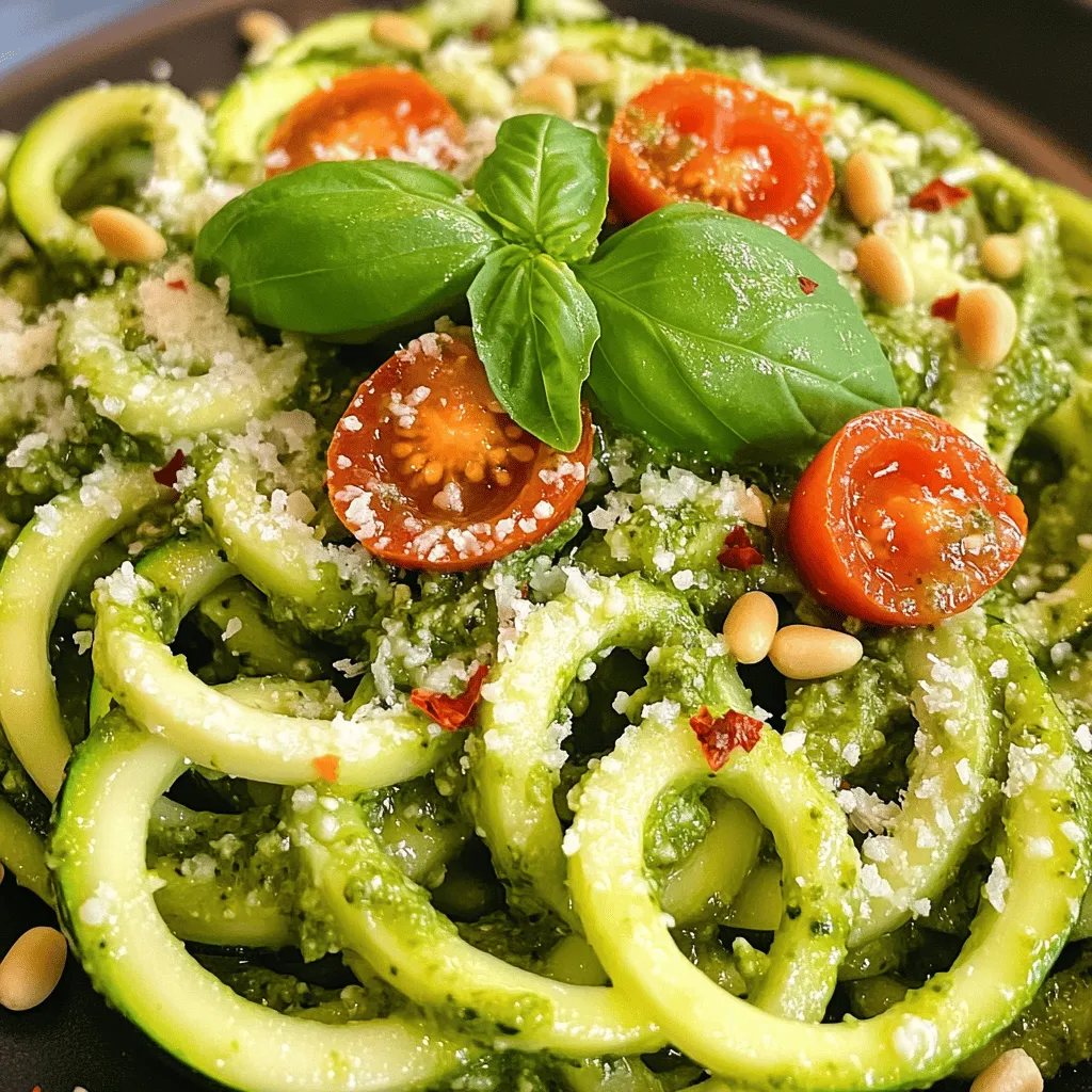 - 4 medium zucchinis, spiralized - 1 cup fresh basil leaves - 1/4 cup pine nuts - 1/2 cup grated Parmesan cheese - 2 garlic cloves, minced - 1/2 cup extra virgin olive oil - Salt and freshly ground black pepper - 1 cup cherry tomatoes, halved - Crushed red pepper flakes To make zucchini noodles with pesto, I focus on fresh and high-quality ingredients. The main star of this dish is zucchini. I use four medium zucchinis, spiralized into long, noodle-like shapes. This gives a fun and healthy twist to traditional pasta. Next, I add a cup of fresh basil leaves. Basil brings a bright, aromatic flavor that pairs perfectly with the zucchini. I also include a quarter cup of pine nuts. Lightly toasting them enhances their flavor and adds a nice crunch. In addition to these main ingredients, I mix in half a cup of grated Parmesan cheese. This cheese adds richness and depth to the dish. Two minced garlic cloves bring a bold kick, while half a cup of extra virgin olive oil adds smoothness and helps blend everything together. For those who want to customize their dish, I suggest using salt and freshly ground black pepper to taste. Adding one cup of halved cherry tomatoes gives a pop of color and sweetness. If you like some heat, sprinkle in crushed red pepper flakes for an extra zing. For the full recipe, check the detailed instructions above. - Step 1: Combine basil, pine nuts, Parmesan, and garlic in a food processor. This mix gives your pesto a rich taste. Blend them until they are finely chopped. - Step 2: Add olive oil gradually while blending. Start blending on low speed. Pour in the olive oil slowly. This helps make the pesto creamy. - Step 3: Season with lemon juice, salt, and pepper. Add lemon juice for brightness. Taste your pesto and adjust salt and pepper. Set it aside for later. - Step 1: Heat olive oil in a skillet. Warm a teaspoon of olive oil in your skillet over medium heat. - Step 2: Sauté zucchini noodles for 2-3 minutes. Add the spiralized zucchini to the skillet. Toss gently as they cook. - Step 3: Avoid overcooking for best texture. Cook until they are tender but still firm. Overcooking can make them mushy. - Step 1: Mix sautéed noodles with pesto. Once the noodles are done, turn off the heat. Add the pesto and toss until well mixed. - Step 2: Plate and garnish with tomatoes and optional spice. Divide the noodles onto plates. Top with halved cherry tomatoes and optional red pepper flakes. - Step 3: Serve immediately and enjoy. Present your dish right away for the best taste. Enjoy your fresh and flavorful zucchini noodles with pesto! - Use fresh basil for best flavor. The bright green leaves give a sweet taste. - Try other nuts like walnuts for a twist. They add a different crunch. - Don't overcook zucchini noodles to maintain crunch. Cook them for only 2-3 minutes. - Use a non-stick pan for easier cooking. This keeps the noodles from sticking. - Pair with grilled chicken or shrimp for added protein. This makes the meal heartier. - Serve with crusty bread for a complete meal. It adds great texture and flavor. {{image_4}} You can easily make this dish vegan. Just replace the Parmesan cheese with nutritional yeast. Nutritional yeast gives a cheesy flavor without using dairy. This change keeps the dish creamy and tasty while being plant-based. If you want to mix things up, try using a sun-dried tomato pesto. It adds a rich and tangy twist to your zucchini noodles. This option pairs well with the fresh taste of zucchini and brings a pop of color to your plate. For extra nutrition, consider adding bell peppers or spinach. Both veggies cook quickly and blend well with the zucchini. Bell peppers give a sweet crunch, while spinach adds a mild flavor and boosts your dish’s vitamins. To keep your Zucchini Noodles with Pesto fresh, store them in airtight containers. Place the noodles and pesto separately to maintain their best texture. Store them in the refrigerator for up to three days. This method helps keep the flavors bright and the noodles crisp. When it's time to eat your leftovers, sauté them quickly. Heat a pan over medium heat, add a bit of olive oil, and toss in the noodles. Cook for just two minutes, stirring often. This method warms the dish without making the noodles mushy. You want them to stay tender-crisp. You can freeze the pesto but not the zucchini noodles. Pesto freezes well in ice cube trays for easy use later. Once frozen, transfer the cubes to a zip-top bag. When you're ready to use it, just thaw the pesto in the fridge overnight. Enjoy your fresh zucchini noodles the same day you make them for the best taste! To make zucchini noodles, you need a spiralizer. Here’s how to spiralize zucchini: 1. Choose Fresh Zucchini: Pick firm, medium-sized zucchinis. 2. Wash and Trim: Wash them well, then cut off the ends. 3. Spiralize: Secure each zucchini in the spiralizer and twist. This creates long, noodle-like strands. These noodles cook quickly and can be used in many dishes. Yes, you can make pesto ahead of time. Here are tips for preparing and storing it: - Make Ahead: Prepare the pesto and store it in an airtight container. - Cover with Oil: Drizzle a thin layer of olive oil on top before sealing. This helps keep it fresh. - Storage: Keep it in the fridge for up to a week. For longer storage, freeze it in ice cube trays. You can pair zucchini noodles with many tasty proteins and sides: - Proteins: Grilled chicken, shrimp, or tofu work well. - Side Dishes: Serve with a light salad or roasted veggies for a complete meal. Feel free to mix and match to find your perfect combo! For the full recipe, check out the link above. Zucchini noodles with pesto make a fresh and tasty meal. We covered the main ingredients, like zucchini, basil, and pine nuts. I shared steps for making pesto, cooking the noodles, and combining them. Tips for perfecting your dish, storage, and variations help you customize your meal. With these insights, you can create a delicious dish that’s healthy and enjoyable. Experiment with ingredients to find your favorite flavor. Enjoy your cooking adventure!