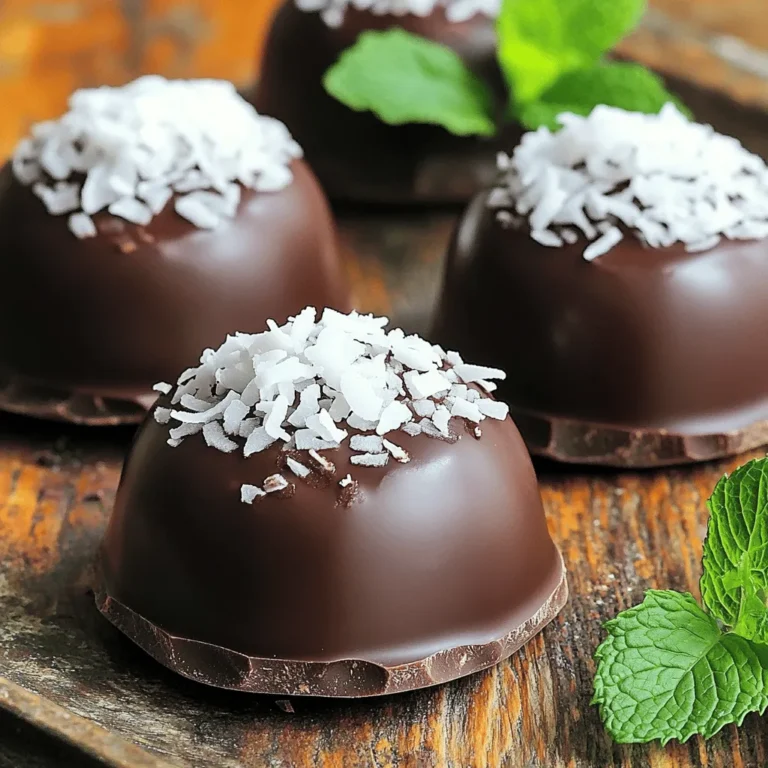 To create a delicious Coconut Chocolate Dome, you need the following ingredients: - 1 cup coconut cream - 1/2 cup granulated sugar - 1/2 cup unsweetened cocoa powder - 1/2 cup dark chocolate, finely chopped - 1/4 cup shredded coconut - 1 teaspoon pure vanilla extract - Pinch of salt - 1 tablespoon coconut oil - 1/4 cup milk chocolate, for coating - Fresh mint leaves, for garnish (optional) If you want to change the flavor or texture, here are some options: - Use almond milk instead of coconut cream for a nutty twist. - Try maple syrup in place of granulated sugar for a natural sweetener. - Use white chocolate instead of milk chocolate for a sweeter finish. - Add crushed nuts for extra crunch and flavor. The quality of your ingredients can make a big difference. Fresh coconut cream gives a rich flavor that can’t be replaced. High-quality cocoa powder adds depth and richness. Using good dark chocolate boosts the overall taste. When you choose the best ingredients, your Coconut Chocolate Dome turns out more delicious. It’s all about what you put in. Always aim for the best! Making the coconut chocolate dome is fun and simple. You will mix coconut cream, sugar, and cocoa, then freeze it. After that, you dip them in melted chocolate for a tasty finish. 1. Combine the base: In a medium saucepan, mix together the coconut cream, granulated sugar, cocoa powder, and salt. Stir while heating over medium heat until it is smooth. 2. Add chocolate: Take the pan off the heat. Stir in dark chocolate, shredded coconut, and vanilla. Keep stirring until the chocolate melts. 3. Cool and mold: Let the mixture cool for 10-15 minutes. Pour it into dome-shaped silicone molds, filling them just below the top. 4. Freeze: Place the molds in the freezer for about 4-5 hours, or until firm. 5. Unmold: Carefully take the domes out of the molds. If they stick, warm the outside of the mold with your hands. 6. Melt the coating: In a bowl, mix milk chocolate and coconut oil. Heat in the microwave in 30-second bursts, stirring until smooth. 7. Coat the domes: Dip the tops of each dome into the melted chocolate. Let the extra chocolate drip off. 8. Set the coating: Place the domes on a wire rack to allow the chocolate to harden. 9. Serve: Once set, place the domes on dessert plates. Add shredded coconut or mint leaves for garnish if you like. - Stir continuously to avoid lumps when mixing ingredients. - Make sure the mixture cools slightly before pouring it into the molds. - If the chocolate coating is too thick, add a bit more coconut oil to thin it out. - Keep an eye on the melting chocolate to prevent burning. For more details on the ingredients and preparation, check the Full Recipe. To get a great chocolate coating, use good quality chocolate. I like to melt milk chocolate with a bit of coconut oil. This mix helps keep the chocolate smooth and shiny. Dip each dome into the melted chocolate. Let the excess drip off before placing it on a wire rack. This will help you avoid thick spots. One common mistake is not tempering the chocolate. If you melt chocolate too fast or at high heat, it can seize. Keep the heat low and stir often. Another mistake is overfilling the molds. Fill them just below the rim. This gives enough room for the chocolate coating. Lastly, don’t skip the freezing time. It’s key to getting that perfect dome shape. For a stunning presentation, place each dome on a pretty plate. A sprinkle of shredded coconut on top looks great. You can also add fresh mint leaves for color. These small details elevate the dish. Serve right after you coat them. This keeps the chocolate shiny and fresh. For fun, consider adding a scoop of ice cream on the side. You can find the full recipe for more details. {{image_4}} You can change the taste of your Coconut Chocolate Dome in fun ways. Try adding orange zest for a fruity twist. Just add one teaspoon of zest to the mixture before you pour it into molds. If you like nuts, fold in chopped almonds or hazelnuts. This adds a nice crunch and depth of flavor. You can also switch up the chocolate used. Dark chocolate gives a rich, deep taste. White chocolate, however, adds a creamy sweetness. If you want a sweeter dome, use white chocolate for the top coating. Mix and match to find your favorite flavor balance. Sweetness can be adjusted to suit your taste. If you prefer less sweetness, cut back on the sugar. Start with a 1/4 cup and taste the mixture. You can always add more later. For those who love sweeter desserts, add a bit more sugar or honey. This flexibility makes the Coconut Chocolate Dome perfect for everyone’s taste buds. For the full recipe, check out the detailed instructions provided. Store your Coconut Chocolate Domes in an airtight container. This keeps them fresh and moist. Make sure to layer parchment paper between each dome to prevent sticking. Keep them in the fridge if you plan to eat them within a week. For longer storage, the freezer is best. Coconut Chocolate Domes last about 5 days in the fridge. If you freeze them, they can last up to 3 months. To freeze, wrap each dome tightly in plastic wrap, then place them in a freezer-safe bag. This helps avoid freezer burn. Thaw them in the fridge overnight before serving. You don’t need to reheat these domes. They taste great cold! If you like, you can warm them slightly in the microwave for 10 seconds. Just be careful not to melt the chocolate too much. Serve them cold or at room temperature for the best flavor. For a fun twist, add a scoop of ice cream on the side. Enjoy your delightful Coconut Chocolate Dome! For the full recipe, check the earlier section. The main flavors come from coconut and chocolate. You taste rich dark chocolate and creamy coconut. The vanilla adds warmth, while the pinch of salt enhances the sweetness. Shredded coconut gives a nice texture. Together, these flavors create a delightful treat. Yes, you can make them ahead! These domes freeze well, so you can prepare them a few days in advance. Just store them in an airtight container in the freezer. When ready to serve, let them thaw for a few minutes. This way, you have a tasty dessert ready anytime. To make it vegan, use dark chocolate that contains no milk. Ensure that all other ingredients, like coconut cream and sugar, are also vegan. You can omit the milk chocolate coating or use a dairy-free alternative. This way, you can enjoy the Coconut Chocolate Dome without dairy! For the full recipe, check out the detailed instructions provided earlier. The Coconut Chocolate Dome is a fun dessert. We covered key ingredients, steps, and tips for success. Quality matters for flavor, so choose fresh items. I shared tricks to avoid common mistakes and how to present your dome well. Variations let you mix flavors and adjust sweetness if you want. For storage, follow best practices to keep them fresh. With these insights, you can create a delicious treat. Enjoy making and sharing it with others!