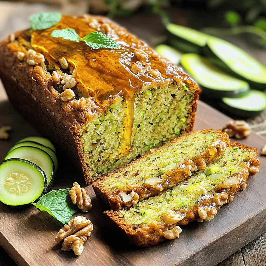 Here is what you need for my best zucchini bread: - 2 medium zucchinis, grated (about 2 cups) - 1 cup all-purpose flour - 1 cup whole wheat flour - 1 teaspoon baking soda - ½ teaspoon baking powder - ½ teaspoon salt - 2 teaspoons ground cinnamon - ½ teaspoon ground nutmeg - ½ cup honey - ½ cup vegetable oil - 2 large eggs - 1 tablespoon vanilla extract - 1 cup chopped walnuts (optional) - ½ cup raisins or chocolate chips (optional) Choosing fresh ingredients is key for great zucchini bread. Here are some tips: - Zucchini: Look for firm, shiny zucchinis. They should be medium-sized, not too large. Large zucchinis have more seeds and less flavor. - Flour: Use good-quality all-purpose flour for a light texture. Whole wheat flour adds extra fiber and a nutty taste. - Honey: Choose pure honey for the best flavor. It gives the bread a nice sweetness. - Spices: Fresh spices make a big difference. Ground cinnamon and nutmeg enhance the flavor and aroma. Adding mix-ins can boost flavor and texture. Here are some popular options: - Walnuts: These add a crunchy texture and healthy fats. They also provide a rich, earthy flavor. - Raisins: They bring natural sweetness and chewiness. You can use golden or regular raisins. - Chocolate Chips: For a sweet twist, mix in semi-sweet or dark chocolate chips. They melt beautifully and create a rich taste. For the full recipe, refer to the details above. Enjoy baking your delicious zucchini bread! Start by gathering all your ingredients. You need two medium zucchinis, all-purpose flour, whole wheat flour, baking soda, baking powder, salt, cinnamon, nutmeg, honey, vegetable oil, eggs, and vanilla extract. You can also add walnuts, raisins, or chocolate chips if you like. 1. Preheat your oven to 350°F (175°C). Grease a 9x5 inch loaf pan or line it with parchment paper. This helps with easy removal later. 2. In a big bowl, mix the grated zucchini, honey, vegetable oil, eggs, and vanilla extract. Whisk these until smooth and mixed well. 3. In another bowl, combine the all-purpose flour, whole wheat flour, baking soda, baking powder, salt, cinnamon, and nutmeg. Whisk until no lumps remain. 4. Slowly fold the dry mix into the wet ingredients. Stir gently. It’s okay if the batter has small lumps. 5. If you want to add walnuts or raisins or chocolate chips, fold them in now. Make sure they spread evenly in the batter. Pour the batter into your prepared loaf pan. Use a spatula to make the top flat. This ensures even baking. 1. Place the loaf pan in the preheated oven. 2. Bake for 50 to 60 minutes. Keep an eye on it as it bakes. To check if the zucchini bread is done, use a toothpick. Insert it into the center of the bread. If it comes out clean, your bread is ready. 1. If it needs more time, bake for another 5 minutes and check again. 2. After baking, let the bread cool in the pan for about 10 minutes. Then, move it to a wire rack to cool completely before slicing. You can follow the Full Recipe for more details on the process. Enjoy your delicious zucchini bread! One common mistake is using wet zucchini. Always squeeze out excess water before grating. This helps your bread rise and keeps it from being too soggy. Another mistake is over-mixing the batter. Mix just enough to combine ingredients. Lumps are okay! Lastly, don’t skip the baking soda or baking powder. They help your bread rise and become fluffy. To get a great texture, use a mix of all-purpose and whole wheat flour. This blend gives a nice balance of lightness and heartiness. Avoid over-baking! Check your bread at the 50-minute mark. You want it moist and tender, not dry. If the top gets too brown, cover it loosely with foil during baking. To enhance the flavor, add spices like nutmeg and cinnamon. These spices warm up your bread's taste. You can also mix in nuts or chocolate chips for extra crunch and sweetness. Try adding a splash of orange juice or zest for a fresh twist. The more you experiment, the more delicious your zucchini bread will be. For the full recipe, check the section above. {{image_4}} You can make your zucchini bread more fun with nuts and fruits. I love adding chopped walnuts. They give a nice crunch and taste. You can also mix in raisins for sweetness. Chocolate chips are a great choice too if you want a treat. Just fold them in gently to the batter so they spread evenly. Feel free to try different nuts or even seeds. Almonds or pecans can work well too. If you want to switch things up, consider using different sweeteners. Honey is great, but you can also use maple syrup. It adds a unique flavor that pairs well with zucchini. If you prefer a lower-calorie option, try using stevia or monk fruit sweetener. These can keep the bread sweet without the extra sugar. Just remember to adjust the amount based on the sweetener you use, as some are sweeter than others. For those who need gluten-free options, you can easily adapt this recipe. Substitute all-purpose flour with a gluten-free flour mix. Many blends work well in baking. You can also use almond flour or coconut flour, but note that they may change the texture. If you use coconut flour, reduce the amount since it absorbs more liquid. Always check that your other ingredients, like baking powder, are gluten-free too. This way, everyone can enjoy your delicious zucchini bread! For the full recipe, be sure to check out the irresistible honey glazed zucchini bread recipe. To keep your zucchini bread fresh, store it in an airtight container. You can also wrap it tightly in plastic wrap. Make sure it cools completely before storing. This step helps prevent sogginess. Place your container in a cool, dry spot. It will stay fresh for about 3 to 5 days at room temperature. If you want to save your zucchini bread for later, freezing is a great option. First, let the bread cool completely. Then, slice it into pieces. Wrap each slice in plastic wrap or aluminum foil. Put the wrapped slices in a freezer bag. This method keeps them fresh for about 2 to 3 months. When ready to enjoy, thaw the slices at room temperature or in the microwave. If your zucchini bread feels dry after storage, don't worry! You can easily revive it. Simply sprinkle a few drops of water on the slices. Then, wrap them in a damp paper towel. Microwave them for about 10 to 15 seconds. This process adds moisture back into the bread. Now, it tastes fresh again! Yes, you can use other flours in this zucchini bread. Try almond flour for a gluten-free option. Coconut flour is another great choice, but use less due to its high absorbency. If you want a lighter texture, cake flour works well too. Just keep in mind that the flavor and texture may change with different flours. Many spices add depth to zucchini bread. Consider using cardamom for a warm, floral note. Ginger adds a nice kick, while allspice brings a hint of sweetness. You can also try adding a bit of cloves for a spicier flavor. Feel free to mix and match spices to create your own unique taste! To check if your zucchini bread is done, insert a toothpick into the center. If it comes out clean, your bread is ready. If it has wet batter on it, bake for a few more minutes. It's okay to have a few crumbs on the toothpick, but no wet batter. This ensures a nice, moist bread without being undercooked. This blog covers all you need for great zucchini bread. You learned about choosing the best ingredients and ways to mix in fun extras. I shared clear steps for preparation and baking, plus tips to avoid common mistakes. You can explore tasty variations, like different sweeteners and nuts. Finally, I provided storage tips to keep your bread fresh. With these skills, you’ll make delicious zucchini bread every time. Enjoy baking, and let your creativity shine!