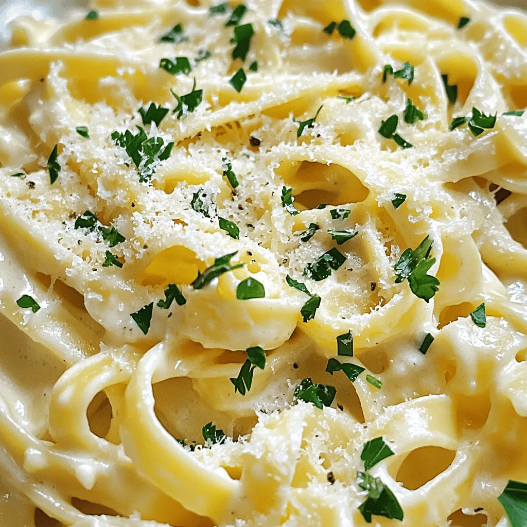 To make a great Fettuccine Alfredo, you will need simple, fresh ingredients. Here’s what you should gather: - 12 oz fettuccine pasta - 4 tablespoons unsalted butter - 3 cloves garlic, minced - 1 cup heavy cream - 1 cup freshly grated Parmesan cheese - 1/2 teaspoon freshly ground black pepper - Salt, to taste - Chopped fresh parsley, for garnish These ingredients create a rich and creamy dish. Each item plays a key role in the flavor. For example, the heavy cream gives the sauce its smoothness, while Parmesan adds a nice cheesy taste. Fresh garlic brings out a warm flavor that shines through. I always recommend using fresh ingredients. Fresh Parmesan cheese melts better and tastes richer than pre-grated options. You can add a pinch of salt to enhance the flavors even more. Now that you have your ingredients ready, you can start making the creamy garlic fettuccine Alfredo. Follow the [Full Recipe] for step-by-step guidance. Enjoy the process and get ready for a delicious meal! To start, fill a large pot with water. Bring the water to a rolling boil over high heat. Once boiling, add a good amount of salt. This helps to flavor the pasta. Next, add 12 oz of fettuccine pasta. Cook it for about 8 to 10 minutes, or until it's al dente. Before draining, reserve 1 cup of the pasta water. After cooking, drain the pasta in a colander, but keep some water on it. Now, let’s sauté the garlic. In the same pot you used for the pasta, lower the heat to medium. Add 4 tablespoons of unsalted butter and let it melt. Once it’s melted, add 3 cloves of minced garlic. Sauté for 1 to 2 minutes. Stir often until the garlic smells nice but doesn’t brown. This step adds a great base flavor. Next, it’s time to create the cream sauce. Carefully pour in 1 cup of heavy cream while stirring. You want to mix it well. Let the mix simmer gently for about 2 to 3 minutes. This helps thicken the sauce a bit. Keep an eye on it, so it doesn’t boil too much. Now, we’ll add the cheese and seasoning. Gradually mix in 1 cup of freshly grated Parmesan cheese. Stir well as you add it. Then, add 1/2 teaspoon of freshly ground black pepper and a pinch of salt. Keep stirring until the cheese melts completely and the sauce becomes smooth and creamy. Time to combine the pasta and sauce! Add the cooked fettuccine to the creamy sauce in the pot. Toss gently to coat the pasta evenly. If the sauce is too thick, use the reserved pasta water. Add it a little at a time until you reach the thickness you like. Finally, taste your fettuccine Alfredo. Adjust the seasoning with more salt or black pepper if needed. Once it’s just right, transfer it to serving plates. Garnish with chopped parsley for a fresh touch. Enjoy your creamy garlic fettuccine Alfredo! For the complete recipe, check out the [Full Recipe]. To make a creamy sauce, start with good cheese. Freshly grated Parmesan melts better than pre-grated cheese. It keeps your sauce smooth and silky. Clumping can ruin your dish, so here are tricks to avoid it: - Stir the cheese in slowly. - Mix it in when the sauce is warm. You can make this dish even better by adding optional ingredients. Try adding cooked chicken or sautéed shrimp for extra protein. You can also use fresh herbs. Basil or parsley brings brightness. A pinch of nutmeg can add warmth and depth, too. Want to save time? You can prepare some parts ahead. Cook the pasta and store it in the fridge. When you're ready to eat, just heat it with the sauce. You can also batch cook and freeze portions for later. This way, you get quick meals anytime. {{image_4}} You can easily make Fettuccine Alfredo vegetarian. I love adding seasonal vegetables. Think about fresh spinach, broccoli, or cherry tomatoes. These veggies add color and taste. Just sauté them with the garlic. This way, they stay crisp and bright. You can also use non-dairy alternatives. Coconut cream or cashew cream works well. They give a nice creamy texture without dairy. Swap the heavy cream for one of these options. Then, add nutritional yeast for a cheesy flavor. This makes your dish vegan-friendly and still delicious. If you want to add protein, grilled chicken is a great choice. It adds a nice flavor and texture. Just slice the chicken and place it on top before serving. You can also stir in shrimp or other seafood. Cook the shrimp until they turn pink and tender. This brings a whole new level to your Fettuccine Alfredo. Fettuccine is classic, but you can explore other pasta types too. Try penne or rigatoni for a fun twist. These shapes hold onto the sauce well. Explore gluten-free pasta options if you need. There are plenty of tasty gluten-free brands out there. They work just as well in this creamy dish. For the full recipe, check out the Creamy Garlic Fettuccine Alfredo. To keep your Fettuccine Alfredo fresh, store it in the fridge. Use an airtight container to prevent air from spoiling the pasta. Make sure to let it cool down before sealing it. If you store it well, it can last up to three days. Reheat your Fettuccine Alfredo carefully. The best way is to use a pot on low heat. Add a splash of milk or cream to keep it creamy. Stir gently as it warms up. This method helps avoid any separation in the sauce. You can also use the microwave, but cover it with a damp paper towel to keep moisture in. If you want to save Fettuccine Alfredo for later, freezing is a good option. Place it in a freezer-safe container or bag. Squeeze out as much air as you can. You can freeze it for up to two months. When ready to eat, thaw it overnight in the fridge. Reheat it on the stove with a bit of cream for the best results. You can use several alternatives to heavy cream. Some great options include: - Milk and butter: Mix half a cup of milk with two tablespoons of melted butter. - Greek yogurt: Use plain Greek yogurt for a creamy, tangy twist. - Coconut milk: This adds a rich flavor with a hint of sweetness. These substitutes keep your dish creamy without heavy cream. Enhancing Fettuccine Alfredo is easy and fun. Here are some ideas: - Fresh herbs: Basil or thyme can add a burst of freshness. - Lemon zest: A bit of zest brightens the dish. - Crushed red pepper: For a spicy kick, add a pinch of red pepper flakes. - Cooked veggies: Spinach, broccoli, or mushrooms can add texture and nutrition. These ingredients let you customize the dish to your taste. Thickening your sauce is simple and effective. Try these methods: - Simmer longer: Let the sauce simmer to reduce and thicken. - Add more cheese: Gradually mix in extra Parmesan for a creamier texture. - Use cornstarch: Mix a teaspoon of cornstarch with water, then stir it into the sauce. These techniques help you reach the perfect sauce consistency. Yes! You can prepare Fettuccine Alfredo ahead of time. Here are some tips: - Cook and cool: Make your pasta and sauce, then cool them before storing. - Store separately: Keep the pasta and sauce in different containers to prevent sogginess. - Reheat gently: Warm the dish on low heat, adding a splash of water if needed. This way, you enjoy a fresh meal with less stress. Fettuccine Alfredo pairs well with many sides. Consider these options: - Garlic bread: Perfect for soaking up that creamy sauce. - Salad: A light green salad adds freshness and crunch. - Roasted vegetables: Carrots, asparagus, or zucchini complement the dish nicely. These sides create a balanced meal that everyone will love. For the full recipe, check out the Creamy Garlic Fettuccine Alfredo section. Fettuccine Alfredo is easy to make with a few key ingredients. You boil the pasta, sauté garlic, and create a creamy sauce with cheese. Mixing it all together creates a satisfying dish. Think about adding fresh herbs or proteins to change it up. You can store leftovers and even freeze portions for later. I hope you feel ready to cook and enjoy this meal. Happy cooking!