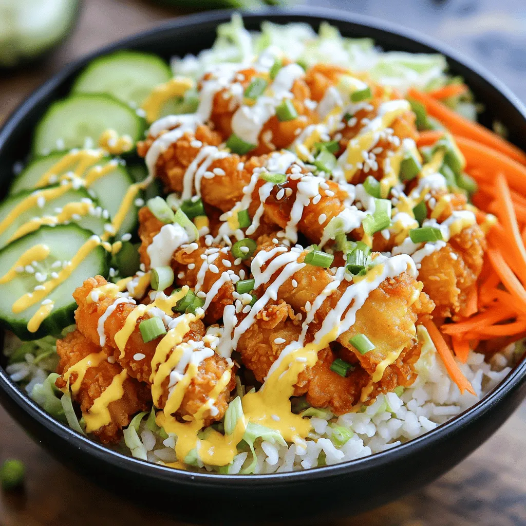 To make a delicious Bang Bang Chicken Bowl, gather these key ingredients: - 2 cups cooked jasmine rice - 1 lb chicken breast, diced into bite-sized pieces - 1/2 cup cornstarch - 1 tablespoon vegetable oil - 1 cup shredded cabbage - 1 carrot, julienned - 1/2 cucumber, thinly sliced - 3 green onions, finely chopped - A sprinkle of sesame seeds for garnish These ingredients combine to create a bowl full of flavor and texture. The jasmine rice forms a soft base for the crispy chicken and fresh veggies. The Bang Bang Sauce is essential for adding a kick to your bowl. You will need: - 1/2 cup mayonnaise - 3 tablespoons sweet chili sauce - 1 tablespoon sriracha (adjust according to desired spice level) - 1 teaspoon fresh lime juice Mix these ingredients well for a creamy and spicy sauce. This sauce is what makes the dish stand out. When choosing fresh vegetables, look for vibrant colors and firmness. Here are some tips: - Choose cabbage that feels crisp and has no brown spots. - Pick carrots that are firm and bright orange. - Select cucumbers that are smooth and without soft spots. - For green onions, look for bright green tops and firm white bases. Fresh vegetables enhance not just taste but also nutrition. They make your Bang Bang Chicken Bowl look appealing and fresh. For the full recipe, check out the complete details. To make the Bang Bang sauce, you need just a few simple steps. First, grab a medium bowl. In the bowl, mix together 1/2 cup of mayonnaise, 3 tablespoons of sweet chili sauce, 1 tablespoon of sriracha, and 1 teaspoon of fresh lime juice. Whisk these ingredients until they blend into a smooth and creamy sauce. This sauce adds the perfect kick to your dish. Set it aside for later. Coating the chicken is key to getting that crispy texture. Start with 1 pound of diced chicken breast. Place it in a mixing bowl. Then, add 1/2 cup of cornstarch to the bowl. Toss the chicken pieces in the cornstarch until they are fully coated. Make sure each piece is covered well. This coating helps the chicken fry up crispy and delicious. Cooking the chicken right can make all the difference. Heat 1 tablespoon of vegetable oil in a large skillet over medium-high heat. Once the oil is hot, add your cornstarch-coated chicken. Cook it for about 6-8 minutes. Turn the chicken occasionally for even cooking. You want it to turn golden brown and reach an internal temperature of 165°F. Once done, remove the skillet from heat and let the chicken cool slightly. Now you're ready to assemble your Bang Bang Chicken Bowls! For the full recipe, check back to the ingredients section. To get crispy chicken, start with cornstarch. Coat the chicken pieces well. Use a generous amount for the best crunch. When cooking, make sure your oil is hot. This helps the chicken fry quickly and form a crispy crust. Don't overcrowd the pan. Cook in batches if needed. This allows steam to escape and keeps the chicken crispy. Always check the internal temperature. It should reach 165°F for safety. For the best flavor, serve your Bang Bang Chicken Bowl warm. Layer your rice first, then add the chicken. Top it with fresh veggies for crunch. Drizzle the Bang Bang sauce generously over the bowl. Add lime wedges on the side for a fresh kick. You can also sprinkle extra sesame seeds for added texture. Fresh herbs like cilantro can brighten up the flavor too. Try serving it with chopsticks for a fun experience! One mistake is not coating the chicken enough. A light dusting won't give you that crispy bite. Another mistake is cooking the chicken at too low a heat. This can lead to soggy chicken. Avoid using too much sauce before serving. It can make the dish soggy. Lastly, don’t skip the veggies. They add color, crunch, and nutrients to your meal. Following these tips will help you create a delicious Bang Bang Chicken Bowl every time! {{image_4}} You can make small changes to the recipe for a healthier meal. First, swap jasmine rice for brown rice or quinoa. These options add fiber and nutrients. You can also use less mayonnaise in the sauce. Try Greek yogurt instead for a lighter twist. If you want a low-carb choice, use cauliflower rice. It gives you that fluffy texture without the carbs. If you want a meatless version, use tofu or tempeh. These options soak up the sauce well and provide protein. You can fry them like the chicken for a nice crunch. Instead of the Bang Bang sauce, make a peanut sauce with peanut butter, soy sauce, and lime. This adds great flavor and keeps it vegan. You can also add more vegetables, like bell peppers or snap peas, for extra crunch. You can serve Bang Bang Chicken Bowls in many fun ways. Try using lettuce cups instead of bowls. This makes for a fresh and crunchy wrap. You can also turn it into a salad. Mix the rice, chicken, and veggies with a bed of greens. Drizzle the sauce on top for a tasty salad. For a fun twist, serve it in a taco shell or over noodles for a fusion meal. For the complete recipe, visit the [Full Recipe]. To keep your Bang Bang Chicken Bowl fresh, place leftovers in an airtight container. Make sure to let the food cool before sealing it. Store it in the fridge for up to three days. Keeping the rice and sauce separate helps maintain the texture and flavor. When you're ready to enjoy your leftovers, reheat them in the microwave. Place the rice and chicken in a microwave-safe bowl. Heat for one to two minutes, stirring halfway through. You can also reheat on the stove over low heat. Add a splash of water or oil to prevent sticking. You can freeze the Bang Bang Chicken Bowl for up to a month. Store each component separately. Use freezer-safe containers or bags to avoid freezer burn. Thaw in the fridge overnight before reheating. This way, you can enjoy a quick meal whenever you want, without losing flavor! Bang Bang Chicken originates from Chinese cuisine. It is a dish that combines crispy chicken with a rich, spicy sauce. The name "Bang Bang" comes from the sound made when the chicken is pounded or "banged." This dish became popular in Western culture thanks to its bold flavors and easy preparation. Many chefs put their own spin on it, making it a favorite in various restaurants. It is now loved worldwide. Yes, you can prepare Bang Bang Chicken Bowl in advance. You can cook the chicken and prepare the sauce a day ahead. Store the chicken in an airtight container in the fridge. Keep the sauce separate until you are ready to serve. Fresh vegetables can also be chopped ahead of time. Just store them in cold water to keep them crisp. When you're ready to eat, simply assemble the bowl for a quick meal. To find the best Bang Bang Chicken Bowl, check out local Asian restaurants. Many places offer their own unique twist on this dish. Look for restaurants that focus on fresh ingredients and high-quality flavors. You can also explore food blogs and online reviews to find top-rated spots. For a fun twist, try making it at home using the Full Recipe. This way, you can customize your bowl to your liking! The Bang Bang Chicken Bowl is a tasty and fun dish to make. We covered the main ingredients, from fresh veggies to the zesty sauce. I shared step-by-step tips for cooking chicken and achieving that perfect crispness. Remember to avoid common mistakes for a better result. Feel free to explore variations and healthier substitutes. Store any leftovers properly to enjoy later. This dish is not only easy to prepare, but it offers plenty of ways to make it your own. Enjoy creating your own delicious twist on this bowl!