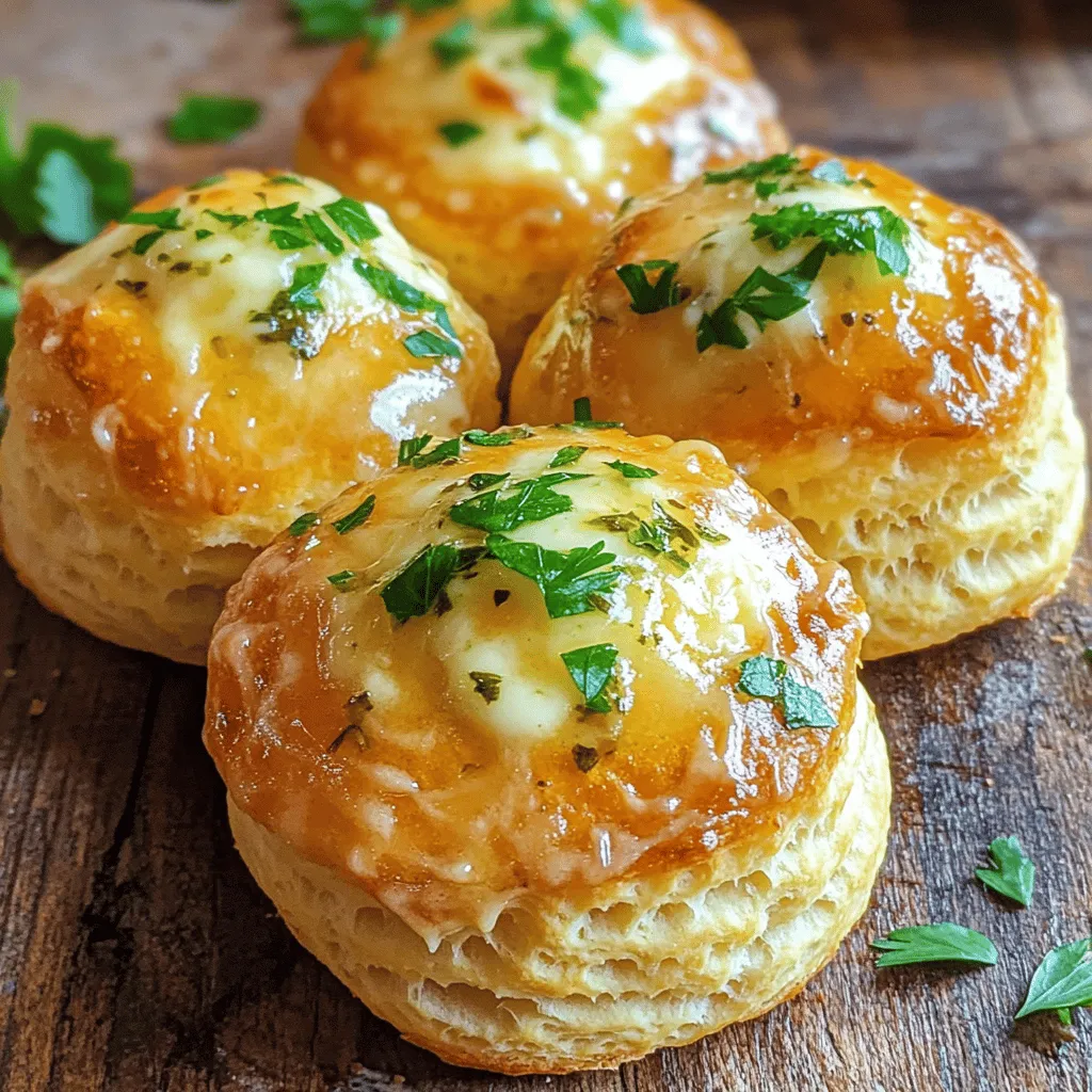- 1 can refrigerated biscuit dough (8 count) - 1 cup shredded mozzarella cheese - 4 tablespoons unsalted butter, melted - 3 cloves garlic, minced - 1 teaspoon dried Italian herbs (oregano, basil, thyme mix) - 1/2 teaspoon garlic powder - 1/4 teaspoon salt These ingredients make the base of your cheese bombs. The biscuit dough gives you a soft, fluffy exterior. The mozzarella cheese inside melts beautifully, creating a gooey center. The garlic and herbs in the butter add a fragrant, savory touch. - 1/4 teaspoon red pepper flakes (optional for a kick) - Fresh parsley, finely chopped (for garnish) Adding red pepper flakes gives your cheese bombs a slight heat. If you want a fresh look, top them with parsley. This adds color and freshness to your dish. You can adjust these ingredients based on your taste. For the full recipe, check the section above. You’ll find all the steps to make these tasty snacks. 1. Preheat your oven to 375°F (190°C). Use parchment paper on your baking sheet. This helps with sticking and cleanup. 2. In a bowl, mix melted butter, minced garlic, dried Italian herbs, garlic powder, red pepper flakes, and salt. Stir until blended well. 1. Open your can of biscuit dough. Gently separate each biscuit. 2. Flatten each biscuit into a small circle in your palm. 3. Add about 1 tablespoon of shredded mozzarella cheese in the center of each circle. 4. Carefully fold the biscuit around the cheese. Pinch the edges to seal completely. 5. Roll each biscuit into a ball shape. Make sure the cheese stays inside. 1. Place each cheese bomb seam side down on the baking sheet. Leave space between them for expansion. 2. Brush the tops with the garlic butter mixture. Use all of it for great flavor. 3. Bake for 12-15 minutes until golden brown. Watch them closely toward the end to avoid burning. 4. After baking, let the cheese bombs cool for a few minutes. This lets the cheese settle and prevents burns. For the full recipe, check the instructions above. Enjoy your delicious Biscuit Garlic Butter Cheese Bombs! - Ensuring even cheese distribution: When you shape the biscuit, keep the cheese centered. This helps the cheese melt evenly and prevents it from leaking out during baking. Use about 1 tablespoon of cheese per biscuit. Too much cheese can cause it to overflow. - Avoiding biscuit overfilling: Make sure to seal the biscuits well. Pinch the edges tight after filling them with cheese. If you overfill, the cheese may escape. This can lead to a mess and lower your snack's appeal. - Presentation ideas and dipping sauces: Serve these cheesy bombs warm on a rustic wooden board. Add a small bowl of marinara sauce for dipping. A sprinkle of extra Italian herbs on top makes it look fancy and appetizing. - Pairing recommendations: These cheese bombs pair well with a nice salad or some garlic bread. You can even serve them with a glass of white wine for a special touch. Enjoy exploring different flavors with each bite! {{image_4}} You can play with flavors in your biscuit garlic butter cheese bombs. Here are some ideas: - Adding different cheeses: Swap mozzarella for cheddar, gouda, or pepper jack. Each cheese brings its own taste and meltiness, making your bombs unique. - Incorporating herbs or spices: Fresh herbs like chives or rosemary add a nice touch. You can also try smoked paprika or cumin for a fun twist. You don’t have to miss out if you follow special diets. Here’s how to adapt the recipe: - Gluten-free adaptations: Use gluten-free biscuit dough. Many brands offer great options that taste just as good. - Vegan adaptations: Replace butter with olive oil or vegan butter. Use dairy-free cheese to keep it plant-based and still delicious. For the full recipe, visit the provided link to explore more culinary delights. To keep your Biscuit Garlic Butter Cheese Bombs fresh, store them in an airtight container. Place a piece of parchment paper between layers if you stack them. This helps avoid sogginess. Store in the fridge for up to three days. If you want to keep them longer, consider freezing them. Wrap each bomb in plastic wrap and then place in a freezer bag. They can last up to three months in the freezer. When you’re ready to enjoy your leftovers, reheating them properly is key. The best method is to use an oven. Preheat it to 350°F (175°C). Place the cheese bombs on a baking sheet and cover them with foil. Heat for about 10-15 minutes, or until warmed through. This method keeps them soft and melts the cheese nicely. You can also use a microwave, but they may get a bit chewy. Heat them for about 20-30 seconds, checking often until warm. Can I use homemade biscuit dough? Yes, you can use homemade biscuit dough. It gives a fresh taste that canned dough might lack. Just make sure your dough is soft and easy to work with. How can I make them spicier? To add spice, mix in more red pepper flakes. You can also add diced jalapeños or spicy cheese. Adjust to your taste for that extra kick. Why did my cheese bombs not rise? If they do not rise, check that your baking powder is fresh. Also, ensure your oven is preheated to the right temperature. If your dough is too cold, it might not rise well. What if my cheese leaks during baking? If cheese leaks, it can happen if you overfill the biscuits. Make sure to seal them tight. If it happens, just use a spatula to scoop up the melted cheese and enjoy with your bombs! These tips will help you create perfect Biscuit Garlic Butter Cheese Bombs every time. For more detailed instructions, check out the Full Recipe! These Biscuit Garlic Butter Cheese Bombs are easy to make and fun to eat. You can mix and shape the dough, fill it with gooey cheese, and seal it tight. Don't forget the garlic butter for that extra flavor! You can also try different cheeses or add herbs for a twist. Remember, proper storage keeps them fresh, and reheating is simple. These tips will help you avoid common mistakes. Get creative and enjoy every bite of this cheesy delight. Now it’s your turn to make these amazing snack bombs!