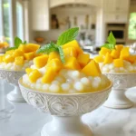 To make Mango Sago Dessert Pudding, gather these simple ingredients: - Ripe mango - diced into small cubes - Small tapioca pearls (sago) - 1 cup - Coconut milk - 1 can (400ml) - Sugar - 1/2 cup (or to taste) - Salt - 1/4 teaspoon - Water - 1 cup - Pure vanilla extract - 1/2 teaspoon - Extras for garnish - mango slices and fresh mint leaves Each ingredient plays a key role in the final taste. The ripe mango gives a sweet and fruity flavor. The small tapioca pearls offer a unique chewy texture. Coconut milk adds richness and creaminess, making each bite a delight. Adjust the sugar to match your desired sweetness. The salt balances the flavors nicely. Remember, fresh mint leaves not only add color but also a refreshing scent! For the full recipe, check out the details on how to combine these ingredients for the perfect dessert. - Bring 1 cup of water to a boil. - Add 1 cup of small tapioca pearls and cook until they turn translucent. First, you need to cook the sago. Use a medium saucepan and bring the water to a boil. Once boiling, slowly add the tapioca pearls. Stir gently to stop them from sticking. Cook the pearls for about 15 to 20 minutes. You want them to look clear and feel a bit chewy. After cooking, drain the sago using a fine mesh strainer. Then rinse them under cold water to stop the cooking process. This step is key to getting the right texture. - Combine 1 can of coconut milk, 1/2 cup sugar, and 1/4 teaspoon salt. - Heat gently while stirring until the sugar dissolves. Next, prepare the coconut milk mixture. In the same saucepan, pour in the coconut milk. Add the sugar and salt. Heat the mixture on low to medium heat. Stir it often until the sugar fully dissolves. Be careful not to let it boil. This will keep the coconut milk smooth and creamy. - Fold in the cooked sago and 1/2 teaspoon pure vanilla extract. - Simmer to blend flavors. Now, mix in the cooked sago. Gently fold it into the coconut milk mixture. Add the vanilla extract for extra flavor. Let it simmer on low heat for about 5 minutes. This helps all the flavors blend well. - Mix in diced mango and reserve some for garnish. - Gently combine to preserve fruit texture. It’s time to add the mango. Remove the saucepan from heat and mix in the diced mango. Make sure to save a few pieces for later. Stir gently so you keep the mango cubes intact. This way, you get nice bites of fruit in every spoonful. - Transfer to dessert bowls and cover. - Refrigerate for at least 2 hours. After mixing, transfer the pudding into dessert bowls. Cover them with plastic wrap to keep them fresh. Place them in the fridge for at least 2 hours. This lets the pudding cool and set up nicely. - Garnish with reserved mango and mint leaves. - Suggested presentation tips. When you are ready to serve, take the pudding out of the fridge. Garnish each bowl with the reserved mango pieces. Add a sprig of fresh mint for a nice touch. For a great look, use clear glass bowls. This way, everyone can see the beautiful layers of mango and sago. You can even drizzle a bit of coconut milk on top just before serving for an extra treat. For the full recipe, check out the Mango Sago Bliss Pudding details. To get the best texture for your sago, cook it just right. The optimal cooking time is 15-20 minutes. Keep stirring gently to avoid sticking. You want the pearls to be clear with a slight chewiness. After cooking, rinse the sago under cold water. This stops the cooking and removes extra starch. It helps each pearl stay separate and tender. You can boost flavor with extra fruits or extracts. Try adding diced kiwi, strawberries, or even a splash of lime juice. These can add a zesty twist. Adjust the sweetness to your liking, too. Start with half a cup of sugar and taste. Add more if you want it sweeter. Always remember, you can always add, but you can't take away. How you serve makes a big difference. Use clear glass bowls to show off those beautiful layers. You can drizzle some coconut milk on top just before serving. This gives a nice gloss. For special occasions, add a sprig of mint on each bowl. It not only looks great but also adds a fresh scent. Use these tips to make your dessert look extra special. {{image_4}} You can use many fruits in this dessert. Instead of mango, try ripe bananas or sweet pineapples. Both fruits add a nice taste and texture. You can also create a fruit medley. Mix mango with lychee or kiwi for a fun twist. The sweetness of these fruits pairs well with coconut and sago. If you want a vegan dessert, it’s easy! Ensure your coconut milk has no added dairy. You can find many brands that offer pure coconut milk. For a creamy touch, use cashew cream or almond milk as a substitute. Both options are dairy-free and taste great. You can also use coconut whipped cream as a garnish for a vegan-friendly touch. You can blend sago with different flavors for fun. Try adding a splash of lime juice for zing. Or mix in some matcha powder for a unique taste. These flavor combinations give your dessert a new twist. For an exotic touch, add a hint of pandan or rose water. Enjoy experimenting with these fun ideas to make your dessert special! To keep your Mango Sago Dessert Pudding fresh, store it in the fridge. Use airtight containers to avoid moisture loss. Plastic or glass containers work best. Make sure to cover the pudding tightly to keep it from soaking up other smells. You can keep this dessert in the fridge for up to three days. Check for signs of spoilage before eating. If you see any changes in color or smell a sour odor, it’s time to toss it. A good pudding should look bright and smell sweet. Freezing this pudding is possible but may change its texture. To freeze, pour the pudding into a freezer-safe container. Leave some space at the top for expansion. When you’re ready to eat, thaw it in the fridge overnight. Avoid microwaving to thaw, as it can make the pudding soggy. Serve chilled after thawing for the best taste. For the full recipe, check out the earlier sections and enjoy your delightful treat! Mango Sago Dessert Pudding is a sweet and creamy treat. It blends ripe mango, sago, and coconut milk. This dish comes from Southeast Asia, often enjoyed in summer. The bright mango flavor pairs well with chewy sago. It is a favorite in many Asian cultures, known for its refreshing taste. Yes, you can prepare Mango Sago Dessert Pudding a day ahead. Just follow the Full Recipe and chill it. This way, the flavors have time to mix. Make sure to store it in the fridge. It will stay fresh and tasty until you serve it. You can tell sago is cooked when it is translucent. It should feel slightly chewy but not hard. Stir the pearls while cooking to avoid sticking. After 15-20 minutes, taste a pearl to check the texture. If it is soft and clear, it is ready! Yes, you can use almond milk or soy milk instead. Both options will change the flavor slightly. Almond milk is lighter, while soy milk is creamier. If you want a richer taste, use heavy cream. Be aware that this may affect the final texture. Yes, Mango Sago Dessert Pudding is naturally gluten-free. The main ingredients, sago and coconut milk, do not contain gluten. Always check labels on store-bought coconut milk for cross-contamination. This dessert is perfect for those on gluten-free diets! This blog post provided a detailed guide to making Mango Sago Dessert Pudding. You learned about the key ingredients, the step-by-step cooking process, and tips to enhance flavor and presentation. Remember, you can customize this dessert with different fruits or flavors. Proper storage helps maintain freshness, too. While this dish is easy to prepare, it offers joy and tradition in every bite. Enjoy creating your perfect Mango Sago, and delight your friends and family!