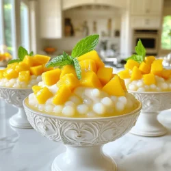 To make Mango Sago Dessert Pudding, gather these simple ingredients: - Ripe mango - diced into small cubes - Small tapioca pearls (sago) - 1 cup - Coconut milk - 1 can (400ml) - Sugar - 1/2 cup (or to taste) - Salt - 1/4 teaspoon - Water - 1 cup - Pure vanilla extract - 1/2 teaspoon - Extras for garnish - mango slices and fresh mint leaves Each ingredient plays a key role in the final taste. The ripe mango gives a sweet and fruity flavor. The small tapioca pearls offer a unique chewy texture. Coconut milk adds richness and creaminess, making each bite a delight. Adjust the sugar to match your desired sweetness. The salt balances the flavors nicely. Remember, fresh mint leaves not only add color but also a refreshing scent! For the full recipe, check out the details on how to combine these ingredients for the perfect dessert. - Bring 1 cup of water to a boil. - Add 1 cup of small tapioca pearls and cook until they turn translucent. First, you need to cook the sago. Use a medium saucepan and bring the water to a boil. Once boiling, slowly add the tapioca pearls. Stir gently to stop them from sticking. Cook the pearls for about 15 to 20 minutes. You want them to look clear and feel a bit chewy. After cooking, drain the sago using a fine mesh strainer. Then rinse them under cold water to stop the cooking process. This step is key to getting the right texture. - Combine 1 can of coconut milk, 1/2 cup sugar, and 1/4 teaspoon salt. - Heat gently while stirring until the sugar dissolves. Next, prepare the coconut milk mixture. In the same saucepan, pour in the coconut milk. Add the sugar and salt. Heat the mixture on low to medium heat. Stir it often until the sugar fully dissolves. Be careful not to let it boil. This will keep the coconut milk smooth and creamy. - Fold in the cooked sago and 1/2 teaspoon pure vanilla extract. - Simmer to blend flavors. Now, mix in the cooked sago. Gently fold it into the coconut milk mixture. Add the vanilla extract for extra flavor. Let it simmer on low heat for about 5 minutes. This helps all the flavors blend well. - Mix in diced mango and reserve some for garnish. - Gently combine to preserve fruit texture. It’s time to add the mango. Remove the saucepan from heat and mix in the diced mango. Make sure to save a few pieces for later. Stir gently so you keep the mango cubes intact. This way, you get nice bites of fruit in every spoonful. - Transfer to dessert bowls and cover. - Refrigerate for at least 2 hours. After mixing, transfer the pudding into dessert bowls. Cover them with plastic wrap to keep them fresh. Place them in the fridge for at least 2 hours. This lets the pudding cool and set up nicely. - Garnish with reserved mango and mint leaves. - Suggested presentation tips. When you are ready to serve, take the pudding out of the fridge. Garnish each bowl with the reserved mango pieces. Add a sprig of fresh mint for a nice touch. For a great look, use clear glass bowls. This way, everyone can see the beautiful layers of mango and sago. You can even drizzle a bit of coconut milk on top just before serving for an extra treat. For the full recipe, check out the Mango Sago Bliss Pudding details. To get the best texture for your sago, cook it just right. The optimal cooking time is 15-20 minutes. Keep stirring gently to avoid sticking. You want the pearls to be clear with a slight chewiness. After cooking, rinse the sago under cold water. This stops the cooking and removes extra starch. It helps each pearl stay separate and tender. You can boost flavor with extra fruits or extracts. Try adding diced kiwi, strawberries, or even a splash of lime juice. These can add a zesty twist. Adjust the sweetness to your liking, too. Start with half a cup of sugar and taste. Add more if you want it sweeter. Always remember, you can always add, but you can't take away. How you serve makes a big difference. Use clear glass bowls to show off those beautiful layers. You can drizzle some coconut milk on top just before serving. This gives a nice gloss. For special occasions, add a sprig of mint on each bowl. It not only looks great but also adds a fresh scent. Use these tips to make your dessert look extra special. {{image_4}} You can use many fruits in this dessert. Instead of mango, try ripe bananas or sweet pineapples. Both fruits add a nice taste and texture. You can also create a fruit medley. Mix mango with lychee or kiwi for a fun twist. The sweetness of these fruits pairs well with coconut and sago. If you want a vegan dessert, it’s easy! Ensure your coconut milk has no added dairy. You can find many brands that offer pure coconut milk. For a creamy touch, use cashew cream or almond milk as a substitute. Both options are dairy-free and taste great. You can also use coconut whipped cream as a garnish for a vegan-friendly touch. You can blend sago with different flavors for fun. Try adding a splash of lime juice for zing. Or mix in some matcha powder for a unique taste. These flavor combinations give your dessert a new twist. For an exotic touch, add a hint of pandan or rose water. Enjoy experimenting with these fun ideas to make your dessert special! To keep your Mango Sago Dessert Pudding fresh, store it in the fridge. Use airtight containers to avoid moisture loss. Plastic or glass containers work best. Make sure to cover the pudding tightly to keep it from soaking up other smells. You can keep this dessert in the fridge for up to three days. Check for signs of spoilage before eating. If you see any changes in color or smell a sour odor, it’s time to toss it. A good pudding should look bright and smell sweet. Freezing this pudding is possible but may change its texture. To freeze, pour the pudding into a freezer-safe container. Leave some space at the top for expansion. When you’re ready to eat, thaw it in the fridge overnight. Avoid microwaving to thaw, as it can make the pudding soggy. Serve chilled after thawing for the best taste. For the full recipe, check out the earlier sections and enjoy your delightful treat! Mango Sago Dessert Pudding is a sweet and creamy treat. It blends ripe mango, sago, and coconut milk. This dish comes from Southeast Asia, often enjoyed in summer. The bright mango flavor pairs well with chewy sago. It is a favorite in many Asian cultures, known for its refreshing taste. Yes, you can prepare Mango Sago Dessert Pudding a day ahead. Just follow the Full Recipe and chill it. This way, the flavors have time to mix. Make sure to store it in the fridge. It will stay fresh and tasty until you serve it. You can tell sago is cooked when it is translucent. It should feel slightly chewy but not hard. Stir the pearls while cooking to avoid sticking. After 15-20 minutes, taste a pearl to check the texture. If it is soft and clear, it is ready! Yes, you can use almond milk or soy milk instead. Both options will change the flavor slightly. Almond milk is lighter, while soy milk is creamier. If you want a richer taste, use heavy cream. Be aware that this may affect the final texture. Yes, Mango Sago Dessert Pudding is naturally gluten-free. The main ingredients, sago and coconut milk, do not contain gluten. Always check labels on store-bought coconut milk for cross-contamination. This dessert is perfect for those on gluten-free diets! This blog post provided a detailed guide to making Mango Sago Dessert Pudding. You learned about the key ingredients, the step-by-step cooking process, and tips to enhance flavor and presentation. Remember, you can customize this dessert with different fruits or flavors. Proper storage helps maintain freshness, too. While this dish is easy to prepare, it offers joy and tradition in every bite. Enjoy creating your perfect Mango Sago, and delight your friends and family!